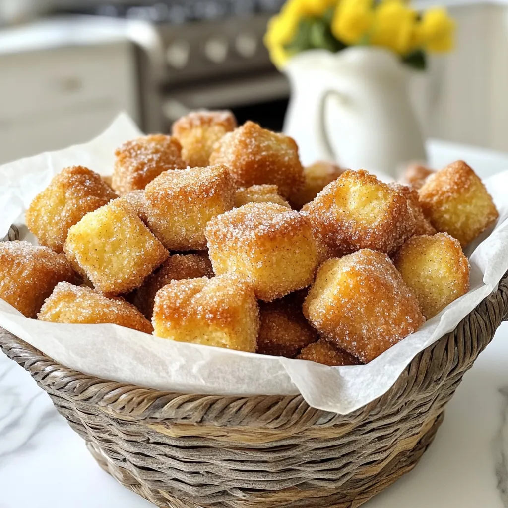 To make your cinnamon sugar pretzel bites, gather these simple ingredients: - 1 ½ cups warm water (110°F - 115°F) - 1 packet (2 ¼ teaspoons) active dry yeast - ¼ cup granulated sugar (plus extra for coating) - 4 cups all-purpose flour - ½ teaspoon salt - ½ cup baking soda - 1 large egg, beaten (for egg wash) - ½ cup unsalted butter, melted - ¾ cup granulated sugar (for coating) - 1 tablespoon ground cinnamon These ingredients are easy to find. Use fresh yeast for the best rise. The warm water is key to activating the yeast. Make sure you measure the flour accurately. Too much flour can make the pretzels tough. The baking soda is vital for that classic pretzel texture. The egg wash gives a nice golden color. The cinnamon sugar mix adds a sweet touch. You can adjust the sugar and cinnamon to your taste. {{ingredient_image_2}} First, grab a large mixing bowl. Pour in 1 ½ cups of warm water. The water should be between 110°F and 115°F. Next, add in one packet of active dry yeast. Stir it gently with a spoon. Let this mixture sit for about 5 minutes. You will see it froth. This frothing shows the yeast is alive and ready to work. Now, it's time to make the dough. Add ¼ cup of granulated sugar to the yeast mix. Stir until it dissolves completely. Gradually mix in 4 cups of all-purpose flour and ½ teaspoon of salt. Use a spoon to stir until a sticky dough forms. Once it starts to come together, turn it out onto a floured surface. Knead the dough for about 5 minutes. You want it to be smooth and elastic. After kneading, place the dough in a greased bowl. Cover it with a kitchen towel. Put it in a warm spot to rise. Let it sit for about 1 hour. You will know it is ready when it doubles in size. Once it has risen, gently punch it down. Turn it out onto a floured surface once more. Cut the dough into 8 equal pieces. Roll each piece into a long rope, about 1 inch thick. Cut this rope into 1-inch segments. You will have bite-sized pretzel nuggets. Next, we need to boil the pretzel bites. In a large pot, bring 10 cups of water to a rolling boil. Mix in ½ cup of baking soda. Carefully drop the pretzel nuggets into the water. Let them cook for about 30 seconds. Use a slotted spoon to remove them. Place the nuggets on a baking sheet lined with parchment paper. Brush the tops with a beaten egg for a golden finish. In a small bowl, mix ¾ cup of granulated sugar with 1 tablespoon of ground cinnamon. Sprinkle this mix generously over the egg-washed tops. Finally, bake the pretzel bites in a preheated oven at 425°F for 12-15 minutes. They should look beautifully golden brown when done. Kneading is key to great pretzel bites. It helps develop gluten, making the dough smooth and elastic. Knead until the dough feels soft and holds its shape. You know the dough is ready to rise when it doubles in size during the first rise. This usually takes about an hour in a warm spot. After baking, brush the warm pretzel bites with melted butter. This adds a rich flavor and helps the cinnamon sugar stick. For the cinnamon sugar, mix ¾ cup of granulated sugar with 1 tablespoon of ground cinnamon. Sprinkle it on top right after baking for the best taste. Serve the warm pretzel bites in a rustic basket lined with parchment paper. This makes a lovely display. You can pair them with cream cheese frosting or a drizzle of vanilla glaze for a fun dipping option. Pro Tips Proof Your Yeast: Make sure your water is between 110°F and 115°F to properly activate the yeast. Too hot can kill the yeast, while too cold won't activate it. Perfectly Shaped Bites: For uniform pretzel bites, use a kitchen scale to weigh each piece of dough before rolling it into ropes and cutting it. This ensures even baking. Chill Before Baking: If you want a chewier texture, refrigerate the shaped pretzel bites for 30 minutes before boiling them in the baking soda solution. Experiment with Flavors: Feel free to add different spices or toppings, such as sea salt, garlic powder, or even a sprinkle of cheese before baking for a savory twist! {{image_4}} If you want to make gluten-free cinnamon sugar pretzel bites, you need to change a few ingredients. - Use 2 cups of gluten-free all-purpose flour instead of regular flour. - Add 1 teaspoon of xanthan gum to help with texture. Xanthan gum helps mimic the elasticity that gluten provides. This change will keep your pretzels soft and chewy. For a vegan twist, you can swap some ingredients easily. - Instead of the egg wash, use a mixture of 1 tablespoon of flaxseed meal and 2.5 tablespoons of water. Let it sit for a few minutes to thicken. - Use dairy-free butter, like coconut or almond butter, in place of unsalted butter. These swaps keep your pretzel bites delicious while meeting vegan needs. You can get creative with the flavors in your pretzel bites. - Try adding nutmeg or cardamom to the cinnamon sugar mix for a warm twist. - For a savory option, sprinkle garlic powder or cheese on top before baking. These variations will keep your cinnamon sugar pretzel bites exciting and tasty. To keep your pretzel bites fresh, let them cool completely. This helps prevent sogginess. Place them in an airtight container. You can also use a resealable plastic bag. Store them at room temperature. They will stay good for up to three days. If you want to save some pretzel bites for later, you can freeze them. First, let them cool completely. Then, place them in a single layer on a baking sheet. Freeze them for about an hour. After that, transfer the frozen bites to a freezer-safe bag or container. They can last up to three months in the freezer. When you are ready to eat them, take them out and thaw them in the fridge. For reheating, place the bites on a baking sheet. Heat them in a preheated oven at 350°F (175°C) for about 10 minutes. This will make them warm and a bit crispy again. Enjoy your tasty treat! You can use instant yeast as a great substitute. Instant yeast works faster than active dry yeast. Use the same amount, 2 ¼ teaspoons, for your dough. Just mix it directly with your dry ingredients. There’s no need to activate it in water first. This makes your prep time shorter and easier. Yes, you can prepare these bites ahead of time! Make the dough and let it rise. After the first rise, shape the dough into pretzel bites. Then, cover them tightly and store in the fridge for up to 24 hours. When you are ready to bake, take them out and let them come to room temperature. Boil and bake them as normal. Local bakeries often have amazing cinnamon sugar pretzel bites. Check out artisanal bakeries in your area. They may have unique twists on this classic. If you’re looking for brands, try your local grocery store’s bakery section. Many stores bake their own pretzel bites! Making cinnamon sugar pretzel bites is fun and rewarding. We covered key ingredients, steps, and tips to help you succeed. Activating the yeast is crucial for fluffy bites. Proper kneading and shaping create the right texture. Boiling in baking soda water adds that classic taste, while cinnamon sugar elevates each bite. Feel free to customize your recipe with gluten-free or vegan options. Store them correctly to keep them fresh. With these tricks, you'll impress friends and family. Dive into the process, and enjoy every bite!