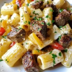 - 1 lb steak tips (sirloin or ribeye) - 8 oz rigatoni pasta - 1 tablespoon Cajun seasoning - 3 cloves garlic, minced - 1 red bell pepper, sliced - Fresh parsley, chopped In this recipe, you need some key items to make Cajun Steak Tip Rigatoni. First, the steak tips are the star. You can use either sirloin or ribeye. They give the dish great flavor and texture. The rigatoni pasta adds a fun twist. Its shape holds the sauce well, making every bite tasty. Next, we have the Cajun seasoning. This spice blend adds heat and depth. It makes the steak exciting. Garlic is also important. Its smell fills the kitchen and adds richness to the dish. For veggies, we use a sliced red bell pepper. It adds color and a sweet crunch. Fresh parsley is perfect for garnish. It gives a fresh look and taste to the dish. All these ingredients come together to create a wonderful meal. {{ingredient_image_2}} Coat the steak tips with Cajun seasoning. Use one tablespoon of the seasoning. Place the steak tips in a bowl. Sprinkle the seasoning over the steak. Toss the steak tips until they are all covered. This adds a rich flavor that makes the dish pop. Boil and drain the rigatoni pasta. Fill a large pot with water. Add a pinch of salt to the pot. Bring the water to a boil. Once boiling, add eight ounces of rigatoni pasta. Cook it until al dente according to the package directions. Once done, drain the pasta but keep a little water for later. Brown the steak tips in a skillet. Heat one tablespoon of olive oil in a large skillet. Once the oil is hot, add the seasoned steak tips. Make sure the tips are in a single layer. Sear them for about four to five minutes. Turn them occasionally until they are brown on each side. Remove the steak and set it on a plate. Cook the bell peppers and onions. In the same skillet, add another tablespoon of olive oil. Add the sliced red and green bell peppers and the onion to the skillet. Sauté them for about five minutes. Stir often until the veggies are tender. Add three cloves of minced garlic and sauté for one more minute. Be careful not to burn the garlic, as it can taste bitter. Merge heavy cream and Parmesan cheese. Lower the heat to medium-low. Pour in one cup of heavy cream into the skillet. Stir the mix well and let it simmer for three to four minutes. This will help the sauce thicken a bit. Gradually whisk in one cup of freshly grated Parmesan cheese. Keep stirring until the cheese melts and blends into the sauce. If the sauce is too thick, add a splash of the reserved pasta water. Mix pasta, steak, and sauce together. Add the seared steak tips back into the skillet. Then, add the drained rigatoni pasta. Gently toss everything together. Make sure the pasta is well coated with the sauce and the steak is evenly spread out. Taste and adjust the seasoning with salt and black pepper if needed. To get a great sear, heat your skillet first. Use medium-high heat. Add 1 tablespoon of olive oil. Sear the steak tips for about 4-5 minutes. Make sure to turn them for even browning. The steak should be brown on all sides. If you want medium-rare, check for an internal temp of 135°F. For medium, aim for 145°F. The sauce needs to be creamy but not too thick. If it seems thick, add a splash of pasta water. This water has starches that help. Start with just a little, then mix well. Keep adding until you reach your desired thickness. Remember, it's easier to add than to take away! Want to amp up the flavor? Consider adding smoked paprika or cayenne for more heat. Fresh herbs like thyme or basil can add a nice touch. A squeeze of lemon juice can brighten up the dish. You can also try adding a splash of Worcestershire sauce for a deeper flavor. Pro Tips Choose the Right Cut: For the best flavor and tenderness, select high-quality steak tips like sirloin or ribeye, which are perfect for searing. Don't Overcook the Pasta: Ensure you cook the rigatoni until just al dente, as it will continue to cook slightly when mixed with the sauce. Customize the Spice Level: Adjust the amount of Cajun seasoning based on your heat preference; feel free to add more for an extra kick! Garnish for Presentation: A sprinkle of freshly chopped parsley not only adds color but also enhances the dish's visual appeal and freshness. {{image_4}} If you want to swap the steak, I suggest using chicken or shrimp. Both options work well with Cajun flavors. For chicken, use bite-sized pieces of boneless breast or thighs. Cook them until golden brown and juicy. For shrimp, choose large, peeled shrimp. Sauté them just until pink and firm. Both options keep the dish light while still tasty. For a hearty vegetarian twist, use mushrooms or tofu instead of steak. Portobello mushrooms add a nice meaty texture. Slice them thick and sauté until they are golden. If you prefer tofu, opt for firm tofu. Press it to remove excess water, then cube it. Sauté until it’s crispy on the outside. Both choices absorb the Cajun spices well, making your dish satisfying. If you need a gluten-free option, look for gluten-free pasta types. Brown rice or chickpea pasta are great choices. They hold up well and offer a nice flavor. Cook them just like regular pasta, following package instructions. This way, everyone can enjoy the meal without worry. To store leftover Cajun Steak Tip Rigatoni, place it in an airtight container. Make sure it is cool before sealing. This helps keep the flavors fresh. Store it in the fridge for up to three days. If you want to keep it longer, consider freezing. For the best taste, reheat on the stove. Place the rigatoni in a skillet. Add a splash of cream or pasta water. Heat over low until warm. Stir frequently to avoid burning. You can also use the microwave. Heat in short bursts, stirring in between. To freeze Cajun Steak Tip Rigatoni, let it cool completely. Place it in a freezer-safe container. Use a freezer bag for easier storage. Remove as much air as possible. It can last for up to three months in the freezer. To thaw, leave it in the fridge overnight. Reheat as mentioned above. It takes about 15 minutes to prep and 15 minutes to cook. So, the total time is 30 minutes. This makes it a quick dinner option on busy nights. Yes, you can prepare some parts in advance. Cook the pasta and store it in the fridge. You can also season the steak and chop the veggies. Just cook everything together when you’re ready to eat. This keeps the flavors fresh. For sides, consider a crisp salad with mixed greens. You can also serve garlic bread for a nice crunch. Roasted vegetables like zucchini or asparagus work great too. These sides balance the rich flavors of the pasta. I covered a simple recipe for Cajun Steak Tip Rigatoni, with key ingredients, step-by-step instructions, and tips for perfect results. You can adjust the dish with different proteins or even make it vegetarian. Proper storage and reheating methods ensure great taste later on. Enjoying this meal can bring lively flavors to your table. Dive in and try making it yourself!