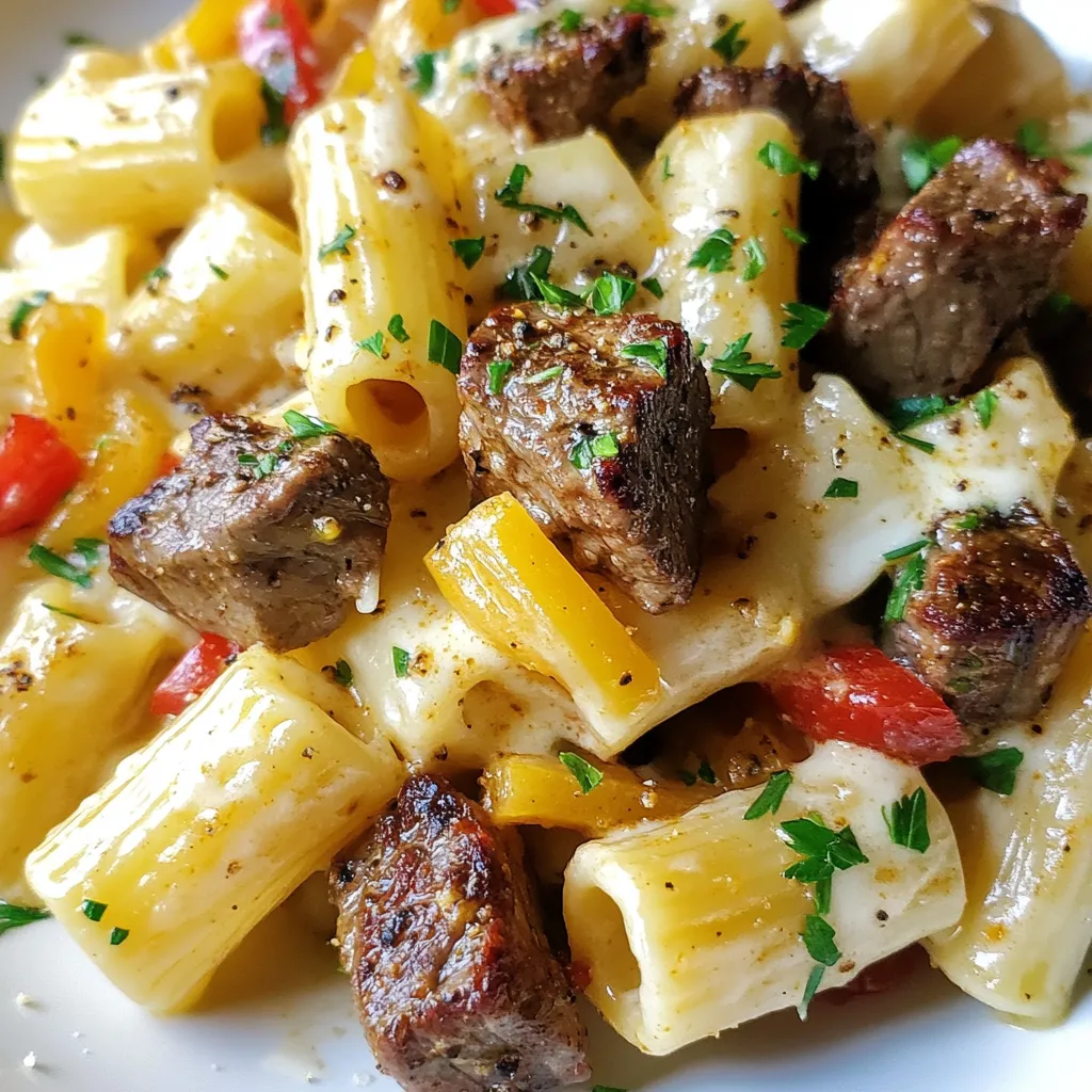 - 1 lb steak tips (sirloin or ribeye) - 8 oz rigatoni pasta - 1 tablespoon Cajun seasoning - 3 cloves garlic, minced - 1 red bell pepper, sliced - Fresh parsley, chopped In this recipe, you need some key items to make Cajun Steak Tip Rigatoni. First, the steak tips are the star. You can use either sirloin or ribeye. They give the dish great flavor and texture. The rigatoni pasta adds a fun twist. Its shape holds the sauce well, making every bite tasty. Next, we have the Cajun seasoning. This spice blend adds heat and depth. It makes the steak exciting. Garlic is also important. Its smell fills the kitchen and adds richness to the dish. For veggies, we use a sliced red bell pepper. It adds color and a sweet crunch. Fresh parsley is perfect for garnish. It gives a fresh look and taste to the dish. All these ingredients come together to create a wonderful meal. {{ingredient_image_2}} Coat the steak tips with Cajun seasoning. Use one tablespoon of the seasoning. Place the steak tips in a bowl. Sprinkle the seasoning over the steak. Toss the steak tips until they are all covered. This adds a rich flavor that makes the dish pop. Boil and drain the rigatoni pasta. Fill a large pot with water. Add a pinch of salt to the pot. Bring the water to a boil. Once boiling, add eight ounces of rigatoni pasta. Cook it until al dente according to the package directions. Once done, drain the pasta but keep a little water for later. Brown the steak tips in a skillet. Heat one tablespoon of olive oil in a large skillet. Once the oil is hot, add the seasoned steak tips. Make sure the tips are in a single layer. Sear them for about four to five minutes. Turn them occasionally until they are brown on each side. Remove the steak and set it on a plate. Cook the bell peppers and onions. In the same skillet, add another tablespoon of olive oil. Add the sliced red and green bell peppers and the onion to the skillet. Sauté them for about five minutes. Stir often until the veggies are tender. Add three cloves of minced garlic and sauté for one more minute. Be careful not to burn the garlic, as it can taste bitter. Merge heavy cream and Parmesan cheese. Lower the heat to medium-low. Pour in one cup of heavy cream into the skillet. Stir the mix well and let it simmer for three to four minutes. This will help the sauce thicken a bit. Gradually whisk in one cup of freshly grated Parmesan cheese. Keep stirring until the cheese melts and blends into the sauce. If the sauce is too thick, add a splash of the reserved pasta water. Mix pasta, steak, and sauce together. Add the seared steak tips back into the skillet. Then, add the drained rigatoni pasta. Gently toss everything together. Make sure the pasta is well coated with the sauce and the steak is evenly spread out. Taste and adjust the seasoning with salt and black pepper if needed. To get a great sear, heat your skillet first. Use medium-high heat. Add 1 tablespoon of olive oil. Sear the steak tips for about 4-5 minutes. Make sure to turn them for even browning. The steak should be brown on all sides. If you want medium-rare, check for an internal temp of 135°F. For medium, aim for 145°F. The sauce needs to be creamy but not too thick. If it seems thick, add a splash of pasta water. This water has starches that help. Start with just a little, then mix well. Keep adding until you reach your desired thickness. Remember, it's easier to add than to take away! Want to amp up the flavor? Consider adding smoked paprika or cayenne for more heat. Fresh herbs like thyme or basil can add a nice touch. A squeeze of lemon juice can brighten up the dish. You can also try adding a splash of Worcestershire sauce for a deeper flavor. Pro Tips Choose the Right Cut: For the best flavor and tenderness, select high-quality steak tips like sirloin or ribeye, which are perfect for searing. Don't Overcook the Pasta: Ensure you cook the rigatoni until just al dente, as it will continue to cook slightly when mixed with the sauce. Customize the Spice Level: Adjust the amount of Cajun seasoning based on your heat preference; feel free to add more for an extra kick! Garnish for Presentation: A sprinkle of freshly chopped parsley not only adds color but also enhances the dish's visual appeal and freshness. {{image_4}} If you want to swap the steak, I suggest using chicken or shrimp. Both options work well with Cajun flavors. For chicken, use bite-sized pieces of boneless breast or thighs. Cook them until golden brown and juicy. For shrimp, choose large, peeled shrimp. Sauté them just until pink and firm. Both options keep the dish light while still tasty. For a hearty vegetarian twist, use mushrooms or tofu instead of steak. Portobello mushrooms add a nice meaty texture. Slice them thick and sauté until they are golden. If you prefer tofu, opt for firm tofu. Press it to remove excess water, then cube it. Sauté until it’s crispy on the outside. Both choices absorb the Cajun spices well, making your dish satisfying. If you need a gluten-free option, look for gluten-free pasta types. Brown rice or chickpea pasta are great choices. They hold up well and offer a nice flavor. Cook them just like regular pasta, following package instructions. This way, everyone can enjoy the meal without worry. To store leftover Cajun Steak Tip Rigatoni, place it in an airtight container. Make sure it is cool before sealing. This helps keep the flavors fresh. Store it in the fridge for up to three days. If you want to keep it longer, consider freezing. For the best taste, reheat on the stove. Place the rigatoni in a skillet. Add a splash of cream or pasta water. Heat over low until warm. Stir frequently to avoid burning. You can also use the microwave. Heat in short bursts, stirring in between. To freeze Cajun Steak Tip Rigatoni, let it cool completely. Place it in a freezer-safe container. Use a freezer bag for easier storage. Remove as much air as possible. It can last for up to three months in the freezer. To thaw, leave it in the fridge overnight. Reheat as mentioned above. It takes about 15 minutes to prep and 15 minutes to cook. So, the total time is 30 minutes. This makes it a quick dinner option on busy nights. Yes, you can prepare some parts in advance. Cook the pasta and store it in the fridge. You can also season the steak and chop the veggies. Just cook everything together when you’re ready to eat. This keeps the flavors fresh. For sides, consider a crisp salad with mixed greens. You can also serve garlic bread for a nice crunch. Roasted vegetables like zucchini or asparagus work great too. These sides balance the rich flavors of the pasta. I covered a simple recipe for Cajun Steak Tip Rigatoni, with key ingredients, step-by-step instructions, and tips for perfect results. You can adjust the dish with different proteins or even make it vegetarian. Proper storage and reheating methods ensure great taste later on. Enjoying this meal can bring lively flavors to your table. Dive in and try making it yourself!
