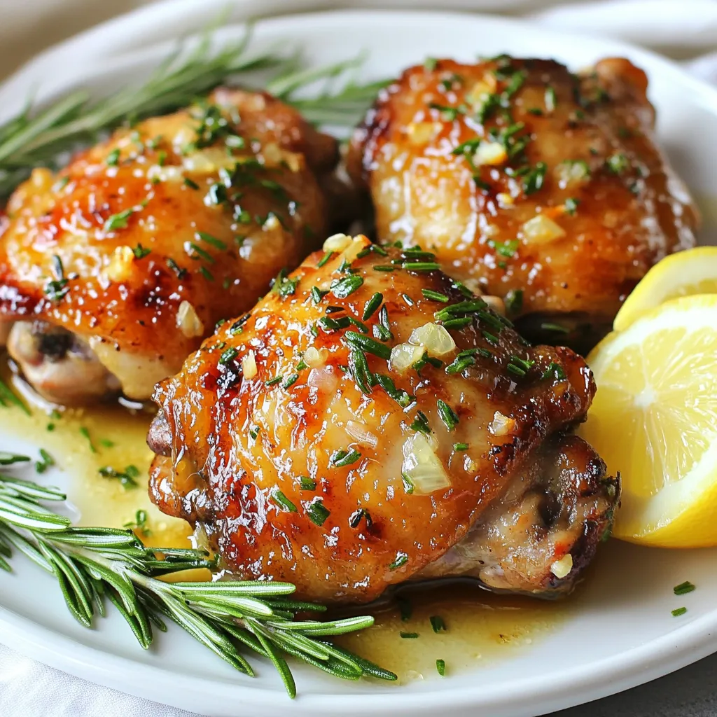 - 4 bone-in, skin-on chicken thighs - 4 tablespoons unsalted butter - 4 cloves garlic, minced - 2 tablespoons fresh rosemary, finely chopped - 1 tablespoon olive oil - Salt and pepper to taste - Fresh lemon wedges (for serving) - Optional: Fresh parsley, chopped, for garnish The main ingredients create a rich and savory flavor. Each one plays a vital role. The chicken thighs give a juicy bite. The unsalted butter adds creaminess. Minced garlic gives a strong aroma. Fresh rosemary brings a lovely herbal note. Olive oil helps with the searing process. For seasoning, salt and pepper are key. They enhance the natural taste of the chicken. Fresh lemon wedges brighten the dish. They add a nice zing when served. If you want, chop some fresh parsley for garnish. It adds color and a touch of freshness. With these simple ingredients, you can create a delicious meal that impresses. {{ingredient_image_2}} - Preheat the oven to 400°F (200°C). - Pat chicken thighs dry and season with salt and pepper. Start by getting your oven nice and hot. This helps the chicken cook well. Take the chicken thighs and dry them with paper towels. This step is crucial because it helps the skin get crispy. After drying, sprinkle salt and pepper on both sides. This simple seasoning adds a lot of flavor. - Melt butter in a skillet and add minced garlic and rosemary. - Sauté until fragrant. Next, grab a medium skillet and melt the butter over medium heat. Once it’s melted and bubbling, toss in the minced garlic and chopped rosemary. Stir it often for 1–2 minutes. You'll know it's ready when it smells amazing. Make sure you don’t let the garlic burn. - Heat olive oil in an oven-safe skillet. - Sear chicken thighs, skin side down, until golden brown. - Flip and sear the other side. Now, take a large oven-safe skillet and heat the olive oil over medium-high heat. Carefully place the chicken thighs in the skillet, skin side down. Let them cook for about 5–6 minutes until they turn a golden brown. Flip the thighs and sear the other side for another 3–4 minutes. This step locks in the juices. - Pour garlic and rosemary butter mixture over the thighs. - Transfer skillet to the oven and roast. Once the chicken is seared, pour that fragrant garlic and rosemary butter over the thighs. Make sure they are well coated. Now, move the skillet to your preheated oven. Roast the chicken for 25–30 minutes. The chicken is done when it reaches 165°F (74°C) inside. - Remove from oven and let chicken rest. - Drizzle with remaining butter and serve. When the chicken is finished roasting, take the skillet out. Let the chicken rest for about 5 minutes. This helps keep it juicy. Drizzle any leftover butter from the skillet over the chicken. Now, it's ready to serve! Enjoy your meal with fresh lemon wedges for a pop of flavor. To make sure your chicken is cooked just right, check the internal temperature. Use a meat thermometer. It should read 165°F (74°C). This temperature means the chicken is safe and juicy. Cooking time can change based on a few factors. The size of your chicken thighs matters. If they are larger, they may need more time. Oven temperature can also affect cooking time. Always keep an eye on your chicken while it cooks. You can add even more flavor to your chicken! Consider using other herbs like thyme or oregano. They pair well with rosemary and garlic. You can also try adding a pinch of red pepper flakes for some heat. To infuse more flavor into the butter mixture, let the garlic and rosemary steep longer. You can even add lemon zest to the butter. This will brighten the dish and make it even tastier. Pro Tips Pat Dry for Crispy Skin: Ensure the chicken thighs are thoroughly dried before seasoning. This helps achieve a crispy skin when searing. Use a Meat Thermometer: To guarantee perfectly cooked chicken, use a meat thermometer to check that the internal temperature reaches 165°F (74°C). Let It Rest: Allow the chicken to rest for at least 5 minutes after roasting. This allows the juices to redistribute, keeping the meat moist and flavorful. Customize Herbs: Feel free to experiment with different herbs such as thyme or oregano for a unique twist on the flavor profile of the dish. {{image_4}} You can switch to boneless chicken thighs for a quicker cook time. Boneless thighs cook faster and stay juicy. They will also absorb flavors well. For a twist, try different herbs. Basil or thyme can give a fresh taste. Oregano works too if you want an Italian flair. Experimenting with herbs can make this dish uniquely yours. Grilling chicken thighs adds a smoky flavor. It’s perfect for warm days. Just marinate in the garlic butter mix first. Grill on medium heat until cooked through. You can also use a slow cooker for easy prep. Just place the chicken in with the butter mixture. Cook on low for 4-6 hours. This method makes the chicken very tender. It also allows the flavors to blend nicely. Both methods give you tasty options! To keep your cooked chicken fresh, store it in an airtight container. Let the chicken cool first. Place it in the fridge within two hours of cooking. This helps prevent bacteria growth. Cooked chicken lasts about three to four days in the fridge. After that, it may not taste as good or be safe to eat. If you want to save chicken for later, freezing is great. Wrap the chicken tightly in plastic wrap or foil. Then, place it in a freezer bag. This keeps out air and helps prevent freezer burn. Properly frozen chicken can last up to three months. When you're ready to eat, thaw your chicken safely. The best way is to move it from the freezer to the fridge overnight. This helps it thaw evenly. You can also thaw it in cold water, changing the water every 30 minutes. Avoid thawing at room temperature, as it can lead to bacteria growth. You can replace the butter with a plant-based alternative. Use vegan butter or olive oil instead. This swap keeps the flavors rich without dairy. Just make sure to check the labels for any hidden dairy ingredients. Yes, you can use chicken breasts. However, thighs offer more flavor and stay moist. If you choose breasts, adjust the cooking time. Cook them until they reach an internal temperature of 165°F (74°C). This will help avoid dryness. Great side dishes include: - Roasted vegetables - Mashed potatoes - Rice pilaf - Steamed green beans - A fresh garden salad These choices balance the rich flavors of the chicken and create a lovely meal. Enjoy experimenting with your favorites! In this blog post, we explored a tasty garlic rosemary butter chicken recipe. You learned about the main ingredients and step-by-step cooking instructions. We also shared tips for perfect cooking and variations for your dish. Remember, you can swap ingredients and use different cooking methods to fit your taste. Storing leftovers is easy, too. With these simple steps, you can make a meal that impresses. Enjoy creating this delicious dish today!