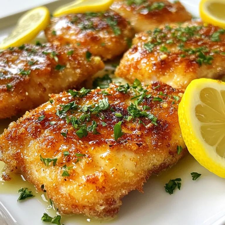 For a delicious Lemon Chicken Romano, gather these main ingredients: - 4 boneless, skinless chicken breasts - 1 cup all-purpose flour - 2 large eggs, beaten - 1 cup grated Romano cheese - 1 cup breadcrumbs (preferably panko) - 1/2 cup fresh lemon juice (about 2 lemons) - Zest of 1 lemon - 1/4 cup fresh parsley, finely chopped - 3 cloves garlic, minced - 1/4 teaspoon red pepper flakes (optional) - Salt and freshly ground black pepper to taste - Olive oil, for frying You can enhance the dish with these optional ingredients: - Fresh thyme or rosemary for an herby taste - Capers for a briny kick - A splash of white wine for depth of flavor To make your Lemon Chicken Romano shine, consider these seasonings and garnishes: - Freshly cracked black pepper and sea salt for balance - Sliced lemons for a fresh, colorful garnish - Extra chopped parsley for vibrant color and taste These ingredients blend together to create a dish that bursts with tangy flavor and crispy texture. Each element plays a crucial role in building the overall taste and presentation of the meal. As you prepare, feel free to mix in your favorite seasonings for a personal touch. {{ingredient_image_2}} To start, take each chicken breast and place it between two sheets of plastic wrap. Using a meat mallet, gently pound each breast until it is 1/2 inch thick. This step helps the chicken cook evenly and stay juicy. Next, set up your breading stations. On one large plate, mix together 1 cup of flour with a pinch of salt and some black pepper. In a separate bowl, beat 2 large eggs until smooth. On another plate, combine 1 cup of breadcrumbs with 1 cup of grated Romano cheese, lemon zest, and more salt and pepper. This mixture will create a tasty crust. Now, it’s time to dredge the chicken. First, take a chicken breast and coat it in the seasoned flour. Shake off any extra flour. Then, dip it into the beaten eggs, letting any excess drip off. Finally, coat the chicken in the breadcrumb mixture, pressing it down firmly to ensure it sticks well. In a large skillet, pour enough olive oil to cover the pan with about 1/4 inch of oil. Heat the oil over medium heat. You’ll know it’s ready when a breadcrumb dropped in sizzles right away. Carefully add the breaded chicken breasts to the hot skillet. If needed, fry in batches to avoid crowding. Cook each piece for about 4-5 minutes on each side, until golden brown. To check if it's done, cut into the thickest part; it should not be pink inside. While the chicken fries, grab a small saucepan. Over low heat, combine 1/2 cup of fresh lemon juice, 3 minced garlic cloves, and a pinch of salt. Stir this mixture slowly until it heats through. Once the chicken is fully cooked, move it to a plate lined with paper towels to absorb extra oil. Drizzle the warm lemon-garlic sauce generously over each piece. For a fresh touch, sprinkle chopped parsley on top. Serve the chicken over sautéed spinach, and add lemon wedges on the side for extra flavor. To get a lovely golden brown crust, follow these steps: - Pound the Chicken: Start with the chicken breasts at an even thickness. This helps them cook well. - Use Panko Breadcrumbs: Panko gives a great crunch. It holds up better than regular breadcrumbs. - Heat the Oil Correctly: Make sure the oil is hot enough. You want it to sizzle when you add the chicken. This seals in the juices and ensures a crispy coating. - Don’t Overcrowd the Pan: Fry in batches. Too much chicken at once can drop the oil temperature, leading to soggy crusts. You can change a few ingredients if needed: - Chicken: Use turkey breast instead of chicken for a twist. - Cheese: Romano is great, but Parmesan works well too. - Breadcrumbs: Try crushed cornflakes if you want a gluten-free option. - Lemon Juice: Fresh is best, but bottled juice works in a pinch. - Herbs: If you don’t have parsley, fresh basil or thyme adds flavor. Chicken thickness matters for cooking time: - Thin Chicken Breasts (1/4 inch): Fry for about 3-4 minutes on each side. - Standard Thickness (1/2 inch): Stick to 4-5 minutes per side, checking for doneness. - Thicker Breasts (3/4 inch): Cook for 6-7 minutes per side. Always check the thickest part of the chicken; it should be white and juicy, not pink. Understanding these tips helps you make the best Lemon Chicken Romano at home! Pro Tips Use Fresh Ingredients: Always opt for fresh lemons and herbs to elevate the flavor of your chicken. Fresh ingredients provide a bright taste that dried versions cannot replicate. Keep the Oil Temperature Consistent: Maintaining the right oil temperature is crucial for a crispy crust. If the oil is too hot, the coating may burn before the chicken cooks through. Let the Chicken Rest: After frying, allow the chicken to rest for a few minutes. This helps retain moisture and ensures a juicy texture throughout. Experiment with Flavors: Feel free to add additional seasonings to the breadcrumb mixture, such as Italian herbs or grated Parmesan cheese, to customize the flavor profile to your liking. {{image_4}} You can boost flavor by adding vegetables. Try sautéed spinach or roasted peppers. They add color and nutrition. You can mix these veggies right in with the chicken during cooking. If you want crunch, add some cherry tomatoes. They burst with juice and flavor. For a richer taste, make a creamy sauce. Mix heavy cream with lemon juice and garlic. Once the chicken is done, pour this sauce over it. The cream balances the tangy lemon. It also adds a smooth texture. Serve this version with pasta for a hearty meal. You don’t have to fry the chicken. Baking is a great option. Preheat your oven to 400°F. Place the breaded chicken on a baking sheet. Spray a little olive oil on top. Bake for about 20-25 minutes. For air frying, set it to 375°F. Cook for 15-20 minutes, flipping halfway. Both methods keep the chicken juicy while cutting down on oil. To keep your Lemon Chicken Romano fresh, let it cool. Place it in an airtight container. Store it in the fridge for up to three days. Make sure it is sealed well to prevent drying out. You can also wrap it tightly in plastic wrap. To reheat, use an oven for best results. Preheat your oven to 350°F (175°C). Place the chicken on a baking sheet. Heat for about 10-15 minutes until warm. You can also microwave it for 1-2 minutes. Keep an eye on it to avoid overcooking. Freezing is a great option if you want to save leftovers. Wrap each piece of chicken in plastic wrap. Then, place them in a freezer-safe bag. Squeeze out as much air as you can. This helps prevent freezer burn. It can last in the freezer for up to three months. To thaw, move it to the fridge overnight. Lemon Chicken Romano is a tasty dish made with breaded chicken breasts. It features a crispy crust of Romano cheese and breadcrumbs. Fresh lemon juice and garlic add bright flavors. This dish is perfect for a family meal or special occasions. Yes, you can use other cheeses if you want. Parmesan works well and gives a nice flavor. Mozzarella can add creaminess but won't be as sharp. Just remember, each cheese will change the taste a bit. Absolutely! Lemon Chicken Romano is great for meal prep. You can cook a batch and store it in the fridge. It stays fresh for up to four days. Just reheat it in the oven or microwave for quick meals. To add heat, use more red pepper flakes in the breadcrumb mix. You can also add hot sauce to the lemon-garlic sauce. Adjust according to your spice level. Enjoy a little kick with every bite! Lemon Chicken Romano pairs well with several sides. Try it with sautéed spinach or a fresh salad. You can also serve it with rice or pasta. A side of lemon wedges enhances the dish's bright flavors. This post covered how to make Lemon Chicken Romano. We discussed the main and optional ingredients. You learned step-by-step instructions for cooking and flavor tips. I shared ways to customize the dish and storage advice. In summary, Lemon Chicken Romano is easy to make and fun to tweak. With the right steps, it turns out tasty every time. Enjoy your cooking and add your twist to this classic dish!