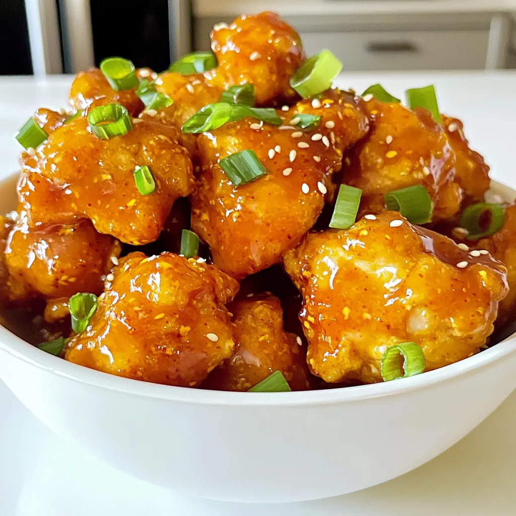 - Chicken - 1 lb (450g) boneless, skinless chicken thighs, cut into bite-sized pieces - Coatings - 1/2 cup all-purpose flour - 1/2 cup cornstarch - 1 teaspoon baking powder - 1 teaspoon salt - 1/2 teaspoon black pepper - 1 teaspoon garlic powder - 1 teaspoon onion powder - 2 large eggs, beaten - Sauce Ingredients - 1/4 cup freshly squeezed orange juice - 1/4 cup honey - Zest of 1 large orange - 1 tablespoon soy sauce - 2 tablespoons sesame oil - 2 green onions, thinly sliced (for garnish) - Sesame seeds (for garnish) The chicken thighs give this dish a juicy base. I love using thighs because they stay tender and full of flavor. The coatings mix together flour, cornstarch, and spices. This creates a crispy layer when cooked. The combination of garlic powder, onion powder, and seasonings adds a nice touch. For the sauce, I use fresh orange juice, honey, and zest. This gives the chicken a sweet and tangy burst. The soy sauce adds depth, while sesame oil brings a nutty flavor. These ingredients work well together, making each bite delightful. You can adjust the seasonings if you want a different taste. This recipe is fun and easy to customize. Mixing dry ingredients Start by grabbing a large mixing bowl. In it, combine 1/2 cup of all-purpose flour, 1/2 cup of cornstarch, 1 teaspoon of baking powder, 1 teaspoon of salt, 1/2 teaspoon of black pepper, 1 teaspoon of garlic powder, and 1 teaspoon of onion powder. Whisk these together well. This mix gives your chicken a fantastic crunch and flavor. Creating the wet mixture In another bowl, beat 2 large eggs until smooth. Then, add 1/4 cup of freshly squeezed orange juice, 1/4 cup of honey, the zest of 1 large orange, 1 tablespoon of soy sauce, and 2 tablespoons of sesame oil. Mix this until everything blends perfectly. The honey should dissolve nicely into the mixture. Dipping in egg mixture Take your chicken thighs, which you cut into bite-sized pieces. Dip each piece into the egg mixture. Let any extra egg drip back into the bowl. This step helps the dry coating stick better. Rolling in flour mixture Next, roll the chicken piece in the dry flour mixture. Press lightly to coat it well. Make sure each piece is covered evenly. Repeat this for all the chicken pieces. Preheating the air fryer Set your air fryer to 400°F (200°C). Preheat it for about 5 minutes. This step is key for getting that crispy texture. Cooking instructions Place the coated chicken pieces in a single layer in the air fryer basket. Avoid overcrowding. Cook for 10-12 minutes. Shake the basket halfway through to help with even cooking. The chicken should turn golden brown and feel crispy when done. Ingredients for the sauce While the chicken cooks, gather your sauce ingredients. You need 1/4 cup of orange juice, 1/4 cup of honey, 1 tablespoon of soy sauce, and 2 tablespoons of sesame oil. These flavors work well together. Cooking and thickening the sauce In a small saucepan, combine the orange juice, honey, soy sauce, and sesame oil. Heat over medium heat. Stir gently until the sauce thickens slightly, about 3-4 minutes. Once thickened, remove it from the heat. Tossing for even coating When the chicken is done, transfer it to a large mixing bowl. Pour the orange sauce over the hot chicken. Toss gently to coat each piece evenly. This step makes sure every bite is full of flavor. Serving suggestions Serve the orange chicken on a bright plate. You can garnish it with thinly sliced green onions and a sprinkle of sesame seeds. A side of steamed broccoli or jasmine rice pairs well with this dish. Enjoy the deliciousness! To get that crunch you crave, set your air fryer to 400°F (200°C). This high heat ensures your chicken cooks fast and evenly. It’s key for that golden look. Remember not to overcrowd the basket. If you pack too much chicken in, it steams instead of crisps. Cook in batches if needed to keep that crunch. Want a kick in your dish? Add some red pepper flakes or sriracha to the wet mixture. This gives your orange chicken a nice heat. You can also mix in some fresh lime juice for an extra citrus pop. If you want to switch up the sauce, try using teriyaki sauce or even a sweet chili sauce. Both options add a unique twist. A great dish looks as good as it tastes. To make your orange chicken shine, garnish it with thinly sliced green onions and a sprinkle of sesame seeds. This adds color and texture. Serve your chicken on a bright plate. Pair it with steamed broccoli or jasmine rice. These sides not only taste great but also make your meal visually appealing. {{image_4}} For a healthier twist on Air Fryer Orange Chicken, consider using alternative proteins. You can swap out chicken thighs for lean turkey or even tofu. Both options provide great taste and texture. If you need gluten-free adjustments, use gluten-free flour instead of all-purpose flour. You can also replace soy sauce with tamari. This keeps the dish tasty and safe for those with gluten allergies. To mix things up, try sweet and spicy adaptations. Add red pepper flakes or a splash of sriracha to the orange sauce. This will give your dish a nice kick. You can also enhance the flavor by adding fresh herbs or zest. Try cilantro, basil, or mint for a fresh burst. A bit of lime zest can also brighten the dish. If you prefer oven-baking, you can still achieve a crispy texture. Preheat your oven to 400°F (200°C). Place the coated chicken on a baking sheet, using parchment paper for easy cleanup. Bake for about 20-25 minutes, flipping halfway through. For stovetop sautéing, heat some oil in a large pan. Cook the coated chicken over medium heat. Ensure you cook it until golden brown and crispy, about 10-12 minutes. This method will give you a different but equally delicious result. Store any leftover orange chicken in the fridge. Use an airtight container to keep it fresh. This helps maintain flavor and texture. Consume leftovers within three days for the best taste. To reheat, the air fryer works best. Set it to 350°F (175°C). Heat for about 5-7 minutes. This keeps the chicken crispy. If using a microwave, place the chicken on a plate. Cover it with a damp paper towel. Heat in short bursts, checking often, to avoid drying it out. You can freeze orange chicken for meal prep. Place cooled chicken in a freezer-safe bag. Squeeze out air to prevent freezer burn. It will last up to three months. When ready to eat, thaw it overnight in the fridge. Reheat in the air fryer or microwave as mentioned above. Enjoy that tasty flavor again! It takes about 15 minutes to prep the chicken. Cooking it in the air fryer takes about 10 to 12 minutes. So, in total, you need around 30 minutes to make this dish. This makes it a quick option for dinner. Yes, you can use chicken breast. Chicken thighs add more flavor and moisture. They stay tender when cooked. Chicken breast is leaner but may dry out faster. If you prefer chicken breast, marinate it well to keep it juicy. I love serving orange chicken with jasmine rice or steamed broccoli. These sides balance the sweet and tangy flavors. You can also add a fresh salad for a crisp contrast. Try serving with fried rice for added flavor. This recipe is great for meal prep. You can cook a larger batch and store it. Keep it in an airtight container in the fridge. It stays tasty for up to three days. Reheat in the air fryer to keep it crispy. Air fryer orange chicken is a tasty meal with simple steps and ingredients. You learned how to prepare the chicken and make a yummy orange sauce. I shared tips for getting crispy chicken and different flavor ideas. You can even try healthier substitutes and other cooking methods. As you enjoy making this dish, let your creativity shine. Adjust ingredients to suit your taste. After all, cooking should be fun and flavorful!