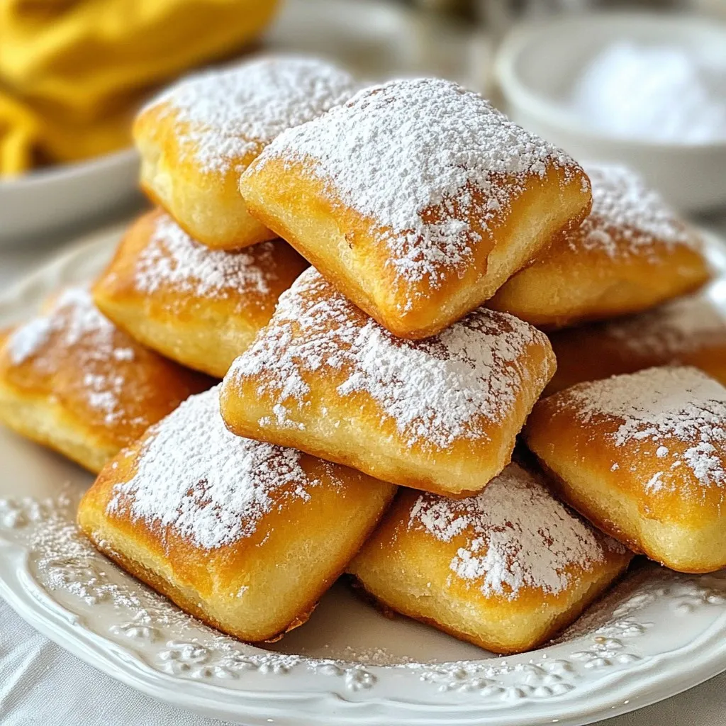 For the dry mix, you need: - 2 cups all-purpose flour - 1/4 cup granulated sugar - 1 tablespoon baking powder - 1/2 teaspoon salt For the wet mix, gather: - 2 large eggs - 3/4 cup whole milk - 1 teaspoon vanilla extract You will also need: - Vegetable oil for frying - Powdered sugar for dusting These ingredients are simple yet essential. They come together to create the delightful flavor and texture of beignets. The flour gives structure, while the eggs and milk add richness. The sugar brings sweetness, and the baking powder helps them rise. Frying in hot oil creates that crispy outside. Dusting with powdered sugar gives that classic touch we all love. {{ingredient_image_2}} To make your beignet dough, start with dry ingredients. In a large bowl, mix 2 cups of all-purpose flour, 1/4 cup of sugar, 1 tablespoon of baking powder, and 1/2 teaspoon of salt. Whisk them well until blended. In another bowl, crack 2 large eggs. Beat them until smooth. Add 3/4 cup of whole milk and 1 teaspoon of vanilla extract to the eggs. Whisk the mixture until it is well combined. Now, pour the wet mixture into the dry ingredients. Stir gently with a spoon until they just come together. The dough will be a bit sticky. Turn it out onto a lightly floured surface. Knead the dough gently for about 1 minute. You want it smooth, so don’t overdo it. Next, roll out the dough. Use a rolling pin to flatten it to about 1/4 inch thick. Make sure the surface is floured to avoid sticking. Once rolled out, grab a sharp knife or pizza cutter. Cut the dough into squares, roughly 2x2 inches in size. You can make them larger or smaller, depending on your preference. Now it’s time to fry your beignets. Heat vegetable oil in a deep pot or fryer to 350°F (175°C). Use a thermometer to check the heat. Carefully drop a few dough squares into the hot oil. Be careful not to crowd the pot. Fry them for about 2-3 minutes on each side. You want them golden brown and puffy. Once they are done, use a slotted spoon to lift them out. Place the beignets on a plate lined with paper towels to drain. While they are still warm, dust them generously with powdered sugar. Make sure they are well coated for that classic sweet touch. Enjoy your delicious homemade beignets! To get the best texture for your beignets, follow these tips: - Use fresh baking powder. Old baking powder may not rise well. - Mix the dough until just combined. Overmixing can make the beignets tough. - Knead lightly. Just one minute is enough to smooth the dough. These steps help keep your beignets soft and fluffy. Frying beignets takes a bit of care. Here’s how to get it right: - Heat the oil to 350°F (175°C). Use a thermometer for accuracy. - Don’t overcrowd the pot. Fry a few at a time for even cooking. - Flip them gently. This helps achieve a nice, golden color on both sides. These techniques ensure your beignets cook evenly and stay soft inside. Serving beignets can be fun and creative. Here are some ideas: - Dust them with powdered sugar right after frying. This adds sweetness. - Stack the beignets high on a pretty plate. It makes a great display. - Offer a small bowl of extra powdered sugar for dipping. It makes them even more fun to eat! These serving tips make your beignets look tasty and inviting. Enjoy your sweet treat! Pro Tips Perfect Temperature: Ensure your oil is at the correct temperature (350°F or 175°C) for even frying; use a thermometer for accuracy. Don’t Overcrowd: Fry in small batches to prevent the temperature from dropping, ensuring your beignets fry evenly and become fluffy. Freshness is Key: Serve the beignets warm for the best taste; they are most delightful when enjoyed straight from the fryer. Creative Toppings: Experiment with flavored sugars or dips like chocolate or caramel for a fun twist on the classic beignet. {{image_4}} You can add fun flavors to your beignets. Try mixing in spices like cinnamon or nutmeg. You can also add chocolate chips or lemon zest to the dough. These little twists will make your beignets unique and tasty. You could even add a splash of almond extract for a lovely nutty flavor. While powdered sugar is classic, you can explore other coatings. Try a cinnamon-sugar mix for a sweet crunch. You can also dip them in melted chocolate for a rich treat. For a savory twist, sprinkle some sea salt on top. Each coating gives your beignets a new twist. Frying is traditional, but you can bake beignets for a healthier option. Preheat your oven to 375°F (190°C). Place the dough squares on a baking sheet. Bake for about 10-12 minutes until golden brown. You can also use an air fryer. This method gives you crispy beignets with less oil. Just set your air fryer to 350°F (175°C) and cook for about 6-8 minutes. Store leftover beignets in an airtight container. This keeps them fresh and soft. You can keep them at room temperature for up to two days. If you want them to last longer, put them in the fridge. They will stay good for about a week. To reheat your beignets, use the oven. Preheat the oven to 350°F (175°C). Place the beignets on a baking sheet. Heat them for about 5 to 10 minutes. This makes them warm and crispy again. You can also use a microwave. Just heat them for about 15 to 20 seconds. They won’t be as crispy, but they will still taste great. You can freeze beignets for later. First, let them cool completely. Then, place them in a single layer on a baking sheet. Freeze them for about an hour. This stops them from sticking together. After they are frozen, transfer them to a freezer bag. They can stay in the freezer for up to two months. When you're ready to eat them, thaw them overnight in the fridge before reheating. Enjoy fresh-tasting beignets whenever you want! Yes, you can make beignets ahead of time. I recommend preparing the dough and cutting it into squares. Wrap the squares in plastic wrap and store them in the fridge for up to 24 hours. When you are ready to fry them, just take them out and let them sit at room temperature for about 30 minutes. This helps them rise better when you fry them. If you need a substitute for whole milk, there are a few options. You can use almond milk, soy milk, or oat milk. These will work well in the recipe. If you want a creamier texture, try using half-and-half or heavy cream, but mix it with some water to thin it out. To check if the oil is hot enough, use a thermometer. The right temperature is 350°F (175°C). If you don’t have a thermometer, you can drop a small piece of dough into the oil. If it sizzles and rises to the top, the oil is ready. Frying at the right temperature ensures your beignets are crispy and not greasy. Making beignets is fun and easy when you follow these steps. You learned about the right ingredients, how to prepare and fry them, and tips for the best results. Don’t forget the fun variations and how to store extras. Your next batch of beignets can impress anyone. Enjoy the process and taste the delicious rewards! Happy cooking!