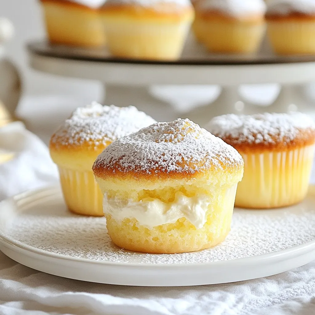 To make these delightful Japanese Cotton Cheesecake Cupcakes, you need a few key ingredients. Each one plays an important role in creating that light, fluffy texture. Here’s your shopping list: - 8 oz (225g) cream cheese, softened to room temperature - 1/2 cup (100g) granulated sugar - 1/4 cup (60ml) whole milk - 1/4 cup (60ml) vegetable oil - 3 large eggs, separated into yolks and whites - 1 teaspoon pure vanilla extract - 1/4 cup (30g) all-purpose flour, sifted - 1 tablespoon cornstarch, sifted - 1/4 teaspoon fine salt - Powdered sugar, for dusting and garnish Each ingredient brings something special. The cream cheese gives a rich base. Granulated sugar adds sweetness. Whole milk and vegetable oil keep the texture moist. Eggs give structure, while vanilla adds flavor. Flour and cornstarch help bind everything. The fine salt enhances all the tastes. Finally, powdered sugar gives a lovely finish. These ingredients work together to create a cupcake that is light, airy, and simply irresistible. Enjoy gathering your supplies and get ready to bake! {{ingredient_image_2}} - Preheat your oven to 320°F (160°C). - Prepare a cupcake pan by lining it with paper liners. This stops the cupcakes from sticking. - In a large bowl, mix the softened cream cheese and granulated sugar. Use a hand mixer or a stand mixer. Beat until the mix is smooth and creamy. - Pour in the whole milk, vegetable oil, and vanilla extract. Stir well until everything blends together smoothly. - Add the egg yolks one at a time. Mix well after each addition. Make sure the yolks blend fully. - Sift the all-purpose flour, cornstarch, and fine salt into the cream cheese mix. Gently stir until the batter is uniform and lump-free. - In a separate bowl, beat the egg whites until they form soft peaks. This step makes the cupcakes fluffy. - Carefully fold the egg whites into the cream cheese batter in three parts. Use a spatula to lift and cut through the mix gently. - Spoon the fluffy batter into the lined cupcake pan. Fill each cup about two-thirds full to allow for rising. - Place the filled pan into a larger baking dish filled with hot water. The water should reach halfway up the sides of the cupcake pan. This steam keeps the cupcakes moist. - Bake for 25-30 minutes. The edges should be lightly golden. A toothpick should come out clean when inserted in the center. - After baking, let the cupcakes cool in the pan for 10 minutes. Then move them to a wire rack to cool completely. - Before serving, dust the tops lightly with powdered sugar for a lovely finish. To get a soft and fluffy cotton cheesecake cupcake, use room temperature ingredients. This helps everything blend smoothly. Cold cream cheese or eggs can lead to lumps. Also, folding is key. When you mix in whipped egg whites, use gentle motions. This keeps air in the batter. You want light and airy cupcakes! One big mistake is overmixing the batter. If you mix too much, the cupcakes can turn dense. Mix just until combined. Another mistake is not preheating your oven. A cold oven can lead to uneven baking. Always set your oven to 320°F (160°C) before you start. For a beautiful finish, dust the tops with powdered sugar. It adds a sweet touch and looks great. You can also add fresh berries or edible flowers for color. Serve the cupcakes on a nice cake stand. This makes them look extra special at any gathering. Pro Tips Room Temperature Ingredients: Ensure that your cream cheese and eggs are at room temperature before mixing. This helps create a smoother batter and ensures even baking. Whip Egg Whites Properly: To achieve the best fluffiness, make sure your mixing bowl and beaters are clean and dry before whipping the egg whites. Any fat can prevent them from reaching full volume. Water Bath Importance: Using a water bath while baking helps to maintain moisture and prevents the tops from cracking, resulting in a soft and tender cupcake. Cooling Method: Let the cupcakes cool in the pan for a short time to set, but avoid leaving them too long, as they can become soggy. Transfer to a wire rack to cool completely. {{image_4}} You can easily switch up the flavors in your Japanese cotton cheesecake cupcakes. A great way is to add citrus zest from lemon or orange. This gives a fresh and bright taste. Just mix in about a teaspoon of zest when you add the wet ingredients. If you love chocolate, try using cocoa powder or melted chocolate. You can replace a little flour with cocoa powder, about 2 tablespoons, for a rich and deep flavor. Another fun option is matcha, which adds a lovely green color and earthy taste. Mix in 1-2 teaspoons of matcha powder with the dry ingredients for a unique twist. If you need to make gluten-free cupcakes, swap the all-purpose flour with a gluten-free blend. Make sure the blend has xanthan gum for structure. This way, you keep the fluffy texture. For those who want dairy-free options, use vegan cream cheese. You can also substitute the whole milk with almond or soy milk. This keeps the cupcakes light and airy while fitting your dietary needs. Making mini cupcakes is a fun way to enjoy these treats. For mini versions, bake them for about 15-20 minutes. Keep an eye on them to avoid overbaking. They should still have a light golden color. When it comes to presentation, mini cupcakes look great on a tiered cake stand. You can also add a small dollop of whipped cream or a berry on top for a cute touch. Regular cupcakes can be garnished similarly, but using edible flowers can really make them pop! To keep your Japanese cotton cheesecake cupcakes fresh, you have two main options. If you plan to eat them within a few days, storing them in the fridge is best. Here’s how to do it: - Place the cupcakes in an airtight container. - Keep them in the fridge for up to 3 days. This method keeps the cupcakes moist and tasty. If you have leftover cupcakes after three days, it’s time to think about freezing. If you prefer to store them at room temperature, do this: - Keep them in a cool, dry area. - Use a covered container to protect them from air. However, they will stay fresh for only 1 day at room temperature. To freeze your cupcakes, follow these steps: - Let the cupcakes cool completely. - Wrap each cupcake tightly in plastic wrap. - Place them in a freezer bag or container. This keeps them fresh for up to 2 months. When you're ready to enjoy them, here’s how to thaw: - Take the cupcakes out of the freezer. - Unwrap them and place them on a plate. - Let them sit at room temperature for about 1 hour. This helps them regain their soft texture. Enjoy your delicious treats whenever you want! Japanese cotton cheesecake is a light, airy dessert. It combines the creamy taste of cheesecake with a fluffy texture. Unlike traditional cheesecake, it uses whipped egg whites, making it less dense. Traditional cheesecake often has a richer, heavier feel. Japanese cotton cheesecake feels almost like a soufflé. This unique texture makes it a favorite among dessert lovers. Yes, you can make these cupcakes ahead. Bake them and let them cool completely. After cooling, store them in an airtight container in the fridge. They stay fresh for about three days. If you want to keep them longer, freeze them. Wrap them well in plastic wrap and place them in a freezer bag. When ready to eat, thaw them in the fridge overnight. Cupcakes may not be fluffy for several reasons. One common cause is overmixing the batter. This can deflate the air you whipped into the egg whites. Another reason is not whipping the egg whites enough. They need to reach soft peaks for proper fluffiness. Ensure you fold the egg whites gently into the batter. This keeps the light texture that you want. Yes, you can use other cheeses. Cream cheese gives a rich flavor, but alternatives work too. Ricotta cheese or mascarpone can add a different taste. If you use these, keep the texture in mind. They might change how light your cupcakes turn out. Always blend them well to avoid lumps. You now know how to create delicious Japanese cotton cheesecake cupcakes. We covered the key ingredients, step-by-step instructions, and helpful tips. Remember, room temperature ingredients and careful mixing matter. You can also try fun variations like citrus flavors or gluten-free options. Storing these treats correctly ensures they stay fresh. With this knowledge, you can master this recipe and impress others. Enjoy baking and sharing your creations!