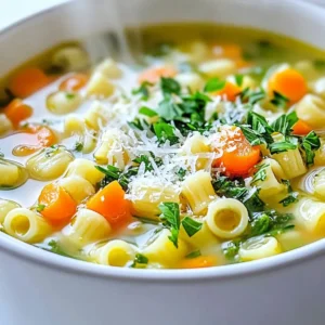 - Pastina and Broth - 1 cup pastina (tiny pasta shapes) - 4 cups vegetable broth - Fresh Vegetables: Carrots, Celery, Onion - 1 cup carrots, diced - 1 cup celery, diced - 1 small onion, finely chopped - Seasonings and Extras: Garlic, Bay Leaf, Thyme - 2 cloves garlic, minced - 1 bay leaf - 1 teaspoon dried thyme - 1 tablespoon olive oil - Optional Add-ins: Spinach, Parmesan Cheese, Fresh Parsley - 1/2 cup fresh spinach, coarsely chopped - 1/4 cup grated Parmesan cheese (optional) - Fresh parsley, chopped for garnish In this Italian Pastina Soup, you need simple yet fresh ingredients. The pastina is the star, giving the soup its comfort. The broth adds depth, while the vegetables provide crunch and flavor. Garlic, bay leaf, and thyme bring warmth to each spoonful. You can add spinach for color and nutrients. Parmesan cheese adds richness but is optional. Fresh parsley is perfect for a bright finish. These ingredients combine to create a cozy dish that warms your heart and fills your belly. {{ingredient_image_2}} 1. Start by heating 1 tablespoon of olive oil in a large pot over medium heat. 2. Once the oil is hot, add 1 small finely chopped onion, 1 cup of diced carrots, and 1 cup of diced celery. 3. Sauté these aromatic veggies for about 5-7 minutes. You want them soft and the onion to turn translucent. 4. Stir in 2 minced garlic cloves and cook for 1 more minute. You want it fragrant, not burnt. 1. Gradually pour in 4 cups of vegetable broth. 2. Add in 1 bay leaf and 1 teaspoon of dried thyme. Stir well to mix everything. 3. Bring the soup to a rolling boil over high heat. 4. Once boiling, add in 1 cup of pastina and lower the heat. Let it simmer for about 5-6 minutes. You want the pasta to be tender but still firm, or al dente. 1. While the pastina cooks, fold in 1/2 cup of coarsely chopped fresh spinach. Let it wilt for 1-2 minutes. 2. Carefully remove the bay leaf. Taste the soup and adjust seasoning with salt and pepper. 3. If you want a creamier soup, stir in 1/4 cup of grated Parmesan cheese until it melts. 4. Serve the soup hot. Garnish with chopped parsley and extra Parmesan if you like. Enjoy! Cooking Pastina to Al Dente To get pastina just right, cook it until it's al dente. This means it should be firm but not hard. Follow the package instructions closely. Typically, this takes about 5-6 minutes. Keep stirring to prevent sticking. Remember, pastina will continue to cook in the hot soup. Achieving Creaminess with Parmesan For a creamy touch, add grated Parmesan cheese. Stir it in after the soup is done cooking. The cheese melts quickly and makes the soup rich. Start with a little, then taste. You can always add more for a stronger flavor. Customizing Seasonings to Taste You can change the taste by adjusting seasonings. Start with salt and pepper. Add more thyme if you love its flavor. Don't be afraid to experiment. Each batch can be your own creation. Using Fresh Herbs for Brightness Fresh herbs make a big impact. Add chopped parsley right before serving. It adds color and freshness. Basil or dill can work too. Just use what you have on hand. Rustic Serving Suggestions Serve your soup in rustic bowls. This adds charm and warmth. A sprinkle of parsley on top looks great. You can also place a small bowl of Parmesan on the side. Complementary Side Dishes Pair your soup with crusty bread. It’s perfect for dipping. A simple salad can also be a nice side. This makes your meal complete and satisfying. Pro Tips Use Homemade Broth: For an even more flavorful soup, consider using homemade vegetable broth instead of store-bought. This enhances the overall taste and quality of the dish. Perfect Pasta Cooking: To prevent the pastina from becoming mushy, be sure to follow the cooking time indicated on the package. It’s best to cook it just until al dente for that perfect texture. Seasoning Adjustments: Don’t forget to taste your soup before serving! Adjust the seasoning with salt and pepper to ensure it suits your palate, especially after adding cheese. Storage Tips: If you have leftovers, store the soup and the pasta separately. This will help maintain the texture of the pasta when you reheat the soup. {{image_4}} If you want to enjoy Italian Pastina Soup but need some changes, you can try these options. - Gluten-Free Options with Alternative Pasta: You can use gluten-free pasta shapes like rice or quinoa-based pastina. These options cook well and keep the soup tasty. Just check the cooking time on the package. - Vegan Version without Cheese: Skip the Parmesan cheese to make the soup vegan. You can add a bit of nutritional yeast for a cheesy taste. This keeps the flavors rich without using animal products. You can also play around with flavors to make your soup unique. - Adding Proteins: Chicken or Beans: For a heartier meal, add cooked chicken or beans. Shredded chicken works well, or you can toss in some canned beans. This adds protein and makes the soup more filling. - Exploring Different Vegetables for Customization: Feel free to add other veggies, like zucchini or peas. These can change the texture and taste. Just chop them up and add them when you sauté the carrots and celery. It’s a fun way to use what you have on hand! After enjoying your Italian Pastina Soup, store any leftovers properly. First, let the soup cool down. Then, pour it into an airtight container. You can refrigerate it for up to three days. If you want to save it longer, freeze the soup. Use freezer-safe containers or bags. It can last up to three months in the freezer. When it’s time to enjoy your soup again, reheating it well is key. If the soup is frozen, let it thaw in the fridge overnight. For reheating, use a pot on the stove over low heat. Stir it often to avoid sticking. If the soup seems thick, add a splash of broth or water. This keeps the taste fresh and the texture nice. Enjoy your comforting soup just like the first time! Pastina is a tiny pasta shape, often used in soups. It comes in many forms, like stars or little pearls. This pasta cooks quickly and adds a soft texture to dishes. It is great for kids and those who want comfort food. You can use pastina in soups, salads, or even as a side dish. It absorbs flavors well, making it a perfect base for broth and vegetables. Yes, you can use chicken broth in place of vegetable broth. Chicken broth gives a richer flavor to the soup. It pairs well with the vegetables and adds depth. If you want a lighter taste, stick with vegetable broth. You can also mix both for a unique flavor. Just remember to adjust salt since chicken broth can be saltier. Italian Pastina Soup lasts about 3-4 days in the fridge. Store it in an airtight container to keep it fresh. When you want to eat it again, warm it on the stove. If you add more broth while reheating, it helps restore moisture. You can also freeze the soup for up to 3 months. Just make sure to let it cool before freezing. This blog post covers how to make a delicious Italian Pastina Soup. I detailed the key ingredients, guiding you through the preparation steps. With tips for perfecting texture and enhancing flavors, you can create a soup that fits your taste. Remember, you can adjust the recipe for gluten-free or vegan needs. Enjoy making this comforting dish! With care and creativity, you'll impress yourself and your loved ones.