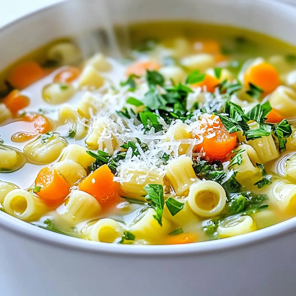 - Pastina and Broth - 1 cup pastina (tiny pasta shapes) - 4 cups vegetable broth - Fresh Vegetables: Carrots, Celery, Onion - 1 cup carrots, diced - 1 cup celery, diced - 1 small onion, finely chopped - Seasonings and Extras: Garlic, Bay Leaf, Thyme - 2 cloves garlic, minced - 1 bay leaf - 1 teaspoon dried thyme - 1 tablespoon olive oil - Optional Add-ins: Spinach, Parmesan Cheese, Fresh Parsley - 1/2 cup fresh spinach, coarsely chopped - 1/4 cup grated Parmesan cheese (optional) - Fresh parsley, chopped for garnish In this Italian Pastina Soup, you need simple yet fresh ingredients. The pastina is the star, giving the soup its comfort. The broth adds depth, while the vegetables provide crunch and flavor. Garlic, bay leaf, and thyme bring warmth to each spoonful. You can add spinach for color and nutrients. Parmesan cheese adds richness but is optional. Fresh parsley is perfect for a bright finish. These ingredients combine to create a cozy dish that warms your heart and fills your belly. {{ingredient_image_2}} 1. Start by heating 1 tablespoon of olive oil in a large pot over medium heat. 2. Once the oil is hot, add 1 small finely chopped onion, 1 cup of diced carrots, and 1 cup of diced celery. 3. Sauté these aromatic veggies for about 5-7 minutes. You want them soft and the onion to turn translucent. 4. Stir in 2 minced garlic cloves and cook for 1 more minute. You want it fragrant, not burnt. 1. Gradually pour in 4 cups of vegetable broth. 2. Add in 1 bay leaf and 1 teaspoon of dried thyme. Stir well to mix everything. 3. Bring the soup to a rolling boil over high heat. 4. Once boiling, add in 1 cup of pastina and lower the heat. Let it simmer for about 5-6 minutes. You want the pasta to be tender but still firm, or al dente. 1. While the pastina cooks, fold in 1/2 cup of coarsely chopped fresh spinach. Let it wilt for 1-2 minutes. 2. Carefully remove the bay leaf. Taste the soup and adjust seasoning with salt and pepper. 3. If you want a creamier soup, stir in 1/4 cup of grated Parmesan cheese until it melts. 4. Serve the soup hot. Garnish with chopped parsley and extra Parmesan if you like. Enjoy! Cooking Pastina to Al Dente To get pastina just right, cook it until it's al dente. This means it should be firm but not hard. Follow the package instructions closely. Typically, this takes about 5-6 minutes. Keep stirring to prevent sticking. Remember, pastina will continue to cook in the hot soup. Achieving Creaminess with Parmesan For a creamy touch, add grated Parmesan cheese. Stir it in after the soup is done cooking. The cheese melts quickly and makes the soup rich. Start with a little, then taste. You can always add more for a stronger flavor. Customizing Seasonings to Taste You can change the taste by adjusting seasonings. Start with salt and pepper. Add more thyme if you love its flavor. Don't be afraid to experiment. Each batch can be your own creation. Using Fresh Herbs for Brightness Fresh herbs make a big impact. Add chopped parsley right before serving. It adds color and freshness. Basil or dill can work too. Just use what you have on hand. Rustic Serving Suggestions Serve your soup in rustic bowls. This adds charm and warmth. A sprinkle of parsley on top looks great. You can also place a small bowl of Parmesan on the side. Complementary Side Dishes Pair your soup with crusty bread. It’s perfect for dipping. A simple salad can also be a nice side. This makes your meal complete and satisfying. Pro Tips Use Homemade Broth: For an even more flavorful soup, consider using homemade vegetable broth instead of store-bought. This enhances the overall taste and quality of the dish. Perfect Pasta Cooking: To prevent the pastina from becoming mushy, be sure to follow the cooking time indicated on the package. It’s best to cook it just until al dente for that perfect texture. Seasoning Adjustments: Don’t forget to taste your soup before serving! Adjust the seasoning with salt and pepper to ensure it suits your palate, especially after adding cheese. Storage Tips: If you have leftovers, store the soup and the pasta separately. This will help maintain the texture of the pasta when you reheat the soup. {{image_4}} If you want to enjoy Italian Pastina Soup but need some changes, you can try these options. - Gluten-Free Options with Alternative Pasta: You can use gluten-free pasta shapes like rice or quinoa-based pastina. These options cook well and keep the soup tasty. Just check the cooking time on the package. - Vegan Version without Cheese: Skip the Parmesan cheese to make the soup vegan. You can add a bit of nutritional yeast for a cheesy taste. This keeps the flavors rich without using animal products. You can also play around with flavors to make your soup unique. - Adding Proteins: Chicken or Beans: For a heartier meal, add cooked chicken or beans. Shredded chicken works well, or you can toss in some canned beans. This adds protein and makes the soup more filling. - Exploring Different Vegetables for Customization: Feel free to add other veggies, like zucchini or peas. These can change the texture and taste. Just chop them up and add them when you sauté the carrots and celery. It’s a fun way to use what you have on hand! After enjoying your Italian Pastina Soup, store any leftovers properly. First, let the soup cool down. Then, pour it into an airtight container. You can refrigerate it for up to three days. If you want to save it longer, freeze the soup. Use freezer-safe containers or bags. It can last up to three months in the freezer. When it’s time to enjoy your soup again, reheating it well is key. If the soup is frozen, let it thaw in the fridge overnight. For reheating, use a pot on the stove over low heat. Stir it often to avoid sticking. If the soup seems thick, add a splash of broth or water. This keeps the taste fresh and the texture nice. Enjoy your comforting soup just like the first time! Pastina is a tiny pasta shape, often used in soups. It comes in many forms, like stars or little pearls. This pasta cooks quickly and adds a soft texture to dishes. It is great for kids and those who want comfort food. You can use pastina in soups, salads, or even as a side dish. It absorbs flavors well, making it a perfect base for broth and vegetables. Yes, you can use chicken broth in place of vegetable broth. Chicken broth gives a richer flavor to the soup. It pairs well with the vegetables and adds depth. If you want a lighter taste, stick with vegetable broth. You can also mix both for a unique flavor. Just remember to adjust salt since chicken broth can be saltier. Italian Pastina Soup lasts about 3-4 days in the fridge. Store it in an airtight container to keep it fresh. When you want to eat it again, warm it on the stove. If you add more broth while reheating, it helps restore moisture. You can also freeze the soup for up to 3 months. Just make sure to let it cool before freezing. This blog post covers how to make a delicious Italian Pastina Soup. I detailed the key ingredients, guiding you through the preparation steps. With tips for perfecting texture and enhancing flavors, you can create a soup that fits your taste. Remember, you can adjust the recipe for gluten-free or vegan needs. Enjoy making this comforting dish! With care and creativity, you'll impress yourself and your loved ones.