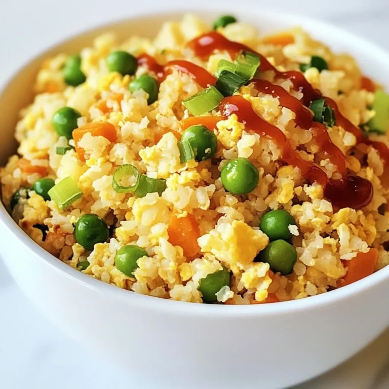 To make a tasty cauliflower fried rice, you will need these key items: - 1 medium head of cauliflower (about 4 cups when riced) - 1 cup of frozen peas and carrots mix - 2 green onions, finely chopped (save some for topping) - 2 cloves of garlic, minced - 2 large eggs, lightly beaten - 3 tablespoons of soy sauce (or tamari for gluten-free) - 1 tablespoon of sesame oil - 1 tablespoon of olive oil - Salt and black pepper to taste You can customize your fried rice with these optional ingredients: - Add cooked chicken or shrimp for protein. - Use bell peppers or broccoli for extra veggies. - Swap soy sauce with coconut aminos for a lighter taste. - Try using quinoa instead of cauliflower for a different texture. Season your dish to boost the flavor: - Add ginger for a warm spice. - Use red pepper flakes for some heat. - Sprinkle sesame seeds for a crunchy topping. - Consider fresh herbs like cilantro or basil for brightness. These ingredients and tips help create a healthy, flavorful meal that you can enjoy any day. {{ingredient_image_2}} Start by removing the leaves and stem from the cauliflower. Cut the head into small florets. If you have a food processor, pulse the florets until they look like rice. You can also use a box grater for this. It’s fun to watch the cauliflower transform. You will get about four cups of riced cauliflower. Heat a large skillet or wok over medium-high heat. Add three tablespoons of olive oil. Wait until the oil is hot and shimmering. This is key for good sautéing. Add two cloves of minced garlic to the pan. Sauté it for about 30 seconds. You want to smell a lovely aroma, but don’t let it burn. Next, add your riced cauliflower. Stir occasionally and cook for 5 to 7 minutes. You want it tender but still a bit crunchy. Once the cauliflower is ready, it’s time to add the veggies. Stir in one cup of frozen peas and carrots. Cook for another 3 to 4 minutes until they are warm. Now, push the cauliflower mix to one side of the pan. Pour in two beaten eggs on the empty side. Scramble them until cooked, then mix everything together. Pour in three tablespoons of soy sauce and one tablespoon of sesame oil. Stir well to coat every grain of cauliflower. Add salt and black pepper to taste. Finally, mix in chopped green onions and serve it hot. You can top it with Sriracha if you like a spicy kick! To get the best texture, rice the cauliflower properly. You can use a food processor or a box grater. Aim for small, even pieces. Avoid large chunks, as they can stay hard when cooked. I find pulsing in short bursts works best. After ricing, squeeze out any excess moisture using a clean kitchen towel. This step helps prevent sogginess when you cook it. One common mistake is overcooking the cauliflower rice. It should be tender but still have some bite. Cook for about 5-7 minutes and stir often. Another mistake is not heating the pan enough before adding oil. A hot pan helps to sauté the garlic and gives a better flavor. Always taste and adjust the seasoning at the end. A pinch of salt or a splash of soy sauce can make a big difference. Adding garnishes can take your cauliflower fried rice to the next level. Reserve some green onions for topping. They add fresh flavor and color. You can also sprinkle sesame seeds on top for a nice crunch. For those who like a kick, serve Sriracha on the side. It lets everyone spice their bowl just how they like it. Pro Tips Uniform Ricing: Ensure that the cauliflower is riced evenly for consistent cooking. If some pieces are larger, they may take longer to cook and could result in a mushy texture. Eggs for Texture: Scrambling the eggs on one side of the pan allows them to cook perfectly while also preventing overcooking. This technique keeps the eggs fluffy and moist. Flavor Boost: For an extra layer of flavor, consider adding a splash of rice vinegar or a teaspoon of ginger along with the soy sauce. This will enhance the dish's overall taste profile. Veggie Variations: Feel free to customize the veggie mix based on your preference. Bell peppers, broccoli, or snap peas can be great additions for added color and nutrition. {{image_4}} You can easily add protein to your cauliflower fried rice. Chicken, shrimp, or tofu work great. For chicken, use cooked, diced pieces. If you want shrimp, use cooked shrimp and add them when you stir in the veggies. Tofu adds a nice texture and flavor. Just cube it and pan-fry until golden before mixing it in. This gives the dish extra nutrition and makes it more filling. For a vegetarian twist, simply skip the eggs and add more veggies. You can try bell peppers, broccoli, or snap peas. If you want a vegan option, use tofu instead of eggs. You could also toss in some chickpeas for added protein. These changes keep the dish light while adding different flavors and colors. Cauliflower fried rice is great for many occasions. For a quick lunch, serve it in a bowl with some soy sauce on top. If you have guests, you can serve it as a side dish. Just make it colorful with extra veggies. For a fun twist, serve it in lettuce wraps for a fresh touch. You can also add some Sriracha on the side for those who like it spicy! After making cauliflower fried rice, let it cool down. Place your leftovers in an airtight container. This helps keep the flavors fresh. Store it in the fridge for up to four days. If you want to keep it longer, freezing is a good option. To reheat, use a skillet over medium heat. Add a splash of water or oil to prevent sticking. Stir the fried rice often for even heating. You can also use a microwave. Cover the dish with a damp paper towel to keep moisture. Heat it in short bursts to avoid overcooking. Freezing cauliflower fried rice is easy. First, cool it completely. Then, portion it into freezer-safe bags. Remove as much air as possible before sealing. You can freeze it for up to three months. When ready to eat, thaw it in the fridge overnight. Reheat it as described above for the best taste. Cauliflower fried rice is a fun, healthy twist on traditional fried rice. Instead of rice, I use riced cauliflower. This dish combines sautéed cauliflower, peas, carrots, eggs, and green onions. It’s light, flavorful, and full of texture. You get all the taste without the carbs! Yes, you can use fresh cauliflower! I prefer fresh because it has a better crunch. Just cut it into florets and rice it using a food processor or box grater. If you use frozen cauliflower, make sure to thaw and drain it first. To add some heat, try Sriracha! You can drizzle it on top before serving. Another option is to add chopped fresh chili peppers while cooking. Adjust the spice to your liking for a kick that you’ll enjoy. Absolutely! Cauliflower fried rice is a great low-carb dish. It has far fewer carbs than regular rice. This dish is perfect for those on a keto or low-carb diet. Plus, it’s high in fiber and vitamins, making it a smart choice. You can serve this dish with many things! I love pairing it with grilled chicken or shrimp for protein. It also goes well with a side salad or steamed veggies. For a complete meal, serve it with a protein of your choice and enjoy! Cauliflower fried rice is a tasty, low-carb dish packed with flavor. We covered key ingredients, from main components to optional add-ins. I shared step-by-step methods to prepare it perfectly. The tips help avoid common mistakes and enhance taste. You can also explore protein options and modifications to fit your diet. Finally, learn the best ways to store or reheat leftovers. With these tips, you can enjoy a healthy meal anytime.