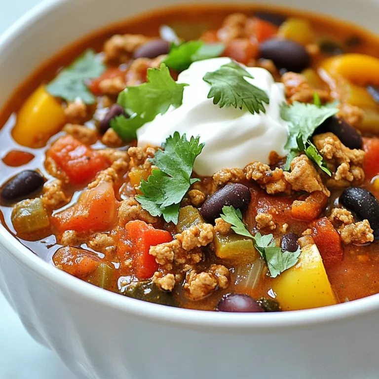 - 1 pound ground turkey - 1 medium onion, finely chopped - 2 cloves garlic, minced - 1 bell pepper of your choice, diced - 1 can (15 oz) black beans, drained and rinsed - 1 can (15 oz) kidney beans, drained and rinsed - 1 can (28 oz) crushed tomatoes - 2 tablespoons tomato paste - 1 cup corn (fresh, frozen, or canned) In this recipe, ground turkey is the star. It keeps the chili lean and healthy. The beans add protein and fiber, making the dish filling. I love using black and kidney beans, as they give a nice texture. The vegetables bring freshness. I always use onion, garlic, and bell pepper. They form a solid base for flavor. The crushed tomatoes and tomato paste add richness and depth. - 2 tablespoons chili powder - 1 teaspoon ground cumin - 1 teaspoon smoked paprika - 1/2 teaspoon cayenne pepper (adjust according to your heat preference) - Salt and pepper to taste For spices, chili powder is a must; it gives that classic chili flavor. Cumin adds warmth and earthiness. Smoked paprika gives a subtle smokiness, which I adore. You can adjust cayenne for heat. I like mine spicy, so I often add more. - Sour cream - Shredded cheese - Diced green onions - Fresh cilantro for garnish Toppings make a big difference! Sour cream adds creaminess. Shredded cheese offers richness. Diced green onions add crunch and freshness. I always finish with fresh cilantro for a burst of color and flavor. {{ingredient_image_2}} - Heat 1 tablespoon of olive oil in a skillet over medium heat. - Add 1 medium onion, finely chopped, and 1 diced bell pepper. - Sauté these for about 5 minutes until soft. - Stir in 2 cloves of minced garlic and cook for 1 more minute. - In the same skillet, add 1 pound of ground turkey. - Cook it over medium heat, breaking it apart with a spoon. - Brown the turkey well until it is fully cooked. - Once done, combine it with the sautéed vegetables in the slow cooker. - Add 1 can of drained black beans and 1 can of drained kidney beans. - Pour in 1 can of crushed tomatoes and 2 tablespoons of tomato paste. - Sprinkle in 2 tablespoons of chili powder, 1 teaspoon of ground cumin, and 1 teaspoon of smoked paprika. - Add 1/2 teaspoon of cayenne pepper and 1 cup of corn. - Stir the mixture gently until all the ingredients blend well. - Season to taste with salt and pepper. - Cover the slow cooker with its lid. - Cook on low for 6-8 hours or on high for 3-4 hours. - Check the chili's doneness by tasting it. - The flavors should meld beautifully together when ready. To get the best flavor in your turkey chili, you can adjust the heat with cayenne pepper. Start with a half teaspoon. If you like more heat, add a little more. Always taste and adjust to your liking. Balancing flavors is key. Use salt and pepper to enhance the taste of your chili. Stir in a little salt, then taste. Add more if needed. Do this after cooking. It helps to bring out all the flavors. Cooking times can vary based on your slow cooker. For low heat, go for 6 to 8 hours. On high heat, 3 to 4 hours works well. Check your chili around the end of the cooking time. Reheating chili is easy. You can use the microwave or stovetop. If using the stovetop, add a splash of water. This helps keep it moist. Heat gently to avoid burning. Cornbread or rice pairs wonderfully with turkey chili. Both add texture and soak up flavor. Serve a piece of cornbread on the side or a scoop of rice. To enjoy leftovers creatively, make chili nachos. Spread tortilla chips on a plate. Top with warmed chili, cheese, and your favorite toppings. You can also make chili stuffed peppers. Cut bell peppers in half and fill them with chili. Bake until the peppers are tender. Pro Tips Adjust the Spice Level: If you prefer a milder chili, reduce or omit the cayenne pepper. You can always add hot sauce at the table for those who like it spicy. Make it Ahead: Chili flavors deepen over time, so make it a day ahead and reheat it for the best taste. It also freezes well for future meals! Add Extra Veggies: Feel free to incorporate additional vegetables like zucchini or mushrooms for more texture and nutrition. Garnish Creatively: Experiment with garnishes like avocado slices, jalapeños, or crushed tortilla chips for added crunch and flavor. {{image_4}} You can make this turkey chili even healthier. Try using ground chicken instead of turkey. This option is leaner and still very tasty. You could also go for a plant-based meat. This makes the dish vegetarian or vegan. If you want to cut carbs, skip the beans. Use more veggies instead, like zucchini or mushrooms. This keeps the chili full of flavor without added carbs. To make your chili more exciting, add extra vegetables. Chopped zucchini or diced carrots work great. These veggies add sweetness and texture. You can also change up the beans. Try using pinto beans or chickpeas for a new twist. Each type of bean brings its own unique flavor. Mixing beans is a fun way to enhance your dish. You can take your chili on a trip around the world. Add jalapeños for a Mexican flair. They bring heat and a nice crunch. Corn is another great addition for sweetness and color. For an Italian twist, add dried herbs like oregano and basil. These will give your chili a warm, rich taste. Mixing these flavors keeps your meals fresh and fun. How long does turkey chili last in the fridge? Turkey chili stays fresh for up to four days. Store it in an airtight container to keep it tasty. What are the best storage containers for optimal freshness? Glass containers with tight lids are great. They help keep moisture in and prevent spills. You can also use plastic containers, but ensure they are food-safe and BPA-free. What are proper freezing techniques? Let the chili cool down before you freeze it. Portion it into smaller containers for easy thawing later. Leave some space at the top of the container. This allows for expansion as it freezes. What is the recommended duration for frozen storage? You can keep turkey chili in the freezer for up to three months. For best taste, eat it sooner rather than later. What are the best methods for reheating? The microwave works well for quick reheating. You can also use the stovetop. Just heat it gently over low heat, stirring often. How can you avoid mushiness in reheated chili? To keep the texture nice, do not overheat. Stir in a little fresh corn or diced bell pepper when reheating. This adds a nice crunch and flavor. Yes, you can make this turkey chili ahead of time. It actually tastes better after resting. Here are some best practices for meal prep: - Prepare the chili and let it cool completely. - Store it in an airtight container in the fridge. - It will last for up to five days. - You can also freeze portions for later. Just make sure to thaw it overnight in the fridge before reheating. If you need a different option for ground turkey, there are many great alternatives. Here are some ideas: - Ground chicken works well and has a similar taste. - For a beef flavor, use ground beef or bison. - If you want a meat-free option, try lentils or chickpeas. - Crumbled tempeh also makes a hearty substitute. To create a vegetarian or vegan chili, you can easily swap out the meat. Try these substitutions: - Use lentils or black beans instead of ground turkey. - Add diced mushrooms for a hearty texture. - Replace any broth with vegetable broth for flavor. - Skip the sour cream and cheese for vegan toppings. Use avocado or cashew cream instead. Yes, this turkey chili can be gluten-free! Just follow these tips: - Use canned beans that are labeled gluten-free. - Check the tomato paste and crushed tomatoes for any added gluten. - Seasonings should be gluten-free as well. Most spices are safe, but always check labels. This way, everyone can enjoy a warm bowl of chili! This blog detailed a tasty turkey chili recipe, showing you how to make it from scratch. You learned about the important ingredients, spices, and toppings to enhance flavor. I shared step-by-step instructions for cooking and tips to perfect your dish. We also explored variations and storage options to make this recipe your own. Now, you can whip up delicious turkey chili that suits your taste and needs. Enjoy the cooking journey and the fantastic meals ahead!