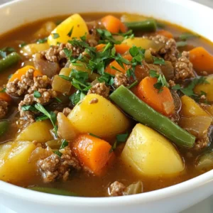 - Ground beef - Vegetables (onion, garlic, carrots, potatoes, green beans) - Diced tomatoes and broth - Seasonings and oils I love using fresh ingredients in my hearty hamburger stew. The main star here is the ground beef. It gives the stew a rich flavor and hearty texture. I recommend using about 1 pound of good-quality ground beef. Next, we have vegetables. These add both taste and nutrition. I use a medium onion, finely diced, and 3 cloves of garlic, minced. They create a strong base of flavor. For a bit of sweetness and color, I add 3 carrots, peeled and sliced into rounds. Potatoes are a must; I use 2 medium potatoes, peeled and diced into cubes. They add creaminess to the stew. Finally, I toss in 1 cup of fresh green beans, trimmed and cut into 1-inch pieces for crunch. Canned ingredients also play a big role. I add 1 can (14 oz) of diced tomatoes with juice. This brings acidity and helps balance the flavors. For liquid, I prefer 4 cups of low-sodium beef broth. It keeps the stew flavorful without being too salty. Seasonings make all the difference. I use 2 tablespoons of extra virgin olive oil to sauté the vegetables. Then, I add 1 tablespoon of Worcestershire sauce, 1 teaspoon of dried thyme, and 1 teaspoon of dried oregano. Salt and black pepper to taste round out the flavor. To finish, I like to garnish with fresh parsley, chopped for a pop of color. With these simple ingredients, you create a cozy, delicious meal that everyone will love. {{ingredient_image_2}} 1. Sauté onions and garlic Start by heating 2 tablespoons of extra virgin olive oil in a large pot over medium heat. Once the oil is hot, add 1 medium onion, finely diced, and 3 cloves of minced garlic. Sauté for about 3-4 minutes. You want the onions to become soft and fragrant. 2. Brown the ground beef Next, add 1 pound of ground beef to the pot. Use a wooden spoon to break it apart. Cook the beef for around 5-6 minutes. Stir occasionally until it turns brown and no longer pink. If there is extra fat, carefully drain it. 1. Incorporate tomatoes and seasonings Stir in 1 can (14 oz) of diced tomatoes along with their juice. Add 1 tablespoon of Worcestershire sauce, 1 teaspoon of dried thyme, and 1 teaspoon of dried oregano. Season with salt and black pepper to taste. Mix well to combine all the flavors. 2. Add broth and vegetables Gradually pour in 4 cups of beef broth. Bring the mixture to a gentle simmer. Once simmering, add 3 sliced carrots, 2 diced potatoes, and 1 cup of fresh green beans. Stir everything together until the vegetables mix evenly with the stew. 1. Simmer to cook through Allow the stew to simmer uncovered for about 25-30 minutes. This time lets the vegetables soften and the stew thicken slightly. 2. Adjust seasoning before serving Before serving, taste the stew. Adjust the seasoning if needed, adding more salt or pepper. Ladle the hot stew into bowls and garnish with freshly chopped parsley for a touch of color. For this hearty hamburger stew, the right seasonings make a big difference. I recommend adding: - 1 teaspoon dried thyme - 1 teaspoon dried oregano - Salt and black pepper to taste These herbs add warmth and depth. When sautéing, heat the olive oil until it shimmers. Add the onions and garlic first. They need time to soften and release their flavors. Stir often to avoid burning them. Using a Dutch oven is best for this stew. Its thick walls hold heat well, making for even cooking. A regular pot works, too, but it may not keep the heat as steady. Simmering is key. It allows flavors to meld and develop. Keep the heat low. Too much boiling can break down the veggies too fast. Garnishing makes your stew look great. I like to sprinkle freshly chopped parsley on top before serving. It adds a pop of color. For serving, use deep bowls. This stew is hearty and filling. Pair it with fresh bread or a simple salad for a complete meal. Enjoy your creation! Pro Tips Use Fresh Ingredients: Opt for fresh vegetables and high-quality beef for the best flavor and texture in your stew. Adjust Seasoning Gradually: Taste your stew as it cooks and adjust the seasonings little by little to avoid overpowering the dish. Let It Rest: Allow the stew to sit for a few minutes after cooking. This helps the flavors meld together for a richer taste. Freeze Leftovers: This stew freezes well, so make extra and store in airtight containers for a quick meal later on. {{image_4}} You can switch up the meat in your hearty hamburger stew. Ground turkey or chicken works great as a leaner choice. These meats still give a yummy flavor and keep the stew filling. If you want a vegetarian option, use lentils or mushrooms. Lentils add protein, while mushrooms give a nice texture that mimics meat. Feel free to experiment with different veggies. You can add bell peppers, peas, or corn for extra color and taste. Seasonal veggies can also make your stew shine. In fall, try adding squash or sweet potatoes. In spring, fresh peas or asparagus add a bright touch. For those who like spice, consider adding chili powder or crushed red pepper. These spices can kick up the heat without losing flavor. If you have kids or others who prefer milder food, keep the seasoning light. You can always serve hot sauce on the side for those who want a bit more heat. To store your hearty hamburger stew, let it cool first. Use an airtight container to keep it fresh. Place it in the fridge. This stew stays good for about three to four days. Make sure to label your container with the date. This way, you can use it before it spoils. To freeze the stew, let it cool completely. Then, pour it into freezer-safe bags or containers. Leave some space at the top for expansion. Seal them tightly to avoid air. The stew can last in the freezer for up to three months. When you want to enjoy it again, take it out of the freezer. Place it in the fridge overnight to thaw. For quick reheating, you can also use a microwave or a pot on the stove. Heat it on low until it’s hot all the way through. Stir occasionally to help it warm evenly. Enjoy your stew! Yes, you can make this stew in a slow cooker. Brown the beef and sauté the onions and garlic first. Then, add all the ingredients to the slow cooker. Cook on low for 6-8 hours or high for 3-4 hours. This method makes the beef very tender. To thicken the stew, you can mash some of the potatoes. Another option is to mix a tablespoon of cornstarch with water, then stir it into the stew. Let it simmer for a few minutes to thicken up nicely. Hearty hamburger stew pairs well with crusty bread or warm rolls. You can also serve it with a simple green salad. For a cozy meal, try a side of mashed potatoes or rice. Yes, leftovers can be reheated easily. Place the stew in a pot on the stove. Heat it on low, stirring occasionally until hot. You can also use a microwave. Just cover the stew and heat in short bursts until warm. This blog post covered all you need to know for making a delicious hamburger stew. We discussed the ingredients, step-by-step instructions, and helpful tips. You learned how to enhance flavors, choose meat alternatives, and variations for vegetables. Remember to store your stew properly to keep it fresh. With these simple steps, you can enjoy this meal any time. I hope you enjoy making and sharing this hearty dish with family and friends!