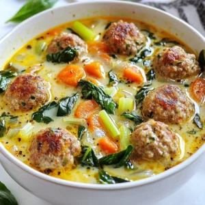 To make this tasty soup, gather these main ingredients: - 1 lb ground beef or turkey - 1/2 cup breadcrumbs - 1/4 cup grated Parmesan cheese - 1 large egg - 2 cloves garlic, minced - 1 tsp Italian seasoning - Salt and pepper to taste - 2 tbsp olive oil - 1 medium onion, finely diced - 2 carrots, peeled and diced - 2 celery sticks, diced - 4 cups low-sodium chicken broth - 1 can (14 oz) diced tomatoes, undrained - 1 cup heavy cream - 1 cup fresh spinach, chopped - Fresh basil leaves for garnish These ingredients create a rich and hearty soup. The meatballs bring protein, while the cream adds a smooth touch. Each bite bursts with flavor. You can make your soup even better with these garnishes: - Fresh basil leaves - Grated Parmesan cheese - Croutons - A drizzle of olive oil These options add color and extra taste. Croutons give a nice crunch, while basil and cheese enhance the dish’s flavor. To boost the soup's taste, consider adding these pantry staples: - Red pepper flakes for heat - Bay leaves for depth - Lemon juice for brightness These ingredients can transform your soup. Red pepper flakes add a kick, while lemon juice brightens the flavors. Don’t be afraid to experiment! {{ingredient_image_2}} To make the meatballs, start by mixing the ground meat with breadcrumbs, grated Parmesan cheese, and a large egg. Add minced garlic and Italian seasoning for flavor. Don’t forget a pinch of salt and pepper. Use your hands or a fork to mix everything well. You want a smooth and even texture. Once mixed, roll the meat mixture into small balls, about 1 inch in size. Place the meatballs on a plate and set them aside. This step makes sure they are ready for cooking. Next, heat olive oil in a large pot over medium heat. When the oil is hot, add diced onion, carrots, and celery. Sauté these vegetables for about 5 minutes. They will soften and smell great. Stir them often to avoid burning. This step builds a flavorful base for the soup. Now it’s time to cook the soup. Gently add the meatballs to the pot. Be careful not to overcrowd them. Brown the meatballs on all sides for 5 to 7 minutes. You may need to do this in batches. Once browned, pour in the chicken broth and the undrained diced tomatoes. Stir everything together and bring it to a gentle simmer. Let the soup cook for 15 minutes. This helps the meatballs cook through and absorb the flavors. After 15 minutes, stir in heavy cream for a rich texture. Let it simmer for another 5 minutes. Finally, add chopped fresh spinach and cook for 2 minutes until it wilts. Taste and adjust seasoning if needed. Serve hot with fresh basil on top for a perfect finish. To make great meatballs, use fresh ingredients. Combine the ground meat with breadcrumbs, egg, and seasonings. Mix gently, but do not overwork it; this keeps them tender. Roll the meat into balls about one inch wide. This size helps them cook evenly and stay juicy. For a rich, creamy soup, use heavy cream. Add it to the soup after the meatballs cook. Let it simmer for a few minutes to blend the flavors. Stir gently to avoid breaking the meatballs. You can also add a bit of cheese for extra creaminess, like Parmesan. One mistake is overcrowding the pot with meatballs. This can cause them to steam instead of brown. Brown them in batches for the best texture. Another mistake is skipping the simmer time. This time lets the meatballs soak up the soup's flavor. Also, be careful with salt. Taste the soup before adding more; the broth and cheese can be salty. Pro Tips Use Fresh Herbs: Fresh basil not only enhances the flavor but also adds a beautiful presentation to your soup. Sprinkle some just before serving for the best aroma. Adjust the Creaminess: If you prefer a lighter soup, reduce the amount of heavy cream or substitute it with half-and-half or milk for a less rich option. Meatball Variations: Feel free to experiment with different proteins or add herbs like parsley or oregano to the meatball mixture for an extra flavor boost. Leftover Storage: This soup keeps well in the refrigerator for a few days. Reheat gently on the stove to maintain the creaminess of the broth. {{image_4}} You can change the meat to fit your taste. Ground turkey works well if you want a lighter soup. If you prefer beef, use ground sirloin for a rich flavor. You can even try ground chicken for a unique twist. Each meat adds different flavors, so feel free to experiment! To make this soup meat-free, use plant-based meat crumbles. They give a similar texture and flavor. You can also create veggie meatballs with beans or lentils. Just mix them with breadcrumbs, spices, and some mashed vegetables. This way, you keep the heartiness while skipping the meat. Boost the nutrition by adding more veggies. Consider bell peppers, zucchini, or mushrooms. They all add flavor and color. You can also try different spices for a kick. A pinch of red pepper flakes or some Italian herbs can enhance the taste. Don’t be afraid to get creative with what you have! After enjoying your creamy Italian meatball soup, let it cool down. Use an airtight container to store the leftovers. Make sure to keep it in the fridge. This soup stays fresh for up to three days. If you want to keep it longer, consider freezing it. When you are ready to enjoy the soup again, reheating is key. Pour the soup into a pot. Heat it over medium-low heat. Stir it often to prevent it from sticking. You can also use the microwave. Heat it in short intervals, stirring in between. This helps keep the texture creamy. Freezing this soup is a great idea for quick meals. First, cool the soup completely. Then, divide it into portions. Use freezer-safe bags or containers. Label them with the date. You can freeze the soup for up to three months. When you want to eat it, thaw it overnight in the fridge. Then, reheat it as mentioned above for a delicious meal. Yes, you can use different types of broth. Vegetable broth works well for a lighter flavor. Beef broth adds a richer taste. Just pick a broth that matches your meat choice. To make this soup dairy-free, swap heavy cream with coconut milk or cashew cream. These options keep the soup rich and creamy. You can also use dairy-free cheese for extra flavor. This soup pairs nicely with crusty bread or a fresh green salad. Garlic bread complements the creamy soup well. You can also try serving it with a light pasta dish for a heartier meal. The soup lasts about 3 to 4 days in the fridge. Store it in an airtight container to keep it fresh. Reheat it on the stove or in the microwave before serving. Yes, you can prepare the meatballs in advance. Form them and store them in the fridge for up to 24 hours. You can also freeze them for longer storage. Just cook them straight from frozen when ready to use. This blog post covered how to make Creamy Italian Meatball Soup from start to finish. We explored vital ingredients, step-by-step instructions, and helpful tips. You learned how to avoid mistakes and make variations suited to your taste. Don't forget the storage tips for keeping your soup fresh and tasty. With these insights, you can create a delicious soup that's comforting and easy. Enjoy making this dish and sharing it with friends and family. Trust me, it will become a favorite in your home!