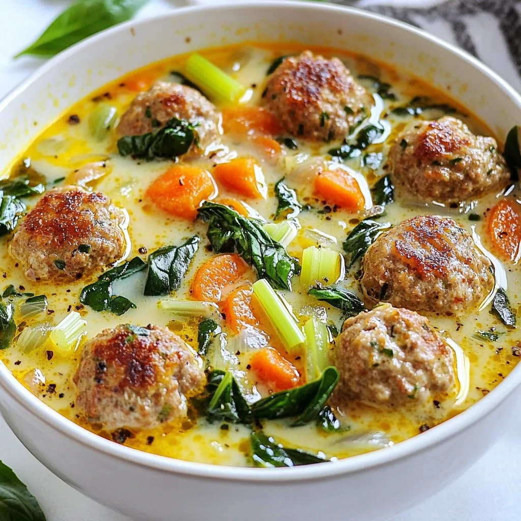 To make this tasty soup, gather these main ingredients: - 1 lb ground beef or turkey - 1/2 cup breadcrumbs - 1/4 cup grated Parmesan cheese - 1 large egg - 2 cloves garlic, minced - 1 tsp Italian seasoning - Salt and pepper to taste - 2 tbsp olive oil - 1 medium onion, finely diced - 2 carrots, peeled and diced - 2 celery sticks, diced - 4 cups low-sodium chicken broth - 1 can (14 oz) diced tomatoes, undrained - 1 cup heavy cream - 1 cup fresh spinach, chopped - Fresh basil leaves for garnish These ingredients create a rich and hearty soup. The meatballs bring protein, while the cream adds a smooth touch. Each bite bursts with flavor. You can make your soup even better with these garnishes: - Fresh basil leaves - Grated Parmesan cheese - Croutons - A drizzle of olive oil These options add color and extra taste. Croutons give a nice crunch, while basil and cheese enhance the dish’s flavor. To boost the soup's taste, consider adding these pantry staples: - Red pepper flakes for heat - Bay leaves for depth - Lemon juice for brightness These ingredients can transform your soup. Red pepper flakes add a kick, while lemon juice brightens the flavors. Don’t be afraid to experiment! {{ingredient_image_2}} To make the meatballs, start by mixing the ground meat with breadcrumbs, grated Parmesan cheese, and a large egg. Add minced garlic and Italian seasoning for flavor. Don’t forget a pinch of salt and pepper. Use your hands or a fork to mix everything well. You want a smooth and even texture. Once mixed, roll the meat mixture into small balls, about 1 inch in size. Place the meatballs on a plate and set them aside. This step makes sure they are ready for cooking. Next, heat olive oil in a large pot over medium heat. When the oil is hot, add diced onion, carrots, and celery. Sauté these vegetables for about 5 minutes. They will soften and smell great. Stir them often to avoid burning. This step builds a flavorful base for the soup. Now it’s time to cook the soup. Gently add the meatballs to the pot. Be careful not to overcrowd them. Brown the meatballs on all sides for 5 to 7 minutes. You may need to do this in batches. Once browned, pour in the chicken broth and the undrained diced tomatoes. Stir everything together and bring it to a gentle simmer. Let the soup cook for 15 minutes. This helps the meatballs cook through and absorb the flavors. After 15 minutes, stir in heavy cream for a rich texture. Let it simmer for another 5 minutes. Finally, add chopped fresh spinach and cook for 2 minutes until it wilts. Taste and adjust seasoning if needed. Serve hot with fresh basil on top for a perfect finish. To make great meatballs, use fresh ingredients. Combine the ground meat with breadcrumbs, egg, and seasonings. Mix gently, but do not overwork it; this keeps them tender. Roll the meat into balls about one inch wide. This size helps them cook evenly and stay juicy. For a rich, creamy soup, use heavy cream. Add it to the soup after the meatballs cook. Let it simmer for a few minutes to blend the flavors. Stir gently to avoid breaking the meatballs. You can also add a bit of cheese for extra creaminess, like Parmesan. One mistake is overcrowding the pot with meatballs. This can cause them to steam instead of brown. Brown them in batches for the best texture. Another mistake is skipping the simmer time. This time lets the meatballs soak up the soup's flavor. Also, be careful with salt. Taste the soup before adding more; the broth and cheese can be salty. Pro Tips Use Fresh Herbs: Fresh basil not only enhances the flavor but also adds a beautiful presentation to your soup. Sprinkle some just before serving for the best aroma. Adjust the Creaminess: If you prefer a lighter soup, reduce the amount of heavy cream or substitute it with half-and-half or milk for a less rich option. Meatball Variations: Feel free to experiment with different proteins or add herbs like parsley or oregano to the meatball mixture for an extra flavor boost. Leftover Storage: This soup keeps well in the refrigerator for a few days. Reheat gently on the stove to maintain the creaminess of the broth. {{image_4}} You can change the meat to fit your taste. Ground turkey works well if you want a lighter soup. If you prefer beef, use ground sirloin for a rich flavor. You can even try ground chicken for a unique twist. Each meat adds different flavors, so feel free to experiment! To make this soup meat-free, use plant-based meat crumbles. They give a similar texture and flavor. You can also create veggie meatballs with beans or lentils. Just mix them with breadcrumbs, spices, and some mashed vegetables. This way, you keep the heartiness while skipping the meat. Boost the nutrition by adding more veggies. Consider bell peppers, zucchini, or mushrooms. They all add flavor and color. You can also try different spices for a kick. A pinch of red pepper flakes or some Italian herbs can enhance the taste. Don’t be afraid to get creative with what you have! After enjoying your creamy Italian meatball soup, let it cool down. Use an airtight container to store the leftovers. Make sure to keep it in the fridge. This soup stays fresh for up to three days. If you want to keep it longer, consider freezing it. When you are ready to enjoy the soup again, reheating is key. Pour the soup into a pot. Heat it over medium-low heat. Stir it often to prevent it from sticking. You can also use the microwave. Heat it in short intervals, stirring in between. This helps keep the texture creamy. Freezing this soup is a great idea for quick meals. First, cool the soup completely. Then, divide it into portions. Use freezer-safe bags or containers. Label them with the date. You can freeze the soup for up to three months. When you want to eat it, thaw it overnight in the fridge. Then, reheat it as mentioned above for a delicious meal. Yes, you can use different types of broth. Vegetable broth works well for a lighter flavor. Beef broth adds a richer taste. Just pick a broth that matches your meat choice. To make this soup dairy-free, swap heavy cream with coconut milk or cashew cream. These options keep the soup rich and creamy. You can also use dairy-free cheese for extra flavor. This soup pairs nicely with crusty bread or a fresh green salad. Garlic bread complements the creamy soup well. You can also try serving it with a light pasta dish for a heartier meal. The soup lasts about 3 to 4 days in the fridge. Store it in an airtight container to keep it fresh. Reheat it on the stove or in the microwave before serving. Yes, you can prepare the meatballs in advance. Form them and store them in the fridge for up to 24 hours. You can also freeze them for longer storage. Just cook them straight from frozen when ready to use. This blog post covered how to make Creamy Italian Meatball Soup from start to finish. We explored vital ingredients, step-by-step instructions, and helpful tips. You learned how to avoid mistakes and make variations suited to your taste. Don't forget the storage tips for keeping your soup fresh and tasty. With these insights, you can create a delicious soup that's comforting and easy. Enjoy making this dish and sharing it with friends and family. Trust me, it will become a favorite in your home!