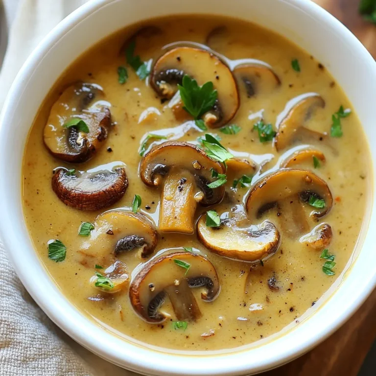 - 1 pound fresh mushrooms (shiitake or cremini) - 1 medium onion, finely chopped - 3 cloves garlic, minced - 4 cups vegetable broth - 1 cup milk (dairy or plant-based) - 2 tablespoons olive oil - 2 tablespoons all-purpose flour - 2 teaspoons sweet Hungarian paprika - 1 teaspoon dried thyme - Salt and freshly cracked black pepper - Fresh parsley, chopped - 1 tablespoon freshly squeezed lemon juice - Plant-based milk alternatives - Extra toppings like croutons or additional herbs Hungarian mushroom soup shines with its rich flavors. The main ingredients create a warm base. Fresh mushrooms, like shiitake or cremini, bring depth. Onions and garlic add sweetness and aroma. Vegetable broth makes the soup hearty. Milk adds creaminess and smoothness. Olive oil and flour help thicken the soup. For seasoning, sweet Hungarian paprika is key. It gives the soup its signature taste. Dried thyme adds an earthy note. Season with salt and black pepper to your liking. Fresh parsley brightens the dish as a garnish. A splash of lemon juice brings freshness and balance. Consider optional ingredients to enhance your soup. You can use plant-based milk for a vegan option. Top with croutons or extra herbs for added flavor and texture. Each ingredient plays a role in making this soup a delightful treat. {{ingredient_image_2}} 1. First, grab a large pot. Heat 2 tablespoons of olive oil over medium heat. 2. When the oil shimmers, add 1 finely chopped onion. Cook for 5 minutes. Stir it often. 3. Next, add 3 minced garlic cloves. Sauté for 1 minute until it smells great. 4. Now, add 1 pound of sliced mushrooms. Stir them well and cook for about 8 minutes. 5. Keep cooking until the mushrooms turn golden brown and release their moisture. 1. Sprinkle 2 tablespoons of flour over the mushroom mix. Stir it well for about 2 minutes. 2. This step helps thicken the soup. Slowly pour in 4 cups of vegetable broth. 3. Whisk the mixture as you pour. This helps avoid lumps. 4. Raise the heat to a gentle simmer and add 2 teaspoons of sweet Hungarian paprika. 5. Add 1 teaspoon of dried thyme and season with salt and black pepper to taste. 6. Let the soup simmer for about 10 minutes. This helps the flavors come together. 1. Lower the heat to medium-low. Stir in 1 cup of milk, heating it through for 5-7 minutes. 2. Taste the soup. Adjust the seasoning if needed. 3. Finally, add 1 tablespoon of freshly squeezed lemon juice. Stir it in before serving. 4. Ladle the soup into bowls. Top with chopped fresh parsley for a nice touch. - Best mushrooms to use for flavor: I recommend shiitake or cremini mushrooms. They give a deep flavor that makes the soup rich. You can also use button mushrooms if you want a milder taste. - Dairy vs. plant-based milk options: You can use regular milk or any plant-based milk you like. Almond, oat, or soy milk work well. Use unsweetened options for the best taste. - How to sauté without burning: Keep your heat at medium. Stir often to prevent burning. If you see smoke, lower the heat. - Tips for preventing lumps in soup: Pour the broth in slowly while whisking. This helps mix everything smoothly. If you see lumps, keep stirring until they disappear. - Importance of fresh herbs: Fresh herbs add great flavor. Always use them if you can. Add parsley or thyme at the end for a pop of taste. - Using homemade broth vs. store-bought: Homemade broth gives the best flavor. It’s richer and more tasty. If you use store-bought, go for low-sodium options to control the salt level. Pro Tips Use Fresh Mushrooms: Fresh mushrooms provide the best flavor. Shiitake or cremini mushrooms are recommended for their depth and richness. Make Your Own Broth: Homemade vegetable broth enhances the soup's flavor significantly. If using store-bought, opt for low-sodium to control salt levels. Adjust the Creaminess: Feel free to substitute the milk with a plant-based alternative, such as almond or oat milk, to cater to dietary preferences. Don't Skip the Lemon Juice: Adding freshly squeezed lemon juice at the end brightens up the soup and balances the flavors beautifully. {{image_4}} You can make Hungarian mushroom soup even better with simple add-ins. Try adding greens like spinach. Spinach adds a nice color and extra nutrients. Just stir it in during the last few minutes of cooking. You can also add protein options. Tofu or beans work well. They make the soup heartier. If you use tofu, press it first to remove extra water. Cube it and add it with the mushrooms. For beans, add them in the last few minutes to heat through. If you need gluten-free options, use cornstarch instead of flour. Mix it with a little broth before adding it to the soup. This will thicken the soup without gluten. For vegan adaptations, switch the milk for plant-based milk. Almond or oat milk adds a nice creaminess. Use vegetable broth to keep it vegan. Always check the labels for hidden animal products. Hungarian mushroom soup has many versions. Each family may have its own twist. Some use different mushrooms like button or portobello. Others might add a splash of white wine for depth. This soup is more than just food. It has cultural significance, representing warmth and community. It often appears in family gatherings and celebrations. Sharing a bowl connects everyone, making it a special dish. To store leftover soup, let it cool first. Transfer the soup to airtight containers. I recommend glass or BPA-free plastic containers. They keep the soup fresh and let you see what's inside. Label the containers with the date. This helps you keep track of how long it’s been stored. To freeze the soup safely, use freezer-safe containers or heavy-duty freezer bags. Leave some space at the top, as soup expands when frozen. Seal the bags tightly to prevent air from getting in. For thawing, place the soup in the fridge overnight. You can also run the bag under cold water if you're in a hurry. Reheat the soup on the stove over low heat. Stir it often to heat evenly. In the fridge, this soup lasts about 3 to 5 days. If it looks or smells off, it's best to toss it. Signs that the soup has gone bad include mold, an off smell, or a strange taste. Always trust your senses. If something seems off, it's safer to throw it away. For the best flavor, I recommend using shiitake or cremini mushrooms. These types add a deep, rich taste. Shiitake mushrooms bring an earthy note, while cremini add a slight sweetness. Both types also provide a nice texture that enhances the soup. If you can’t find those, white button mushrooms work, but they may be milder. Yes, you can make this soup ahead of time. It tastes even better the next day! To prep, cook the soup and let it cool. Store it in an airtight container in the fridge for up to three days. When you’re ready to eat, just reheat it on the stove over low heat. Stir often to keep it smooth. This soup pairs well with crusty bread or a fresh salad. You can serve it with a slice of sourdough for dipping. A simple green salad with a tangy vinaigrette will balance the rich flavors. For an extra touch, sprinkle some paprika on top before serving. It adds color and taste! Making Hungarian mushroom soup is easy and rewarding. You learned about key ingredients like fresh mushrooms, onion, and vegetable broth. Following the step-by-step instructions ensures a tasty meal every time. Tips on ingredient swaps and cooking tricks can enhance your flavor. Variations allow you to customize based on dietary needs. Remember to store leftovers correctly so you can enjoy your soup later. With this knowledge, you can confidently create your own delicious bowl of soup. Enjoy the warmth and comfort it brings.