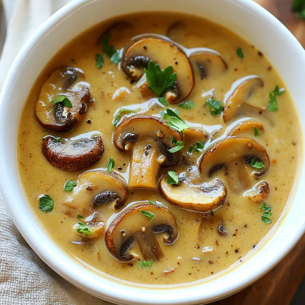 - 1 pound fresh mushrooms (shiitake or cremini) - 1 medium onion, finely chopped - 3 cloves garlic, minced - 4 cups vegetable broth - 1 cup milk (dairy or plant-based) - 2 tablespoons olive oil - 2 tablespoons all-purpose flour - 2 teaspoons sweet Hungarian paprika - 1 teaspoon dried thyme - Salt and freshly cracked black pepper - Fresh parsley, chopped - 1 tablespoon freshly squeezed lemon juice - Plant-based milk alternatives - Extra toppings like croutons or additional herbs Hungarian mushroom soup shines with its rich flavors. The main ingredients create a warm base. Fresh mushrooms, like shiitake or cremini, bring depth. Onions and garlic add sweetness and aroma. Vegetable broth makes the soup hearty. Milk adds creaminess and smoothness. Olive oil and flour help thicken the soup. For seasoning, sweet Hungarian paprika is key. It gives the soup its signature taste. Dried thyme adds an earthy note. Season with salt and black pepper to your liking. Fresh parsley brightens the dish as a garnish. A splash of lemon juice brings freshness and balance. Consider optional ingredients to enhance your soup. You can use plant-based milk for a vegan option. Top with croutons or extra herbs for added flavor and texture. Each ingredient plays a role in making this soup a delightful treat. {{ingredient_image_2}} 1. First, grab a large pot. Heat 2 tablespoons of olive oil over medium heat. 2. When the oil shimmers, add 1 finely chopped onion. Cook for 5 minutes. Stir it often. 3. Next, add 3 minced garlic cloves. Sauté for 1 minute until it smells great. 4. Now, add 1 pound of sliced mushrooms. Stir them well and cook for about 8 minutes. 5. Keep cooking until the mushrooms turn golden brown and release their moisture. 1. Sprinkle 2 tablespoons of flour over the mushroom mix. Stir it well for about 2 minutes. 2. This step helps thicken the soup. Slowly pour in 4 cups of vegetable broth. 3. Whisk the mixture as you pour. This helps avoid lumps. 4. Raise the heat to a gentle simmer and add 2 teaspoons of sweet Hungarian paprika. 5. Add 1 teaspoon of dried thyme and season with salt and black pepper to taste. 6. Let the soup simmer for about 10 minutes. This helps the flavors come together. 1. Lower the heat to medium-low. Stir in 1 cup of milk, heating it through for 5-7 minutes. 2. Taste the soup. Adjust the seasoning if needed. 3. Finally, add 1 tablespoon of freshly squeezed lemon juice. Stir it in before serving. 4. Ladle the soup into bowls. Top with chopped fresh parsley for a nice touch. - Best mushrooms to use for flavor: I recommend shiitake or cremini mushrooms. They give a deep flavor that makes the soup rich. You can also use button mushrooms if you want a milder taste. - Dairy vs. plant-based milk options: You can use regular milk or any plant-based milk you like. Almond, oat, or soy milk work well. Use unsweetened options for the best taste. - How to sauté without burning: Keep your heat at medium. Stir often to prevent burning. If you see smoke, lower the heat. - Tips for preventing lumps in soup: Pour the broth in slowly while whisking. This helps mix everything smoothly. If you see lumps, keep stirring until they disappear. - Importance of fresh herbs: Fresh herbs add great flavor. Always use them if you can. Add parsley or thyme at the end for a pop of taste. - Using homemade broth vs. store-bought: Homemade broth gives the best flavor. It’s richer and more tasty. If you use store-bought, go for low-sodium options to control the salt level. Pro Tips Use Fresh Mushrooms: Fresh mushrooms provide the best flavor. Shiitake or cremini mushrooms are recommended for their depth and richness. Make Your Own Broth: Homemade vegetable broth enhances the soup's flavor significantly. If using store-bought, opt for low-sodium to control salt levels. Adjust the Creaminess: Feel free to substitute the milk with a plant-based alternative, such as almond or oat milk, to cater to dietary preferences. Don't Skip the Lemon Juice: Adding freshly squeezed lemon juice at the end brightens up the soup and balances the flavors beautifully. {{image_4}} You can make Hungarian mushroom soup even better with simple add-ins. Try adding greens like spinach. Spinach adds a nice color and extra nutrients. Just stir it in during the last few minutes of cooking. You can also add protein options. Tofu or beans work well. They make the soup heartier. If you use tofu, press it first to remove extra water. Cube it and add it with the mushrooms. For beans, add them in the last few minutes to heat through. If you need gluten-free options, use cornstarch instead of flour. Mix it with a little broth before adding it to the soup. This will thicken the soup without gluten. For vegan adaptations, switch the milk for plant-based milk. Almond or oat milk adds a nice creaminess. Use vegetable broth to keep it vegan. Always check the labels for hidden animal products. Hungarian mushroom soup has many versions. Each family may have its own twist. Some use different mushrooms like button or portobello. Others might add a splash of white wine for depth. This soup is more than just food. It has cultural significance, representing warmth and community. It often appears in family gatherings and celebrations. Sharing a bowl connects everyone, making it a special dish. To store leftover soup, let it cool first. Transfer the soup to airtight containers. I recommend glass or BPA-free plastic containers. They keep the soup fresh and let you see what's inside. Label the containers with the date. This helps you keep track of how long it’s been stored. To freeze the soup safely, use freezer-safe containers or heavy-duty freezer bags. Leave some space at the top, as soup expands when frozen. Seal the bags tightly to prevent air from getting in. For thawing, place the soup in the fridge overnight. You can also run the bag under cold water if you're in a hurry. Reheat the soup on the stove over low heat. Stir it often to heat evenly. In the fridge, this soup lasts about 3 to 5 days. If it looks or smells off, it's best to toss it. Signs that the soup has gone bad include mold, an off smell, or a strange taste. Always trust your senses. If something seems off, it's safer to throw it away. For the best flavor, I recommend using shiitake or cremini mushrooms. These types add a deep, rich taste. Shiitake mushrooms bring an earthy note, while cremini add a slight sweetness. Both types also provide a nice texture that enhances the soup. If you can’t find those, white button mushrooms work, but they may be milder. Yes, you can make this soup ahead of time. It tastes even better the next day! To prep, cook the soup and let it cool. Store it in an airtight container in the fridge for up to three days. When you’re ready to eat, just reheat it on the stove over low heat. Stir often to keep it smooth. This soup pairs well with crusty bread or a fresh salad. You can serve it with a slice of sourdough for dipping. A simple green salad with a tangy vinaigrette will balance the rich flavors. For an extra touch, sprinkle some paprika on top before serving. It adds color and taste! Making Hungarian mushroom soup is easy and rewarding. You learned about key ingredients like fresh mushrooms, onion, and vegetable broth. Following the step-by-step instructions ensures a tasty meal every time. Tips on ingredient swaps and cooking tricks can enhance your flavor. Variations allow you to customize based on dietary needs. Remember to store leftovers correctly so you can enjoy your soup later. With this knowledge, you can confidently create your own delicious bowl of soup. Enjoy the warmth and comfort it brings.