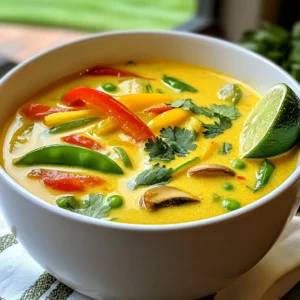 To create this tasty Spicy Thai Coconut Curry Soup, you will need: - 1 tablespoon coconut oil - 1 medium onion, diced - 3 cloves garlic, minced - 1 tablespoon fresh ginger, finely grated - 2 tablespoons red curry paste - 1 can (400ml) coconut milk - 4 cups vegetable broth - 1 cup bell peppers, sliced (red, yellow, or green) - 1 cup snap peas, trimmed - 1 cup mushrooms, sliced (shiitake or button) - 1 tablespoon soy sauce or tamari (gluten-free option) - 1 tablespoon fresh lime juice - Fresh basil leaves and cilantro sprigs for garnish - Salt to taste - Chili flakes (optional) Using fresh ingredients makes your soup vibrant and full of flavor. Fresh garlic and ginger add a strong aroma and taste. Fresh herbs like basil and cilantro give a bright finish. Dried ingredients, like curry paste, offer convenience and longer shelf life. You can use dried herbs in a pinch, but fresh always shines. If you lack any ingredients, don't worry! Here are some swaps: - Coconut oil can be replaced with olive oil or butter. - Any onion type works, though yellow onion is best for flavor. - If you don’t have fresh ginger, use 1 teaspoon of ground ginger instead. - Red curry paste can be swapped with green curry paste for a different taste. - Vegetable broth can be replaced with chicken broth for non-vegetarians. - For mushrooms, use any type you like, such as portobello or cremini. - Lime juice can be swapped with lemon juice for a similar tang. Feel free to get creative! This soup is forgiving and adapts well to your tastes. {{ingredient_image_2}} 1. Start by gathering all your ingredients. This helps keep your cooking smooth. 2. Dice the onion, mince the garlic, and grate the ginger. Set them aside. 3. Slice the bell peppers and mushrooms. Trim the snap peas. These add color and texture. 4. Measure out the coconut milk, broth, and other liquids. This saves time later. 1. In a large pot, heat 1 tablespoon of coconut oil over medium heat. Wait until it shimmers. 2. Add the diced onion and sauté for about 5 minutes. Stir until the onion is clear. 3. Mix in the minced garlic and grated ginger. Sauté for 1 minute until fragrant. 4. Stir in 2 tablespoons of red curry paste. Cook it for 2-3 minutes to blend the flavors. 5. Pour in 1 can of coconut milk and 4 cups of vegetable broth. Stir well to mix everything. 6. Bring the mixture to a gentle simmer. This allows the flavors to mingle. 7. Add the sliced bell peppers, snap peas, and mushrooms. Let it simmer for 10-15 minutes. 8. When the veggies are tender, stir in 1 tablespoon of soy sauce or tamari. 9. Add 1 tablespoon of fresh lime juice and salt to taste. If you like heat, sprinkle chili flakes. 1. Ladle the soup into deep bowls. This makes for a hearty serving. 2. Top with fresh basil leaves and cilantro sprigs. They add a burst of flavor. 3. Serve hot, and consider adding a slice of lime on the side. This adds extra zest! To boost the flavor of your Spicy Thai Coconut Curry Soup, use fresh herbs. Fresh basil and cilantro add a bright touch. You can also add lime zest for extra zing. Another trick is to toast the red curry paste. Heat it in the coconut oil for a minute before adding other ingredients. This brings out more flavor. If you want more heat, add chili flakes or fresh chilies. Start with a little and taste as you go. If the soup becomes too spicy, add more coconut milk to cool it down. A dollop of yogurt can also help tame the heat. Balance is key, so find what works best for you! One common mistake is overcooking the veggies. Make sure they stay crisp and colorful. Another error is not tasting as you cook. Always check the seasoning and adjust it. Lastly, don’t skip the lime juice. It brightens the dish and ties all the flavors together. Enjoy cooking! Pro Tips Use Fresh Ingredients: Fresh vegetables and herbs enhance the flavor and nutrition of your soup. Opt for seasonal produce whenever possible. Adjust the Spice Level: If you prefer a milder soup, start with less red curry paste and gradually add more to taste. You can always add more heat, but it's tough to tone it down! Make it a Meal: For a heartier version, consider adding protein such as tofu, chicken, or shrimp. Just adjust cooking times accordingly to ensure everything is cooked through. Storage Tips: This soup can be stored in the refrigerator for up to 3 days. For longer storage, freeze in airtight containers and reheat as needed. {{image_4}} You can easily make this soup vegan. Use vegetable broth and coconut milk, which are already vegan-friendly. Skip the soy sauce if you want to avoid gluten, or use gluten-free tamari. You can also add more veggies like carrots or zucchini. They add great flavor and nutrients. If you want protein, add tofu or chicken. For tofu, use firm or extra-firm. Cut it into cubes and sauté it until golden before adding it to the soup. If you prefer chicken, use bite-sized pieces. Cook the chicken in the pot after the onions. This will keep it juicy and tender. Feel free to mix and match your favorite veggies. Use bok choy, spinach, or even corn. Just make sure to add them at the right time. Quick-cooking veggies, like spinach, should go in near the end. This way, they stay bright and fresh. Enjoy experimenting with different flavors and textures! To keep your Spicy Thai Coconut Curry Soup fresh, store it in an airtight container. Let the soup cool to room temperature before sealing it. This helps avoid condensation that can make the soup watery. You can keep it in the fridge for about 3 to 4 days. Always label the container with the date to track freshness. For longer storage, you can freeze the soup. Use freezer-safe containers or bags and leave some space for expansion. The soup can last up to 3 months in the freezer. When you’re ready to eat it, thaw it in the fridge overnight. Reheating your soup is simple. You can use a pot on the stove over low heat, stirring often. If you're in a hurry, a microwave works well too. Heat it in short bursts, stirring in between to ensure it warms evenly. Adjust the consistency with a splash of broth if needed. Enjoy your flavorful soup any time! To make your soup creamier, try adding more coconut milk. You can also mix in some nut butter, like almond or cashew. For extra richness, consider adding a splash of heavy cream or sour cream. Each option will deepen the flavor and give it a silky texture. The spice level depends on the red curry paste you use. Most brands offer a mild to medium heat. If you prefer it spicier, add more curry paste or sprinkle in chili flakes. Start with a little and taste as you go. Remember, you can always add more, but it’s hard to tone it down! Yes, you can make this soup ahead of time. It stays tasty in the fridge for about 3-4 days. Just reheat it gently on the stove when you're ready to eat. If you plan to freeze it, leave out the fresh herbs. Add those right before serving for the best flavor. You can use many types of vegetables. Try carrots, zucchini, or spinach for a twist. Just make sure they cook well and add color. Cut them into small pieces for even cooking. You can use what you have on hand. Yes, just use gluten-free soy sauce or tamari. All other ingredients are usually gluten-free. Always check labels to be sure. This way, you can enjoy the soup without any worries. You can add tofu, chicken, or shrimp for extra protein. For tofu, use firm tofu and cube it before adding. If you choose chicken or shrimp, cook them separately and add them in at the end. This keeps them tender and juicy. Serve it with rice or noodles for a full meal. You can also pair it with a fresh salad. A slice of lime on the side brightens the flavors. This makes for a delightful and colorful meal. In this post, we covered everything about making a great soup. We went over the full list of ingredients, including fresh and dried options, and tips for substitutions. I shared step-by-step cooking instructions, from prep to serving. You found tips to enhance flavor and avoid common mistakes. We also explored variations for different diets and discussed best storage practices. Remember, making this soup is easy and fun. Try your own twists with flavors and ingredients. Enjoy each bowl!