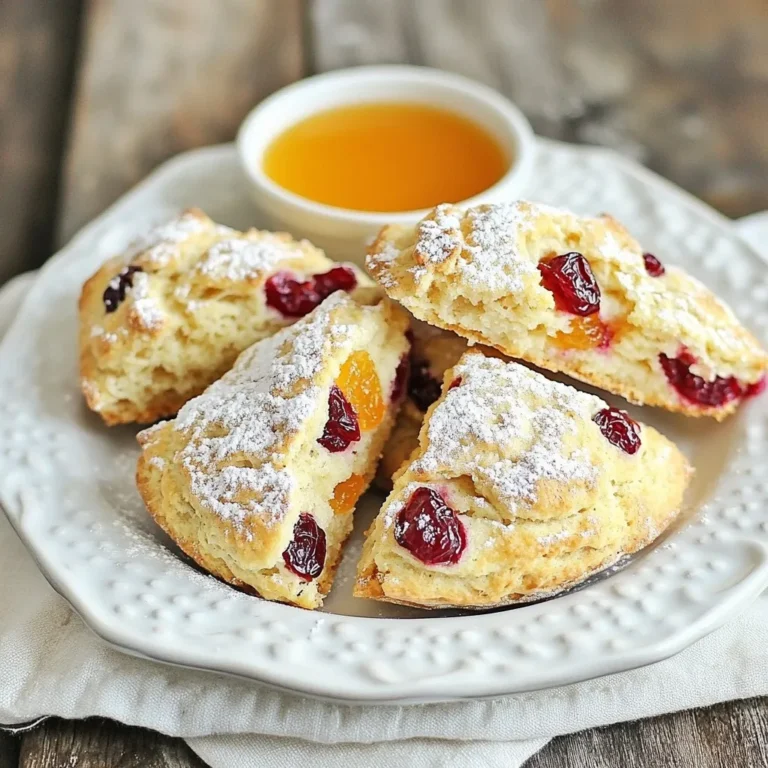 To make cranberry orange scones, gather these key items: - 2 cups all-purpose flour - 1/3 cup granulated sugar - 1 tablespoon baking powder - 1/2 teaspoon salt - 1/4 cup cold unsalted butter, cut into small cubes - 1/2 cup dried cranberries, chopped if large - Zest from 1 large orange, finely grated - 1/2 cup heavy cream - 1 large egg - 1 teaspoon pure vanilla extract - 1/4 cup freshly squeezed orange juice You can easily swap some ingredients based on your taste or needs: - Use whole wheat flour instead of all-purpose flour for a hearty texture. - Substitute coconut sugar for granulated sugar for a different sweetness. - Baking soda can replace baking powder; use 1/2 teaspoon and add 1 teaspoon of vinegar. - Replace heavy cream with almond milk for a lighter option. - For a dairy-free version, use vegan butter instead of cold unsalted butter. Choosing the right ingredients is key to great scones: - Flour: Look for unbleached all-purpose flour for better flavor. - Butter: Use high-quality unsalted butter for rich taste. Cold butter helps create flakiness. - Cranberries: Opt for plump, unsweetened dried cranberries for vibrant flavor. - Oranges: Choose organic oranges for zest to avoid pesticides. Freshly squeeze the juice for natural taste. - Eggs: Use fresh, organic eggs for the best texture and nutrition. These tips ensure you create the best cranberry orange scones every time! {{ingredient_image_2}} To make these cranberry orange scones, you start with simple steps. First, gather all your ingredients. Preheat your oven to 400°F (200°C). Line a baking sheet with parchment paper. This will help prevent the scones from sticking. 1. In a large bowl, mix the flour, sugar, baking powder, and salt. Whisk well until fluffy. 2. Add the cold butter cubes to the flour mix. Use a pastry cutter or your fingertips to blend until it looks like coarse crumbs. 3. Fold in the dried cranberries and the orange zest. Mix gently so everything is well distributed. 4. In another bowl, whisk together the cream, egg, vanilla, and orange juice until smooth. 5. Pour the wet mix into the dry ingredients. Stir just until moistened. A slightly sticky dough is perfect. 6. Lightly flour your surface. Turn out the dough and knead it gently a few times. Shape it into a disc, about 1 inch thick. 7. Cut the disc into 8 wedges with a sharp knife. Place them on the baking sheet, spaced about 2 inches apart. 8. Bake for 15 to 18 minutes. Look for a golden top and a clean toothpick when inserted. 9. Let the scones cool on the baking sheet for a few minutes. Then, transfer them to a wire rack to cool completely. - Do not overmix the dough. This makes the scones tough. - Use cold butter. This keeps the scones flaky. - Ensure the oven is preheated. An oven that is too cool may lead to uneven baking. - Space the scones apart. They need room to rise and bake evenly. To get the best texture for your scones, avoid overmixing. Mix until just combined. A slightly sticky dough is what you want. This helps keep your scones tender and light. Use cold butter for a flaky result. Cut it into the flour until it looks like small peas. This step is key for that perfect bite. Store your scones in an airtight container. This keeps them fresh for a few days. If you want to enjoy them later, freeze them. Wrap each scone in plastic wrap, then place them in a freezer bag. To reheat, pop them in a preheated oven at 350°F (175°C) for about 10 minutes. They'll taste just like fresh! When mixing the dough, use a gentle hand. Combine the wet and dry ingredients, but don’t overdo it. Stir just until the flour disappears. If you see dry spots, it’s okay. You can knead it lightly on a floured surface. This brings the dough together without toughening it. Remember, the goal is a tender scone, not a tough biscuit! Pro Tips Use Cold Butter: Ensure your butter is very cold to achieve the light and flaky texture that scones are known for. This helps create steam pockets as they bake. Don't Overmix: When combining the wet and dry ingredients, mix just until moistened. Overmixing can lead to dense scones instead of light and airy ones. Chill the Dough: If time allows, chill the shaped scone dough for about 15 minutes before baking. This helps them keep their shape and enhances the texture. Experiment with Add-ins: Feel free to customize your scones by adding nuts, chocolate chips, or different dried fruits to create your perfect flavor combination. {{image_4}} You can enhance your cranberry orange scones with nuts or spices. Adding 1/2 cup of chopped walnuts or pecans gives a lovely crunch. You might also try a pinch of cinnamon or nutmeg for warmth. These small changes make a big difference in taste. Experiment with flavors that you enjoy to make each batch unique! If you need a gluten-free option, you can use gluten-free all-purpose flour. Make sure it has xanthan gum for the best texture. Replace the heavy cream with a dairy-free alternative, like coconut cream. This swap keeps the scones rich and moist. You’ll still get that delightful orange and cranberry flavor in every bite. Feel free to replace dried cranberries with other dried fruits. Dried cherries or blueberries work well for a twist. You can even mix dried fruits for a fun flavor combo. Just keep the same amount to maintain balance in your scones. Each fruit brings its own sweetness and character, making your scones exciting every time! Cranberry orange scones shine when paired with warm drinks. A cup of fresh tea works wonders. Coffee also complements the bright flavors. For a special touch, try a lightly sweetened orange herbal tea. You may enjoy a glass of fresh orange juice, too. The bright citrus notes enhance the scones’ taste. Serve the scones warm for the best experience. A light dusting of powdered sugar adds charm. Place them on a pretty platter or a rustic wooden board. You can arrange fresh orange slices beside the scones for color. A small bowl of creamy butter or orange marmalade makes a lovely addition. This setup invites guests to savor each bite. Cranberry orange scones are perfect for brunch or afternoon tea. They add a festive touch to holiday gatherings. Serve them at casual get-togethers or cozy family breakfasts. They also fit well in picnics or outdoor events. The delightful flavors bring joy to any occasion. Yes, you can freeze Cranberry Orange Scones. After baking, let them cool completely. Wrap each scone tightly in plastic wrap. Place the wrapped scones in a freezer bag. They can stay fresh for up to three months. When you're ready to enjoy them, thaw overnight in the fridge. The best way to reheat scones is in the oven. Preheat your oven to 350°F (175°C). Place the scones on a baking sheet. Heat for about 5 to 10 minutes. This method keeps the scones crispy on the outside and warm inside. You can also use a microwave, but this may make them a bit soggy. To make vegan Cranberry Orange Scones, swap out the butter and cream. Use 1/4 cup of coconut oil instead of butter. Replace heavy cream with a non-dairy milk, like almond or oat milk. Use a flax egg by mixing 1 tablespoon of ground flaxseed with 2.5 tablespoons of water, letting it sit for a few minutes to thicken. These swaps keep the scones tasty and light. In this article, we explored the essential ingredients for cranberry orange scones. We discussed quality selections, substitutes, and key tips for baking. You learned common mistakes and tricks for the best texture. We also shared delightful variations and serving suggestions to elevate your scones. With this guide, you can bake wonderful scones suited for any occasion. Remember, practice makes perfect, so have fun and enjoy the process!