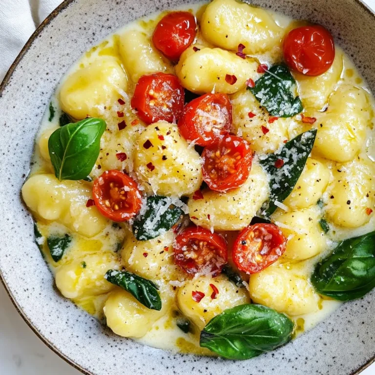 - 1 lb store-bought gnocchi - 1 tablespoon extra virgin olive oil - 3 cloves garlic, finely minced - 1 cup cherry tomatoes, halved - 1 cup heavy cream - 1 cup fresh spinach leaves, roughly chopped - 1/2 cup freshly grated Parmesan cheese - 1/4 teaspoon red pepper flakes (optional) In this recipe, we use store-bought gnocchi to save time. It cooks quickly and tastes great. The extra virgin olive oil adds a rich flavor. Garlic gives the dish a nice aroma. Cherry tomatoes bring sweetness and color. Heavy cream makes the sauce creamy and smooth. Fresh spinach adds a pop of green and nutrients. The Parmesan cheese adds a salty kick. You can add red pepper flakes if you like some heat. - Salt and freshly cracked black pepper to taste - Fresh basil leaves for garnish Seasoning is key to making this dish shine. Use salt and black pepper to enhance the flavors. Fresh basil leaves not only add a lovely scent but also look beautiful on top. They make the dish feel special. {{ingredient_image_2}} To start, boil water in a large pot. Make sure to add salt to the water. Once it boils, add 1 lb of store-bought gnocchi. Cook it until the gnocchi floats. This shows it is done. Drain the gnocchi in a colander and set it aside. In a large skillet, heat 1 tablespoon of extra virgin olive oil over medium heat. When the oil shimmers, toss in 3 finely minced cloves of garlic. Sauté it for about 1 minute until it smells great, but do not let it brown. Next, add 1 cup of halved cherry tomatoes to the skillet. Cook them for 3-4 minutes. Stir often until the tomatoes soften and burst. Reduce the heat to low and pour in 1 cup of heavy cream. Stir it well with the garlic and tomatoes. Let this simmer gently. Now, add 1 cup of roughly chopped fresh spinach leaves. Cook them for about 2 minutes. You want the spinach to wilt but stay bright green. Gently fold in the cooked gnocchi. Add in 1/2 cup of freshly grated Parmesan cheese and 1/4 teaspoon of red pepper flakes if you like heat. Toss everything carefully. Ensure the gnocchi is well coated in the creamy sauce and the cheese melts nicely. Taste the dish and add salt and freshly cracked black pepper to your liking. Adjust the seasoning to make it perfect for you. Let the skillet sit for a minute. This will help the sauce thicken. Serve the gnocchi warm in bowls. Garnish with fresh basil leaves for a touch of color and flavor. To cook gnocchi properly, start with salted boiling water. Once the water bubbles, add the gnocchi gently. Watch closely as they float. They are done when they rise to the top. Overcooking can make them mushy. To avoid this, set a timer for the package’s cooking time. Drain them immediately after they float. For extra flavor, consider adding spices like garlic powder or onion powder. A pinch of nutmeg can also add depth. Fresh herbs are key for brightness. Basil and parsley pair well with this dish. They add freshness and color. Mix them in right before serving for the best taste. For a romantic dinner, serve in deep bowls. Drizzle olive oil on top for shine. A sprinkle of extra Parmesan makes it look fancy. Add whole basil leaves as a bright garnish. Arrange everything neatly for a stunning effect. This will impress your guests! Pro Tips Use Fresh Ingredients: Always opt for fresh garlic, spinach, and tomatoes to enhance the flavor and texture of your gnocchi dish. Customize the Heat: Adjust the amount of red pepper flakes according to your spice preference. Start with a little and add more if desired. Perfectly Cooked Gnocchi: Ensure you don’t overcook the gnocchi; they should float to the surface when done, which indicates they're ready to be drained. Make it Creamy: For a creamier sauce, consider adding a splash of pasta cooking water to the sauce before mixing in the gnocchi. {{image_4}} You can easily make Marry Me Gnocchi vegetarian. - Substituting proteins: Swap out any meat for plant-based proteins like chickpeas or tofu. Both options work well and add a nice texture. - Adding seasonal vegetables: Use fresh veggies based on the season. Zucchini, bell peppers, or peas brighten the dish and add nutrients. If you need gluten-free gnocchi, there are tasty options. - Alternative gnocchi types: Look for gnocchi made from potato or rice flour. These are often gluten-free and just as good as regular ones. - Modifications for dietary needs: Replace heavy cream with coconut cream or cashew cream to keep it creamy and dairy-free. You can change the sauce for more variety. - Tomato basil variation: Use crushed tomatoes and fresh basil instead of cream. This gives a fresh and light flavor. - Pesto-infused version: Stir in some pesto for a vibrant taste. The herbs in pesto add depth and a lovely green color. These variations let you enjoy Marry Me Gnocchi in many ways. Feel free to mix and match based on your taste! Store leftovers in an airtight container. This keeps them fresh. You can use glass or plastic containers. Make sure to allow the gnocchi to cool before sealing. This helps avoid moisture buildup. Leftovers last about 3 days in the fridge. Reheat gently on the stove. You can add a splash of cream if needed. To freeze gnocchi, start by cooking it as usual. Drain and let it cool. Spread the gnocchi on a baking sheet in a single layer. This prevents sticking. Freeze for about 1-2 hours. Once firm, transfer the gnocchi to a freezer bag. Remove as much air as you can. Frozen gnocchi can last up to 2 months. When ready to eat, you can cook it straight from the freezer. Boil it in salted water until it floats. This usually takes a few minutes. For best texture, do not thaw before cooking. Enjoy your creamy gnocchi just as delicious as when it was first made! Gnocchi is a type of Italian pasta. It is soft and pillowy. Traditionally, it is made from potatoes, flour, and eggs. The dough is rolled into small pieces and shaped. Each piece is then cooked in boiling water. When they float, they are ready to eat. Gnocchi pairs well with many sauces. It can be creamy, like in this recipe, or tomato-based. This makes it a versatile choice for meals. Yes, you can use homemade gnocchi! Homemade gnocchi can taste fresher and lighter. However, making gnocchi from scratch takes time. You need to cook the potatoes, mash them, and mix the dough. Store-bought gnocchi saves time and is very convenient. Both options work well in this recipe. Just remember to adjust the cooking time if you make your own. To add spice to Marry Me Gnocchi, use red pepper flakes. Start with a quarter teaspoon, as the recipe suggests. You can always add more to suit your taste. If you like it really hot, try fresh chopped chili peppers. Another option is to add a dash of hot sauce. Mix it in with the cream for a nice kick. Just be cautious, as too much heat can overpower the dish. Marry Me Gnocchi combines simple ingredients for a delightful meal. You learned how to cook gnocchi, prepare a creamy sauce, and fold it all together. I shared tips to enhance the flavor and make your dish shine. You can also modify it for dietary needs or different tastes. Get creative with this recipe and make it your own. Whether for a special date or family dinner, this dish is sure to impress. Enjoy your cooking journey!