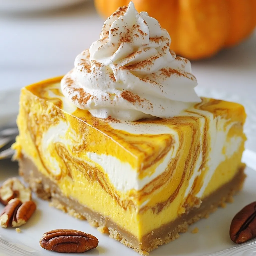 To make a pumpkin swirl cheesecake, you need a few key ingredients: - 1 ½ cups graham cracker crumbs - ⅓ cup granulated sugar - ½ cup unsalted butter, melted - 24 oz cream cheese, softened to room temperature - 1 cup granulated sugar - 3 large eggs, at room temperature - 2 teaspoons pure vanilla extract - 1 cup pure pumpkin puree (not pumpkin pie filling) - 1 teaspoon ground cinnamon - ½ teaspoon ground nutmeg - ¼ teaspoon ground ginger - ¼ teaspoon salt These ingredients blend together to create a creamy base and a spiced pumpkin layer. The graham cracker crust adds a crunchy base that perfectly complements the rich filling. You can enhance your cheesecake's flavor and look with some easy garnishes: - Freshly whipped cream - Extra cinnamon for sprinkling - Chopped pecans or pumpkin seeds for crunch - A drizzle of caramel or chocolate sauce These additions not only taste great but also make your cheesecake look festive and appealing. If you have dietary needs or preferences, you can swap some ingredients: - Graham Cracker Crumbs: Use crushed gluten-free cookies for a gluten-free option. - Cream Cheese: Neufchâtel cheese can be a lower-fat substitute. - Granulated Sugar: You can use coconut sugar or a sugar substitute. - Pumpkin Puree: If you want a twist, use butternut squash puree instead. These substitutions keep the essence of the cheesecake while catering to different diets. Enjoy experimenting! {{ingredient_image_2}} First, you need to preheat your oven to 325°F (160°C). This step is key for even baking. While the oven warms up, gather your tools. You will need a 9-inch springform pan, mixing bowls, and an electric mixer. In a medium bowl, mix 1 ½ cups of graham cracker crumbs with ⅓ cup of granulated sugar. Pour in ½ cup of melted butter. Stir until it looks like wet sand. Next, press this mixture firmly into the bottom of your springform pan. You want it to be even and compact, so it holds together well. Set the crust aside while you make the filling. In a large mixing bowl, add 24 oz of softened cream cheese and 1 cup of granulated sugar. Beat them together until smooth. This should take about 2-3 minutes. Now, add 3 large eggs one at a time. Mix slowly after each egg until fully blended. Then, stir in 2 teaspoons of vanilla extract. In another bowl, combine 1 cup of pure pumpkin puree, 1 teaspoon of ground cinnamon, ½ teaspoon of nutmeg, ¼ teaspoon of ginger, and ¼ teaspoon of salt. Mix these ingredients well until they are smooth and evenly combined. Pour half of the cream cheese mixture over your crust. Next, dollop half of the pumpkin mixture on top. Use a knife to swirl these two layers together. This will create a nice marbled look. Repeat this with the remaining mixtures. Now it’s time to bake. Place the pan in the oven and bake for 55-60 minutes. Look for the edges to be set while the center jiggles slightly. When done, turn off the oven, leaving the cheesecake inside for 1 hour with the door slightly open. This helps to cool it slowly, which prevents cracks. Once cooled, take it out and let it cool completely at room temperature. Then, refrigerate it for at least 4 hours, or overnight for the best texture. Enjoy your delicious pumpkin swirl cheesecake! To get beautiful swirls in your pumpkin swirl cheesecake, start with two mixtures: cream cheese and pumpkin. Make sure both mixtures are smooth. Pour half of the cream cheese mix into the pan first. Then, add half of the pumpkin mix on top. Use a knife or spatula to create swirls. Move gently to avoid mixing too much. This creates a lovely pattern. Cracks can ruin the look of your cheesecake. To prevent them, cool your cheesecake slowly. After baking, turn off the oven and leave the door slightly open for one hour. This gradual cooling helps. Then let it cool at room temperature before chilling in the fridge. Avoid overmixing your batter and don’t bake it too long. The center should still jiggle a bit when done. Serve your cheesecake cold for the best taste. Top with whipped cream for a nice touch. Sprinkle some cinnamon on top for extra flavor. You can also add nuts or pumpkin seeds on the side for crunch. For a fancy look, place dollops of pumpkin puree around the plate. This makes your dessert not only tasty but also pretty! Pro Tips Use Room Temperature Ingredients: Allowing your cream cheese and eggs to come to room temperature ensures a smoother batter, preventing lumps and creating a creamy texture. Don’t Overmix: Mixing the batter too much can incorporate excess air, leading to cracks during baking. Mix just until combined for the best results. Prevent Cracks: Gradually cooling the cheesecake in the oven helps maintain its structure and prevents cracks on the surface. Always leave the oven door slightly ajar after baking. Chill Overnight: For optimal flavor and texture, allow the cheesecake to chill in the refrigerator overnight. This helps the flavors meld and the cheesecake to set properly. {{image_4}} You can add a fun twist to your pumpkin swirl cheesecake by including chocolate or caramel. These flavors pair well with pumpkin and create a rich taste. To do this, simply melt chocolate or caramel and drizzle it over the cream cheese layer before swirling. Use a knife to create beautiful patterns. This added layer gives the cheesecake a more decadent feel. For those who follow a gluten-free diet, you can easily make a gluten-free crust. Use gluten-free graham cracker crumbs or ground nuts, like almonds, instead of regular crumbs. Mix them with butter and sugar as usual. This simple swap keeps the cheesecake tasty for everyone. Your guests will love it without knowing the difference! Mini cheesecakes make for a cute and personal dessert. To make individual servings, use a muffin tin instead of a springform pan. Place cupcake liners in each cup. Divide your crust mixture among the cups and press it down. Then, layer the cream cheese and pumpkin mixtures just like the full cheesecake. Bake them for about 20-25 minutes. Let them cool and serve with whipped cream for an adorable treat! After you bake your pumpkin swirl cheesecake, let it cool fully at room temperature. This step is key. Once cool, cover it tightly with plastic wrap or use a cake keeper. This helps keep the cheesecake fresh and prevents it from absorbing other smells in the fridge. Store it in the refrigerator for the best taste and texture. It will stay fresh and delicious for up to 5 days. If you want to save some for later, freezing works well. First, chill the cheesecake in the fridge overnight. Then, wrap it tightly in plastic wrap and aluminum foil. This double layer protects it from freezer burn. You can freeze it for up to 3 months. When you are ready to eat it, let it thaw in the fridge overnight before serving. This way, it stays creamy and flavorful. Pumpkin cheesecake lasts well in the fridge for about 5 days. If you freeze it, you can enjoy it for up to 3 months. Always check for any signs of spoilage before eating. If it smells off or has changed in texture, it’s best to toss it. Remember, proper storage keeps your dessert tasty and safe to eat! No, use pure pumpkin puree. Pumpkin pie filling has added spices and sweeteners. This can change the taste and texture of your cheesecake. For the best flavor, stick with pure pumpkin puree. The cheesecake should have set edges and a jiggly center. It will look slightly puffed and not wet. If the center shakes like jelly, it is ready. Avoid overbaking for a creamy texture. Use a sharp knife dipped in hot water. Wipe the blade after each cut. This helps you get clean slices. You can also use a string or dental floss for a neat cut. Yes, serve the cheesecake cold. Chilling enhances the flavors and firms up the texture. It should be in the fridge for at least four hours or overnight. This makes it easier to slice and more enjoyable to eat. Making Pumpkin Swirl Cheesecake is fun and easy. We explored key ingredients, from the crust to the filling. You learned step-by-step how to bake this treat and keep it looking great. Tips helped you prevent cracks and create the perfect swirls. Finally, variations and storage tips ensure your cheesecake stays fresh. Enjoy sharing this delightful dessert with loved ones. Happy baking!