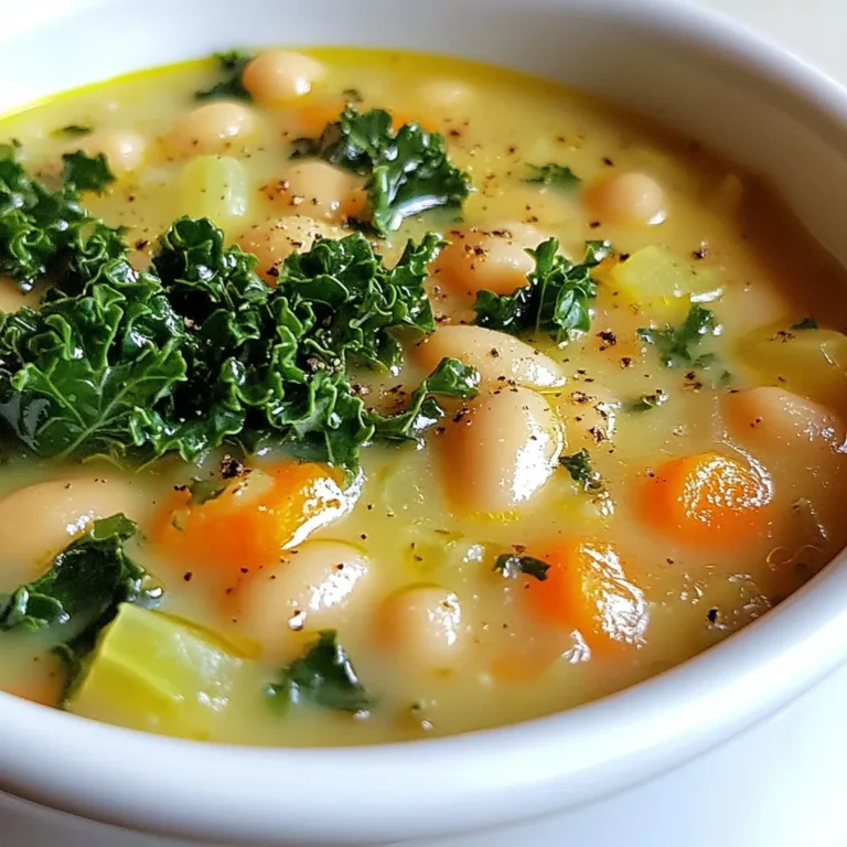 To make the best white bean soup, gather these must-have ingredients: - 2 cups dried white beans (such as cannellini or great northern), soaked overnight - 4 cups vegetable broth - 1 medium onion, finely chopped - 3 cloves garlic, minced - 2 medium carrots, diced - 2 celery stalks, diced - 1 bay leaf - 1 teaspoon dried thyme - 1 teaspoon smoked paprika - Salt and pepper to taste - 2 cups kale, chopped (stems removed) - 1 tablespoon olive oil - Zest and juice of 1 lemon - Fresh parsley, chopped (for garnish) These ingredients create a rich base for your soup. The beans give a hearty texture. The vegetables add layers of flavor. The spices enhance the taste, making every bite satisfying. You might want to boost the flavor even more. Here are some tasty add-ins: - Fresh herbs like rosemary or basil - A pinch of red pepper flakes for heat - Crispy bacon or sausage for a meaty touch - A sprinkle of Parmesan cheese for umami These options allow you to customize your soup. You can make it your own, depending on your taste. Knowing the nutrition in your soup helps keep meals balanced. Here’s what to expect: - Calories per serving: About 200 - Macronutrient breakdown: - Protein: 10 grams - Carbohydrates: 35 grams - Fat: 5 grams This soup is filling and healthy. It provides good protein and fiber while being low in fat. Enjoying a bowl of white bean soup can support a wholesome diet. {{ingredient_image_2}} Soaking and rinsing beans Start with 2 cups of dried white beans. I like cannellini or great northern beans. Place them in a large bowl and cover them with water. Let them soak overnight. This softens the beans and helps them cook faster. The next day, drain and rinse the beans under cold water. Chopping vegetables While the beans soak, chop your veggies. You need one medium onion, three cloves of garlic, two carrots, and two celery stalks. Chop the onion finely. Mince the garlic. Dice the carrots and celery into small pieces. This mix adds flavor and texture to the soup. Sautéing and building flavor In a large pot or Dutch oven, heat 1 tablespoon of olive oil over medium heat. Add the chopped onion and sauté for about five minutes. You want the onion to be soft and fragrant. Next, stir in the minced garlic, diced carrots, and celery. Cook for an additional three to four minutes. Stir often until the veggies start to soften. Simmering the soup Add the soaked and drained beans to the pot. Pour in 4 cups of vegetable broth. Toss in one bay leaf, one teaspoon of dried thyme, and one teaspoon of smoked paprika. Add a generous pinch of salt and pepper. Stir everything together and bring it to a gentle boil. Once boiling, reduce the heat to low. Cover the pot and let it simmer for about one hour. The beans should be tender and cooked through. Ten minutes before the soup is done, add 2 cups of chopped kale. Stir until the kale wilts. Blending for creaminess After simmering, remove the bay leaf. For a creamy texture, use an immersion blender. Puree about one to two cups of the soup. Leave the rest chunky for heartiness. Blend until you get your desired creaminess. Adjusting seasoning Stir in the zest and juice of one lemon. Taste the soup and adjust the seasoning. Add more salt and pepper if needed. This step brightens the flavors and makes the soup shine. To get the right creaminess in your white bean soup, you should blend part of it. I recommend using an immersion blender. Blend about 1-2 cups of the soup. This will give you a nice thick texture while keeping some beans whole. Balancing flavors is key. Use smoked paprika for a deep, rich taste. Lemon juice adds brightness, so don’t skip it! Adjust salt and pepper to taste, too. When storing leftovers, let the soup cool first. Use an airtight container to keep it fresh. This way, it will last in the fridge for up to three days. To reheat, simply warm it on the stove over low heat. Stir often to prevent sticking. You can add a little broth or water if it thickens too much. Dried beans require soaking and cooking, which takes more time. However, they often have better flavor and texture. They also get creamier when cooked. Canned beans are quick and easy. Just rinse them before adding to the soup. If you need to save time, they work well in a pinch. If you choose to substitute, remember that 1 cup of dried beans equals about 2.5 cups of canned beans. Adjust your cooking time accordingly! Pro Tips Soak Beans Properly: Ensure that your dried beans are soaked overnight to achieve optimal tenderness and reduce cooking time. Enhance Flavor: Add a splash of white wine or a dash of soy sauce during cooking for an extra layer of depth in flavor. Adjust Consistency: For a thicker stew, blend more of the beans; for a thinner soup, add additional vegetable broth as needed. Use Fresh Herbs: Incorporate fresh herbs like thyme or basil at the end of cooking for a burst of freshness and aromatic flavor. {{image_4}} If you want to make this soup vegetarian or vegan, it's easy. Just use vegetable broth, which is already in the recipe. You can skip any meat add-ins, like sausage or chicken. This soup is still hearty and tasty without meat. For gluten-free options, check your vegetable broth. Some broths may have gluten. Always read the label. Use gluten-free broth to keep it safe for those with gluten issues. You can add protein for a heartier soup. Cooked sausage or shredded chicken works well. These ingredients add rich flavor and texture. Just stir them in during the last 10 minutes of cooking. If you want a regional twist, try Italian flavors. Add fresh basil or oregano to the soup. You can also use a splash of balsamic vinegar for a zing. These changes give the soup a new depth and taste. Feel free to swap the beans for variety. You can use navy beans or pinto beans if you like. Each type brings a unique taste and texture to the soup. Seasonal vegetables are a fun way to change the soup. In spring, add fresh peas or asparagus. In fall, try butternut squash or sweet potatoes. These swaps keep the soup fresh and exciting throughout the year. A good bowl of white bean soup needs sides that enhance its flavors. Here are some great pairings: - Crusty bread: A thick slice of crusty bread works wonders. You can dip it right into the soup. - Toast: A simple piece of toast adds crunch. Spread some butter for extra flavor. - Salads: A fresh side salad brightens the meal. Try a mixed green salad with lemon vinaigrette. To make this soup a full meal, consider these options: - Hearty dinner: Serve the soup with a side of roasted vegetables. This adds color and nutrition. - Lunch portion: Pack a bowl of soup with a piece of fruit. It makes for a filling and healthy lunch option. Making your soup look good adds to the experience. Here are some easy tips: - Garnishing: Top each bowl with fresh parsley. A sprinkle of parsley adds color and freshness. - Creative serving: Use small bowls for individual servings. This makes your soup feel special. You can also drizzle olive oil on top for a nice finish. Can I use canned beans instead of dried? Yes, you can use canned beans. They save time. If you choose canned, skip the soaking step. Use about three cups of drained canned beans. Add them during the cooking process with the broth and spices. What’s the best way to store white bean soup? Store white bean soup in an airtight container. Let it cool first. It stays fresh in the fridge for about three days. For longer storage, freeze it in a freezer-safe container. It can last up to three months. How long do the beans need to soak? Soak dried beans overnight. This softens them and cuts cooking time in half. If you're short on time, use the quick soak method. Boil the beans for two minutes, then cover and let them sit for an hour. Can I freeze white bean soup? Yes, you can freeze it. Cool the soup completely, then pour it into containers. Leave some space for expansion. When you're ready, thaw it in the fridge overnight. Reheat on the stove or in the microwave. How can I make this soup spicier? Add red pepper flakes or cayenne pepper to the soup. Start with a small amount. You can also use diced jalapeños or hot sauce for a kick. Adjust to your taste as it cooks. What can I add for extra protein? For extra protein, add cooked chicken, sausage, or bacon. You can also stir in some cooked quinoa or lentils. These options boost protein and make the soup more filling. You now have all the tools to make a great white bean soup. We covered the key ingredients, optional add-ins, and important nutrition details. You learned how to prepare, cook, and add your own flair to the soup. Don't forget the tips for perfecting texture and the best ways to store leftovers. You can customize this dish to suit dietary needs and creative flavors. Enjoy this comforting soup today and share it with your loved ones. Great meals start with simple recipes!