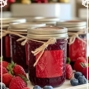 Amish Christmas Jam shines with its fresh fruit base. You will need: - 4 cups fresh strawberries, hulled and halved - 2 cups fresh raspberries - 2 cups fresh blueberries These fruits blend together to make a sweet and tangy mix. Strawberries add a nice sweetness, while raspberries bring a zesty touch. Blueberries offer a rich flavor that balances the jam. Next, we add sweetness and brightness. The key ingredients are: - 5 cups granulated sugar - 1/4 cup freshly squeezed lemon juice Granulated sugar helps the jam set and preserves it. Fresh lemon juice adds a bright flavor. The citrus also helps the fruit colors pop, making your jam vibrant. Pectin is crucial for the jam-making process. You need: - 1 packet (1.75 oz) fruit pectin Pectin helps the jam thicken. It binds the fruit and sugar, creating that perfect spreadable texture. Without it, your jam might be runny, and we want it to be just right. {{ingredient_image_2}} First, gather your fresh strawberries, raspberries, and blueberries. Place the halved strawberries, raspberries, and blueberries in a spacious pot. Using a potato masher, gently mash the fruits. This helps release their juices. Once mashed, let the fruit mixture rest for 15 minutes. This resting time allows the flavors to blend well. After the fruit has rested, sprinkle the granulated sugar evenly over the mixture. Stir continuously until the sugar fully dissolves. This can take a few minutes. Let it sit for another 10 minutes. During this time, the fruits absorb the sweetness, adding depth to your jam. Now, set the pot over medium heat. Stir constantly as the mixture heats up. Bring it to a gentle boil. Once you see a rolling boil, add the packet of fruit pectin. Keep stirring and boil for an additional 1-2 minutes. This ensures everything combines nicely. After this, remove the pot from the heat. Skim off any foam that has formed on the surface. This step helps ensure a clear jam. While still hot, pour the jam into sterilized jars, leaving about 1/4 inch of space at the top. Wipe the rims with a clean cloth for a good seal. Securely place the lids and bands on each jar. For longer shelf life, process the jars in a boiling water bath for 5-10 minutes. Let the jars cool completely before storing them. To know when your jam is thick enough, use a spoon. Dip the spoon into the jam. If it coats the back and forms a line when you run your finger through it, it's ready. This method helps you see the right texture. You want it to be spreadable, not too runny. Always skim off the foam after cooking. Foam can make your jam look cloudy. Use a spoon to gently remove it. Also, jars must be clean and sterilized. You can boil them in water or run them through the dishwasher. This step helps keep your jam fresh longer. You can add spices to make your jam special. A dash of cinnamon or nutmeg adds warmth. Vanilla extract can give a sweet touch. You can also mix in a bit of orange zest for a fresh twist. Experiment with flavors to find your favorite blend! Pro Tips Use Fresh Fruit: For the best flavor and texture, always use fresh, ripe fruit. Frozen fruit can change the consistency of the jam. Adjust Sweetness: Taste the fruit mixture before adding all the sugar. Depending on the ripeness of the fruit, you may want to adjust the sugar to your preference. Check Jam Consistency: To test if the jam is set, place a spoonful on a cold plate and run your finger through it. If it holds its shape, it’s ready! Label and Date Jars: When storing your jam, label each jar with the date and contents. This will help you keep track of freshness and enjoy it at its best! {{image_4}} You can mix other fruits to make unique jams. Try using blackberries or peaches. These fruits add their own sweet taste. You can even combine different berries, like strawberries and blackberries. Each choice brings a new flavor twist. Experimenting with fruit combinations keeps the jam fresh and fun. If you want a healthier jam, consider using honey or agave. These add sweetness without white sugar. You can also try low-sugar options designed for jams. These can be great for those watching their sugar intake. Adjust the amount based on the fruit's natural sweetness. This way, you can create a jam that fits your needs. Adding spices can make your jam special. Think about using cinnamon or nutmeg during the holidays. These spices bring warmth and comfort to every bite. You can mix in a teaspoon of spice when cooking the jam. This small change can make your jam feel festive and cozy. To store Amish Christmas Jam well, you need to seal the jars correctly. First, use sterilized jars. After pouring in the hot jam, leave about 1/4 inch of space at the top. Wipe the rims with a clean cloth to remove any jam. This step helps the lid seal tightly. Place the lid on and screw on the band until it's snug but not too tight. If you want extra safety, process the jars in a boiling water bath for 5-10 minutes. This step helps prevent spoilage and keeps the jam fresh longer. Amish Christmas Jam can last a year if sealed well and stored in a cool, dark place. Keep the jars in your pantry or a cool cupboard. After opening a jar, store it in the fridge. It will stay good for about three weeks once opened. Always check for signs of spoilage, like off smells or mold. If you see any, throw it out to stay safe. Freezing Amish Christmas Jam is a great way to keep it fresh even longer. Use freezer-safe jars or containers. Leave space at the top for expansion. You can also use freezer bags, but remove as much air as possible. When you want to use it, thaw the jam in the fridge overnight. Never refreeze jam once it has thawed, as this can change the texture and taste. Enjoy your jam all year round! Amish Christmas Jam is a sweet spread made from fresh berries. It often includes strawberries, raspberries, and blueberries. This jam holds special meaning for the Amish. They make it to celebrate the joy of the season. The vibrant colors and flavors make it perfect for holiday gifts. The jam symbolizes sharing and community during festive times. Yes, you can use frozen fruits. Frozen fruits change the texture of the jam slightly. They may make it slightly more watery. To fix this, you can cook it a bit longer. Just be sure to thaw the fruits first. This ensures the jam still has great flavor. You can tell if your jam has set by doing a simple test. Place a spoonful of the hot jam on a cold plate. Let it sit for a minute, then run your finger through it. If it holds its shape, it’s ready! Another sign is when it looks thick and shiny. Both methods help you achieve the perfect jam consistency. Making Amish Christmas Jam is simple and fun. We explored fresh fruit, sugar, and essential pectin to create a tasty treat. Preparing the fruit is key, along with boiling and getting the right texture. Keep in mind tips like avoiding common mistakes and trying unique flavor variations. Proper storage is vital for lasting enjoyment. Remember, you can use different fruits and sweeteners to make this jam your own. Enjoy your jam-making journey and share this deliciousness with family and friends.