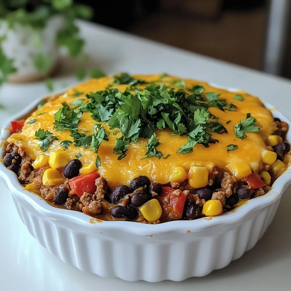 - 1 pound ground beef - 1 medium onion, finely chopped - 2 cloves garlic, minced - 1 can (15 oz) black beans, thoroughly rinsed and drained - 1 can (15 oz) diced tomatoes with green chilies - 2 cups frozen corn kernels - 1 tablespoon chili powder - 1 teaspoon ground cumin - 1 teaspoon smoked paprika - Salt and freshly ground black pepper to taste - 1 cup cornmeal - 2 cups low-sodium chicken broth - 1 cup shredded sharp cheddar cheese - 1/4 cup fresh cilantro, chopped (for garnish) - Sour cream (for serving, optional) This recipe serves six people. Each portion is hearty and filling. You can adjust the servings by increasing or decreasing the ingredients as needed. - Ground beef: Swap with ground turkey or plant-based meat for a lighter option. - Black beans: Use pinto beans or kidney beans if black beans are not on hand. - Chicken broth: Vegetable broth works well if you want a vegetarian dish. - Cornmeal: Polenta or masa harina can be used instead for a different texture. - Cheese: Feel free to use Monterey Jack or pepper jack for added spice. - Cilantro: If you don’t like cilantro, try fresh parsley or green onions for garnish. {{ingredient_image_2}} 1. Preheat your oven to 375°F (190°C). This helps the pie cook evenly. 2. In a large skillet, heat the ground beef over medium heat. Cook until it is fully browned. Use a spatula to break it apart. 3. Drain any excess fat from the skillet. This keeps your dish from being greasy. 4. Add the chopped onion and minced garlic to the beef. Sauté for about 5 minutes. Cook until the onion looks clear and smells good. 5. Stir in the rinsed black beans, diced tomatoes with green chilies, and frozen corn. 6. Season this mixture with chili powder, ground cumin, smoked paprika, salt, and pepper. Mix it well. 7. Let the mixture simmer for about 10 minutes. This allows the flavors to blend nicely. 8. While it simmers, heat the chicken broth in another pot until it boils. 9. Slowly add the cornmeal to the boiling broth. Whisk as you add it. This helps avoid lumps. 10. Cook the cornmeal mixture for about 3-5 minutes until it thickens. It should be creamy. 11. Grease a 9x13-inch baking dish. Spread the beef and bean mixture evenly in the bottom. 12. Pour the cornmeal mixture on top of the beef layer. Make sure it covers well. 13. Sprinkle the shredded cheddar cheese over the top. Use as much as you like! 14. Place the dish in the oven and bake for 25-30 minutes. Watch for the cheese to bubble and turn golden brown. 15. After baking, let the pie cool for about 5 minutes before slicing. 16. Garnish each piece with chopped cilantro. Serve with sour cream if you want a creamy touch. This step-by-step guide makes it easy to create Texas Tamale Pie. Enjoy making this warm, hearty meal! When making Texas Tamale Pie, avoid these common errors: - Under-seasoning: Be sure to add enough salt and spices. - Skipping the simmer: Letting the mixture simmer is key for flavor. - Not greasing the pan: A greased dish prevents sticking. - Overcooking the cheese: Watch the cheese closely to prevent burning. Here are my tips to make your tamale pie shine: - Use fresh ingredients: Fresh onions and garlic boost the taste. - Preheat your oven properly: A hot oven helps the cheese melt evenly. - Mix flavors well: Stir the beef and bean mix thoroughly for even flavor. - Add a kick: For spice lovers, include jalapeños or hot sauce. When it’s time to serve, think about these ideas: - Garnish with cilantro: Fresh herbs add brightness and color. - Pair with sour cream: It offers a cool contrast to the spice. - Serve with a side salad: A crisp salad balances the hearty pie. - Add avocado slices: Creamy avocado enhances the texture and flavor. Pro Tips Use lean ground beef: Opt for 90% lean ground beef to reduce excess fat, enhancing the overall flavor without making the dish greasy. Customize your spices: Feel free to adjust the chili powder and smoked paprika to your taste. If you prefer a spicier pie, add cayenne pepper or diced jalapeños. Make it vegetarian: Replace the ground beef with a plant-based protein or additional beans for a delicious vegetarian version of this tamale pie. Let it rest: Allow the tamale pie to cool for a few minutes before slicing. This helps the layers set, making it easier to serve. {{image_4}} You can make a vegetarian version of Texas Tamale Pie. Start with the same base. Use 1 pound of diced mushrooms instead of ground beef. Mushrooms add a nice texture and flavor. You can also add chopped bell peppers and zucchini for more veggies. Replace the chicken broth with vegetable broth for a rich taste. Keep the black beans and corn for protein. This dish still tastes amazing and is hearty! If you like heat, add some spice! You can use spicy sausage instead of ground beef. Chop up jalapeños and toss them in with the onion and garlic. You can also add a teaspoon of cayenne pepper to the mix. For a fiery kick, top with pepper jack cheese instead of sharp cheddar. This will make your tamale pie a true showstopper. Cheese can change the whole dish! Try using a blend of cheeses, like mozzarella and cheddar. You can also sprinkle feta cheese on top for a tangy twist. For toppings, consider adding sliced olives, diced avocado, or even crushed tortilla chips. These toppings add crunch and flavor. Get creative and mix and match to find your favorite combo. To keep your Texas Tamale Pie fresh, let it cool first. Then, place it in an airtight container. You can store it in the fridge for up to 3 days. If you plan to eat it later, make sure to wrap it tightly in plastic wrap or foil before storing. This helps prevent any odor changes from the fridge. When you're ready to enjoy the leftovers, there are two easy ways to reheat your Texas Tamale Pie. - Oven: Preheat your oven to 350°F (175°C). Place the pie in an oven-safe dish. Cover it with foil to keep it moist. Heat for about 20 minutes or until warmed through. - Microwave: Place a slice on a microwave-safe plate. Heat it on high for 1-2 minutes. Check if it’s hot enough and heat longer if needed. To freeze Texas Tamale Pie, first, let it cool completely. Then, slice it into portions. Wrap each piece tightly in plastic wrap, and then place them in a freezer bag. Make sure to squeeze out any air. You can freeze it for up to 3 months. When ready to eat, thaw it in the fridge overnight before reheating. Texas Tamale Pie is a fun, hearty dish. It features a beef and bean mix topped with cornmeal. The spices give it a nice kick, while cheese adds creaminess. It's like a tamale but in pie form! You get layers of flavor and texture, making it a family favorite. Yes, you can prepare Texas Tamale Pie ahead of time. Cook the beef and bean mix first, then store it in the fridge. You can also prepare the cornmeal layer. Just combine both when you’re ready to bake. This makes mealtime easy and quick. I love to serve Texas Tamale Pie with fresh toppings. Sour cream adds a nice creaminess. You can also sprinkle chopped cilantro on top for color. A side salad or some tortilla chips works great, too. They add crunch and balance to the meal. This blog post covered key ingredients for Texas Tamale Pie and their substitutes. I shared step-by-step cooking instructions, tips to avoid mistakes, and how to make the dish perfect. We explored tasty variations, storage methods, and answered common questions. In summary, you now have all you need to create this dish. Dive in, experiment, and enjoy every bite!