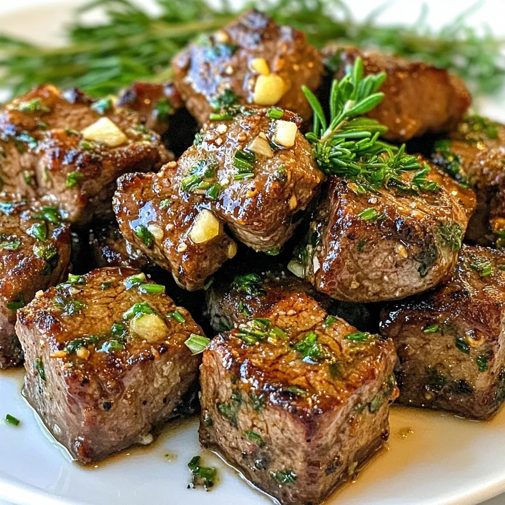 - 1 lb sirloin steak, cut into bite-sized cubes - 4 tablespoons unsalted butter - 4 cloves garlic, minced - 1 teaspoon freshly chopped rosemary - 1 teaspoon freshly chopped thyme - Salt and freshly ground black pepper to taste - 1 tablespoon olive oil - Fresh parsley, finely chopped (for garnish) For this dish, I focus on fresh and high-quality ingredients. The sirloin steak is tender and flavorful. I cut it into bite-sized cubes for quick cooking. You want the butter to be unsalted, so you can control the salt level. Fresh garlic adds a rich taste. The herbs, rosemary and thyme, give a lovely aroma. When it comes to seasoning, I use salt and black pepper. These enhance the natural flavors of the steak. A bit of olive oil in the skillet helps with searing. Finally, fresh parsley brightens the dish and makes it look appealing. Using these simple ingredients, you create a gourmet meal at home. Each bite bursts with flavor. This dish proves that you don’t need a long list of items to make something delicious. Enjoy cooking with these ingredients! {{ingredient_image_2}} Seasoning the steak bites Start by cutting your sirloin steak into small, bite-sized cubes. Place these cubes in a bowl. Season them well with salt and freshly ground black pepper. Make sure each piece gets a good coating. This step is key to boosting the flavor. Heating the skillet Take a large skillet and pour in one tablespoon of olive oil. Heat it on medium-high until it shimmers. You want the oil hot, but not smoking. This will help achieve a great sear. Searing the steak bites Add the seasoned steak cubes to the hot skillet in a single layer. Don’t crowd the pan. Cook them for about 2-3 minutes on one side without moving them. Flip the steak bites and sear for another 2-3 minutes. They should be brown and cooked to your liking, medium rare is often best for tenderness. Making the garlic butter sauce Once your steak bites are seared, take them out of the skillet and place them on a warm plate. Lower the heat to medium. Add four tablespoons of unsalted butter to the same skillet. Let it melt completely, swirling the pan for even melting. Sautéing garlic and herbs Now, add four cloves of minced garlic, one teaspoon of chopped rosemary, and one teaspoon of chopped thyme to the melted butter. Sauté these for about 1-2 minutes. Stir often to keep the garlic from burning. You want a fragrant aroma, not a bitter taste. Combining steak with the sauce Return the cooked steak bites to the skillet. Toss them gently in the garlic butter mixture. Make sure they are well-coated and heated through. This should take about one more minute. Final seasoning Take the skillet off the heat. Do a quick taste test. If needed, add more salt and pepper for extra flavor. Plating the dish Transfer the savory steak bites to a serving platter. Sprinkle finely chopped fresh parsley over the top for a nice burst of color. Enjoy your delicious Garlic Butter Steak Bites! To achieve the perfect sear, follow these steps: - Use a hot skillet: Heat your skillet until the oil shimmers. This helps the steak brown well. - Don’t overcrowd the pan: Cook in batches if needed. This keeps the heat high and promotes that nice crust. For steak bites, aiming for medium rare gives you the best taste. You want them tender and juicy. Cook each side for 2-3 minutes for this doneness. Use a meat thermometer if you like. Aim for 130°F (54°C) for medium rare. For a stunning presentation, use a wooden cutting board. It adds a rustic charm. Garnish with fresh parsley for color. Adding rosemary sprigs and a lemon wedge can brighten the plate. Pair your garlic butter steak bites with sides. Think creamy mashed potatoes or a fresh salad. A glass of red wine or a light beer complements the flavors well. Enjoy the burst of taste! Pro Tips Rest the Meat: Let the steak bites rest for a few minutes after cooking. This allows the juices to redistribute, resulting in a more tender and flavorful bite. High-Quality Steak: Choose a high-quality sirloin steak for the best flavor and tenderness. Look for marbling, which indicates better fat distribution within the meat. Herb Variations: Feel free to experiment with different herbs such as thyme, oregano, or even a dash of red pepper flakes for added heat. Customize the flavor to your liking! Garnish with Flair: For an extra touch, consider adding a sprinkle of flaky sea salt or a drizzle of balsamic reduction over the finished dish before serving. {{image_4}} You can swap out the steak cut to suit your taste. Here are some options: - Ribeye steak - Filet mignon - Flank steak Each cut gives a different flavor and texture. Ribeye is rich and marbled. Filet mignon is tender and buttery. Flank steak is lean and has a bold taste. You can also play with herbs and spices. Try these alternatives: - Oregano - Basil - Smoky paprika These will change the flavor profile, making your steak bites unique. If you are looking for low-carb or keto-friendly options, here are a few easy swaps: - Use cauliflower rice instead of regular rice. - Pair with a fresh salad instead of heavy sides. This keeps your meal light yet satisfying. You can also add vegetables to the skillet for extra flavor and nutrition. Consider these options: - Bell peppers - Zucchini - Mushrooms These veggies cook quickly and taste great in the garlic butter sauce. Just toss them in after the steak bites. This way, you get a colorful and tasty dish. To store leftovers, let the steak bites cool down first. Place them in an airtight container. Refrigerate the container within two hours of cooking. These bite-sized pieces can last for about three days in the fridge. When you want to eat them, just reheat gently in a skillet or microwave. This keeps them juicy and tasty. If you want to save them longer, freezing is a great option. Place the cooled steak bites in a freezer-safe bag or container. Remove as much air as possible to prevent freezer burn. They can stay fresh for up to three months. When you're ready to enjoy them, thaw in the fridge overnight. Then, reheat in a skillet to bring back that delicious garlic butter flavor. The best way to season steak is simple. Use salt and freshly ground black pepper. Make sure to coat every piece well. You can also add herbs like rosemary or thyme for extra flavor. For medium-rare steak bites, cook them for 2-3 minutes on each side. This timing gives you a nice brown crust and keeps the inside tender and juicy. You can use garlic powder, but fresh garlic gives better flavor. Fresh garlic adds a rich taste and aroma. If you use garlic powder, use about 1/4 teaspoon for each clove. Garlic butter steak bites pair well with many sides. You can serve them with mashed potatoes, roasted veggies, or a fresh salad. A crusty bread also works great to soak up the garlic butter sauce. In this post, we covered how to make delicious garlic butter steak bites. You learned about the key ingredients, like sirloin steak and fresh herbs. I shared easy steps for cooking and tips for the perfect sear. Remember, you can switch ingredients or modify this dish to fit your diet. Store any leftovers smartly for later. With these simple methods, you can impress at any meal. Enjoy your tasty creation and have fun experimenting!