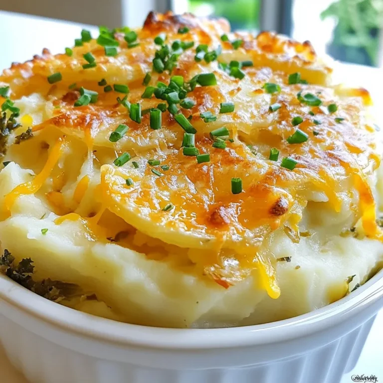 - 2 large potatoes, peeled and cubed - 2 cups cabbage, finely shredded - 1 cup kale, roughly chopped - 1 medium onion, chopped - 4 tablespoons unsalted butter - 1 cup grated sharp cheddar cheese (plus extra for topping) - Salt and freshly ground pepper to taste The heart of Rumbledethumps lies in these simple ingredients. Potatoes form the base of the dish, giving it that comforting feel. They should be fresh and starchy for the best mash. Cabbage and kale add a touch of green and nutrition. They also give a slight sweetness when cooked. Onions bring flavor and depth. Butter adds richness, while cheddar cheese gives a wonderful creaminess and tang. - Fresh chives for garnish - A pinch of freshly grated nutmeg for added flavor Chives are a lovely touch. They add color and a mild onion flavor. Nutmeg is optional but enhances the dish's warmth and richness. Just a pinch will do, as it can be strong. These ingredients elevate your Rumbledethumps for a more refined taste. {{ingredient_image_2}} First, fill a large pot with water. Add a good pinch of salt. Bring the water to a rolling boil. Carefully add the cubed potatoes to the boiling water. Cook for 15 to 20 minutes until the potatoes are fork-tender. Check them with a fork. Once they are done, drain the potatoes well. Allow them to cool for a few minutes. While the potatoes cool, heat a large skillet on medium heat. Add 2 tablespoons of unsalted butter to the skillet. Once the butter melts, add the chopped onions. Cook them until they turn golden and soft, about 5 minutes. Next, stir in the finely shredded cabbage and roughly chopped kale. Keep sautéing for another 5 to 7 minutes. The greens should wilt and become tender. Now, take the cooled potatoes and mash them in a mixing bowl. Use a potato masher to make them smooth. Add the remaining 2 tablespoons of butter to the mashed potatoes. Mix well until the butter melts. Next, fold in the sautéed onion, cabbage, and kale mixture. Add 1 cup of grated cheddar cheese. Season with salt and freshly ground pepper. If you like, add a pinch of nutmeg for extra warmth. Mix everything until well combined. Preheat your oven to 375°F (190°C). While the oven heats, brush a baking dish with some butter or use non-stick spray. Transfer the mixture into the greased baking dish. Spread it out evenly. For a cheesy crust, sprinkle extra grated cheddar cheese on top. Place the baking dish in your preheated oven. Bake for 25 to 30 minutes. Watch for the top to turn golden and bubbly. The bubbly crust means it is ready to enjoy! - Choosing the right potatoes: Use starchy potatoes like Russets. They become fluffy when cooked. Avoid waxy potatoes, as they can make the dish too dense. - Ensuring vegetables are tender: Cook the onions until they turn golden. This adds sweetness. Sauté the cabbage and kale until they wilt. They need to be soft to mix well with the potatoes. - Best accompaniments: Serve Rumbledethumps with a side salad. A simple green salad balances the richness. Crusty bread pairs nicely too, perfect for mopping up the cheesy goodness. - Alternative garnishes: Besides chives, try using crispy bacon bits for crunch. Fresh parsley also adds color and flavor. A dollop of sour cream on top can give a creamy twist. Pro Tips Use Starchy Potatoes: For a creamier texture, opt for starchy potatoes like Russets or Yukon Golds when making Rumbledethumps. Add Flavor to the Greens: Enhance the taste of the cabbage and kale by adding a splash of vegetable or chicken broth while sautéing. Cheese Variations: Feel free to experiment with different cheeses such as Gruyère or fontina for a unique flavor twist. Make Ahead: This dish can be prepared in advance and stored in the fridge. Just bake it right before serving for a fresh, warm meal. {{image_4}} You can change the cheese in Rumbledethumps to mix things up. Try using Gruyère for a nutty taste. A creamy Havarti adds smoothness. If you like blue cheese, that works too! Each cheese brings its own twist to the dish. If you need a non-dairy option, there are great substitutes. Look for plant-based cheeses made from nuts or soy. These can melt well and add flavor without dairy. Rumbledethumps is a great base for other vegetables. You can add carrots, leeks, or even turnips. These vegetables will add color and taste. Seasonal veggies work well too. In spring, try fresh peas or asparagus. In fall, sweet potatoes add a nice touch. Feel free to use any greens you have. Spinach or Swiss chard can be great alternatives to kale. Just remember to sauté them until tender. Making a vegan Rumbledethumps is easy. Start by using olive oil instead of butter for sautéing. You can also use almond or cashew milk in place of butter. For cheese, opt for a vegan cheese that melts well. Nutritional yeast is also a good choice. It adds a cheesy flavor without any dairy. With these swaps, you have a plant-based dish that still tastes delicious! To keep your Rumbledethumps fresh, store them in the fridge. Use an airtight container to avoid any odors. They will stay good for about 3 to 4 days. If you want to store them longer, freezing is a great option. For freezing, let the dish cool completely first. Then, place it in a freezer-safe container or wrap it tightly in plastic wrap. This way, you can enjoy Rumbledethumps for up to 3 months. Just remember to label the container with the date. When it's time to enjoy your leftovers, reheating properly is key. The best way to reheat Rumbledethumps is in the oven. Preheat your oven to 350°F (175°C). Place the dish in an oven-safe container and cover it with foil. This helps keep the moisture in. Bake for about 20-25 minutes, or until hot throughout. You can also use the microwave for quick reheating. Place a portion on a microwave-safe plate and cover it with a damp paper towel. Heat on medium for about 2-3 minutes. Stir halfway to ensure even heating. No matter how you reheat, check that the texture stays creamy and the flavor remains rich. Enjoy every delicious bite! Rumbledethumps has roots in Scotland. It is a traditional dish from the Scottish Borders. People made it to use leftover vegetables. The dish combines potatoes, cabbage, and sometimes kale. It’s a comfort food that warms the soul. Many families have their own twist on the recipe. This dish reflects Scottish cooking's heartiness and simplicity. Yes, Rumbledethumps can be made ahead. You can prepare it a day before serving. Just follow the recipe up to baking. After mixing, cover the dish and store it in the fridge. When ready, just bake it until golden. This makes it easy for busy days. You can enjoy a warm meal without much fuss. Rumbledethumps is gluten-free! The main ingredients are potatoes and vegetables. There is no flour or gluten-containing items. If you want to be sure, always check the cheese packaging. Some cheese might have added ingredients. You can also use dairy-free cheese for a vegan option. This way, everyone can enjoy this tasty dish! Rumbledethumps blends simple ingredients into a hearty dish. We covered key ingredients like potatoes, cabbage, and cheese. The step-by-step guide showed how to prepare, bake, and serve this classic dish. You can also make fun variations and store leftovers well. Rumbledethumps lets you enjoy a comforting meal that's easy to make. Embrace its flavors, and don't hesitate to try your unique twists. Enjoy crafting this satisfying dish!