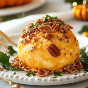 - 8 oz cream cheese, softened to room temperature - 1 cup sharp cheddar cheese, shredded - ½ cup canned pumpkin puree (be sure it's not pumpkin pie filling) - 2 tablespoons pure maple syrup - 1 teaspoon pumpkin spice blend - ½ teaspoon garlic powder - ¼ teaspoon salt For this cheese ball, the main stars are cream cheese and sharp cheddar. Cream cheese gives a smooth base. Sharp cheddar adds a nice, tangy kick. Canned pumpkin puree brings that autumn flavor. Make sure you pick the right kind, though. Look for plain pumpkin, not pie filling. Maple syrup sweetens the mix just right. The pumpkin spice blend gives warmth. This mix makes your cheese ball unique and festive. Garlic powder adds depth. A pinch of salt pulls all the flavors together. - ½ cup pecans or walnuts, finely chopped (for coating) - Fresh herbs (such as parsley or chives), finely chopped, for garnish You can add nuts for crunch. Pecans or walnuts work well. They give a nice texture to the creamy cheese ball. Fresh herbs, like parsley or chives, add color and a touch of freshness. These simple extras make your cheese ball even more appealing and tasty. {{ingredient_image_2}} Start with a large mixing bowl. Add 8 ounces of softened cream cheese. Next, include 1 cup of shredded sharp cheddar cheese. Then, pour in ½ cup of canned pumpkin puree. Make sure it is not pumpkin pie filling. Mix these ingredients together well until smooth. Now, add 2 tablespoons of pure maple syrup. Then, sprinkle in 1 teaspoon of pumpkin spice blend. Next, add ½ teaspoon of garlic powder and ¼ teaspoon of salt. Stir everything until it is fully combined and creamy. You can use a hand mixer or a sturdy wooden spoon for this step. With clean hands, take the creamy cheese mixture and shape it into a round ball. Make sure the outside is smooth. If it feels sticky, wet your hands slightly. Then, wrap the cheese ball in plastic wrap. Press it gently to keep its shape. Refrigerate the cheese ball for at least 1 hour. This helps it firm up nicely and makes it easier to coat. After the cheese ball chills, take it out of the fridge. Rolling it in nuts adds crunch and flavor. Use ½ cup of finely chopped pecans or walnuts for this. Roll the cheese ball in the nuts until it is evenly coated. Finally, transfer the cheese ball to a stylish platter. For a nice touch, garnish it with finely chopped fresh herbs like parsley or chives. This step adds color and freshness. Enjoy with crackers, apple slices, or colorful veggie sticks. Using fresh ingredients is key for the best taste. Fresh cream cheese adds creaminess. Fresh cheddar cheese gives a sharp bite. Choose high-quality pumpkin puree. It should be pure, not pie filling. This choice boosts the flavor. To enhance the flavor profile, I like adding spices. Pumpkin spice blend brings warmth. Garlic powder adds depth. A touch of salt lifts all flavors. You can adjust these spices to your taste. Feel free to experiment! I recommend pairing your cheese ball with crackers, apple slices, or vegetable sticks. These options add crunch and freshness. Crackers bring texture. Apple slices give a sweet contrast. Vegetable sticks, like carrots or celery, add color and health. For creative serving ideas, think outside the box! Shape the cheese ball into a pumpkin for fun. Use a small pumpkin for a festive touch. Serve it on a wooden board with assorted dippers. This makes your display inviting and delightful. Pro Tips Use Room Temperature Ingredients: Allow your cream cheese to soften at room temperature for a smoother, creamier cheese ball that blends easily with other ingredients. Experiment with Flavors: Feel free to customize the spices! Try adding a pinch of nutmeg or cinnamon for an extra layer of warm flavor that complements the pumpkin. Chill Before Serving: Refrigerating the cheese ball for at least an hour not only firms it up but also allows the flavors to meld beautifully, enhancing the overall taste. Presentation Matters: Garnish your cheese ball with fresh herbs and serve it on a colorful platter with an assortment of dippers to make it visually appealing and inviting. {{image_4}} You can change the taste of your pumpkin cheese ball by using different cheeses. For example, try goat cheese for a tangy kick. It adds a nice twist to the creamy mix. You can also blend in some blue cheese for a bold flavor. Sweeteners can also add variety. Instead of maple syrup, use honey or agave. Each sweetener brings a unique taste to the cheese ball. If you want a more intense flavor, try brown sugar. If you need a gluten-free cheese ball, it’s easy to adjust. Just make sure to use gluten-free crackers when serving. The cheese ball itself is naturally gluten-free. For a dairy-free option, use vegan cream cheese and dairy-free cheddar. This allows everyone to enjoy the dish. You can also replace the maple syrup with a plant-based sweetener. If you want a completely vegan cheese ball, combine nuts and spices. Soak cashews, blend them with pumpkin, and add spices. This gives you a rich, creamy texture without dairy. - Storing in the refrigerator: After you make the pumpkin cheese ball, wrap it tightly in plastic wrap. This keeps it fresh. Place it in the fridge. It will stay nice for up to a week. If you want it to last longer, consider freezing it. - Freezing instructions for future use: To freeze, wrap the cheese ball tightly in plastic wrap and then in aluminum foil. This protects it from freezer burn. You can freeze it for up to three months. When you're ready to eat it, thaw it in the fridge overnight before serving. - How long it stays fresh: The pumpkin cheese ball stays fresh for about one week in the fridge. Freezing it extends its life to three months. - Signs of spoilage to look out for: Check for any off smells or changes in texture. If it looks dry or crusty, it’s time to toss it. Always trust your senses. If it doesn’t smell right, don’t eat it. Yes, you can make the Pumpkin Cheese Ball a day in advance. This dish tastes better when the flavors have time to mingle. I recommend preparing it at least 1 hour before serving. If you make it the night before, wrap it well in plastic wrap and keep it in the fridge. It will stay fresh and delicious for your holiday party. You can use fresh pumpkin, but it takes more work. Fresh pumpkin needs to be cooked and pureed. This can add time to your prep. On the other hand, canned pumpkin is ready to use. Just make sure to pick plain pumpkin, not pumpkin pie filling. Canned pumpkin also has a smooth texture, which helps your cheese ball stay creamy. Serve your Pumpkin Cheese Ball with a variety of tasty options. Crackers are a great choice. You can also use crisp apple slices for a sweet touch. Colorful vegetable sticks, like carrots and bell peppers, add crunch and color. If you want to get creative, try serving it with pretzel crisps or toasted baguette slices. These options make for a fun and festive appetizer spread. Creating a pumpkin cheese ball is simple and fun. We've covered the key ingredients, steps, and tips. You learned to blend cream cheese, cheddar, and pumpkin for a tasty treat. Don't forget to chill it and add nuts for crunch. Feel free to get creative with flavors and serving options. Remember, fresh ingredients make a big difference. Enjoy this delightful snack at your next gathering, and impress your friends. Now, you have all the tools to make it a success!