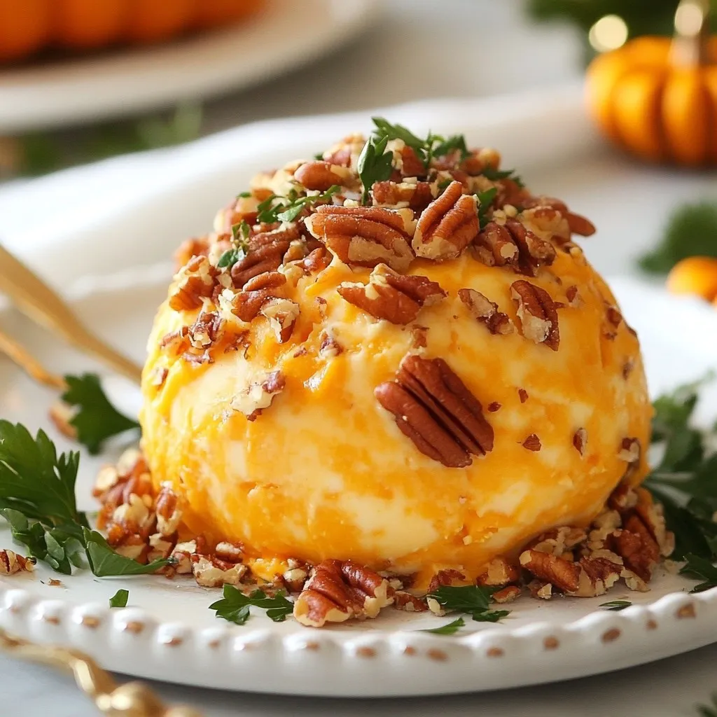 - 8 oz cream cheese, softened to room temperature - 1 cup sharp cheddar cheese, shredded - ½ cup canned pumpkin puree (be sure it's not pumpkin pie filling) - 2 tablespoons pure maple syrup - 1 teaspoon pumpkin spice blend - ½ teaspoon garlic powder - ¼ teaspoon salt For this cheese ball, the main stars are cream cheese and sharp cheddar. Cream cheese gives a smooth base. Sharp cheddar adds a nice, tangy kick. Canned pumpkin puree brings that autumn flavor. Make sure you pick the right kind, though. Look for plain pumpkin, not pie filling. Maple syrup sweetens the mix just right. The pumpkin spice blend gives warmth. This mix makes your cheese ball unique and festive. Garlic powder adds depth. A pinch of salt pulls all the flavors together. - ½ cup pecans or walnuts, finely chopped (for coating) - Fresh herbs (such as parsley or chives), finely chopped, for garnish You can add nuts for crunch. Pecans or walnuts work well. They give a nice texture to the creamy cheese ball. Fresh herbs, like parsley or chives, add color and a touch of freshness. These simple extras make your cheese ball even more appealing and tasty. {{ingredient_image_2}} Start with a large mixing bowl. Add 8 ounces of softened cream cheese. Next, include 1 cup of shredded sharp cheddar cheese. Then, pour in ½ cup of canned pumpkin puree. Make sure it is not pumpkin pie filling. Mix these ingredients together well until smooth. Now, add 2 tablespoons of pure maple syrup. Then, sprinkle in 1 teaspoon of pumpkin spice blend. Next, add ½ teaspoon of garlic powder and ¼ teaspoon of salt. Stir everything until it is fully combined and creamy. You can use a hand mixer or a sturdy wooden spoon for this step. With clean hands, take the creamy cheese mixture and shape it into a round ball. Make sure the outside is smooth. If it feels sticky, wet your hands slightly. Then, wrap the cheese ball in plastic wrap. Press it gently to keep its shape. Refrigerate the cheese ball for at least 1 hour. This helps it firm up nicely and makes it easier to coat. After the cheese ball chills, take it out of the fridge. Rolling it in nuts adds crunch and flavor. Use ½ cup of finely chopped pecans or walnuts for this. Roll the cheese ball in the nuts until it is evenly coated. Finally, transfer the cheese ball to a stylish platter. For a nice touch, garnish it with finely chopped fresh herbs like parsley or chives. This step adds color and freshness. Enjoy with crackers, apple slices, or colorful veggie sticks. Using fresh ingredients is key for the best taste. Fresh cream cheese adds creaminess. Fresh cheddar cheese gives a sharp bite. Choose high-quality pumpkin puree. It should be pure, not pie filling. This choice boosts the flavor. To enhance the flavor profile, I like adding spices. Pumpkin spice blend brings warmth. Garlic powder adds depth. A touch of salt lifts all flavors. You can adjust these spices to your taste. Feel free to experiment! I recommend pairing your cheese ball with crackers, apple slices, or vegetable sticks. These options add crunch and freshness. Crackers bring texture. Apple slices give a sweet contrast. Vegetable sticks, like carrots or celery, add color and health. For creative serving ideas, think outside the box! Shape the cheese ball into a pumpkin for fun. Use a small pumpkin for a festive touch. Serve it on a wooden board with assorted dippers. This makes your display inviting and delightful. Pro Tips Use Room Temperature Ingredients: Allow your cream cheese to soften at room temperature for a smoother, creamier cheese ball that blends easily with other ingredients. Experiment with Flavors: Feel free to customize the spices! Try adding a pinch of nutmeg or cinnamon for an extra layer of warm flavor that complements the pumpkin. Chill Before Serving: Refrigerating the cheese ball for at least an hour not only firms it up but also allows the flavors to meld beautifully, enhancing the overall taste. Presentation Matters: Garnish your cheese ball with fresh herbs and serve it on a colorful platter with an assortment of dippers to make it visually appealing and inviting. {{image_4}} You can change the taste of your pumpkin cheese ball by using different cheeses. For example, try goat cheese for a tangy kick. It adds a nice twist to the creamy mix. You can also blend in some blue cheese for a bold flavor. Sweeteners can also add variety. Instead of maple syrup, use honey or agave. Each sweetener brings a unique taste to the cheese ball. If you want a more intense flavor, try brown sugar. If you need a gluten-free cheese ball, it’s easy to adjust. Just make sure to use gluten-free crackers when serving. The cheese ball itself is naturally gluten-free. For a dairy-free option, use vegan cream cheese and dairy-free cheddar. This allows everyone to enjoy the dish. You can also replace the maple syrup with a plant-based sweetener. If you want a completely vegan cheese ball, combine nuts and spices. Soak cashews, blend them with pumpkin, and add spices. This gives you a rich, creamy texture without dairy. - Storing in the refrigerator: After you make the pumpkin cheese ball, wrap it tightly in plastic wrap. This keeps it fresh. Place it in the fridge. It will stay nice for up to a week. If you want it to last longer, consider freezing it. - Freezing instructions for future use: To freeze, wrap the cheese ball tightly in plastic wrap and then in aluminum foil. This protects it from freezer burn. You can freeze it for up to three months. When you're ready to eat it, thaw it in the fridge overnight before serving. - How long it stays fresh: The pumpkin cheese ball stays fresh for about one week in the fridge. Freezing it extends its life to three months. - Signs of spoilage to look out for: Check for any off smells or changes in texture. If it looks dry or crusty, it’s time to toss it. Always trust your senses. If it doesn’t smell right, don’t eat it. Yes, you can make the Pumpkin Cheese Ball a day in advance. This dish tastes better when the flavors have time to mingle. I recommend preparing it at least 1 hour before serving. If you make it the night before, wrap it well in plastic wrap and keep it in the fridge. It will stay fresh and delicious for your holiday party. You can use fresh pumpkin, but it takes more work. Fresh pumpkin needs to be cooked and pureed. This can add time to your prep. On the other hand, canned pumpkin is ready to use. Just make sure to pick plain pumpkin, not pumpkin pie filling. Canned pumpkin also has a smooth texture, which helps your cheese ball stay creamy. Serve your Pumpkin Cheese Ball with a variety of tasty options. Crackers are a great choice. You can also use crisp apple slices for a sweet touch. Colorful vegetable sticks, like carrots and bell peppers, add crunch and color. If you want to get creative, try serving it with pretzel crisps or toasted baguette slices. These options make for a fun and festive appetizer spread. Creating a pumpkin cheese ball is simple and fun. We've covered the key ingredients, steps, and tips. You learned to blend cream cheese, cheddar, and pumpkin for a tasty treat. Don't forget to chill it and add nuts for crunch. Feel free to get creative with flavors and serving options. Remember, fresh ingredients make a big difference. Enjoy this delightful snack at your next gathering, and impress your friends. Now, you have all the tools to make it a success!