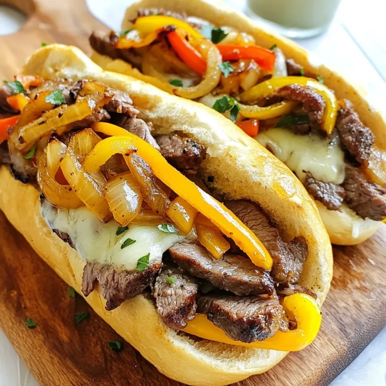 - 1 lb. beef sirloin, thinly sliced against the grain - 1 large onion, thinly sliced - 1 bell pepper (red or green), thinly sliced - 1 cup provolone cheese, finely shredded - 2 tablespoons olive oil - 2 cloves garlic, finely minced - Hot or sweet pickled peppers - Salt and pepper to taste - Additional flavoring options The main ingredients give the Beef Philly Cheesesteak its rich flavor. Beef sirloin is perfect because it cooks fast and stays tender. Slicing against the grain keeps it nice and easy to chew. Onions and bell peppers add a sweet crunch that pairs well with beef. Provolone cheese melts beautifully, making every bite creamy. I like using olive oil for cooking. It adds a nice flavor while keeping things healthy. Garlic is another option to boost taste. Just a little minced garlic can add a lot. If you want a kick, try adding pickled peppers. They bring a zesty twist to the sandwich. For seasoning, salt and pepper are key to making the flavors pop. You can also explore other spices. A sprinkle of paprika or Italian herbs can add a fun twist to your cheesesteaks. Remember, tasting as you go helps you find the best balance. Enjoy crafting your culinary delight! {{ingredient_image_2}} Sautéing the onions and bell peppers Start by heating 1 tablespoon of olive oil in a large skillet over medium heat. Once the oil is hot, add the sliced onions and bell peppers. You want to sauté these for about 8-10 minutes. Stir them often until they become soft and slightly caramelized. This step adds a sweet flavor to your cheesesteak. Adding garlic for flavor For the last minute of cooking, add 2 cloves of minced garlic. Stir it in until you can smell the garlic. This will enhance the taste of your veggies. After that, transfer the cooked mix to a plate and cover it to keep warm. Sautéing beef sirloin in the skillet Do not clean the skillet; it has great flavor! Add the remaining tablespoon of olive oil and turn the heat to medium-high. Now, add 1 pound of thinly sliced beef sirloin. Season the beef with salt and pepper. Sauté it for 5-7 minutes or until it turns brown and is no longer pink. Seasoning tips Season the beef generously. This adds flavor to your cheesesteak. If you like some heat, you might want to add a pinch of cayenne or paprika. Mixing cooked vegetables with beef Once the beef is cooked, return the sautéed onions and peppers to the skillet. Stir everything together well. This step helps all the flavors mix and bond. Melting the cheese properly Lower the heat to low. Sprinkle 1 cup of shredded provolone cheese evenly over the beef and veggie mix. Cover the skillet with a lid and let it cook for 2-3 minutes. The cheese should melt and become gooey. This is the best part! Now your beef Philly cheesesteaks are ready to fill! Enjoy the process and get ready for some delicious bites. How to achieve tender beef To make your beef tender, slice it thin against the grain. This cuts the muscle fibers and makes chewing easier. Use sirloin for great flavor. Sauté the beef on medium-high heat. Don't overcrowd the skillet; this helps it brown nicely. Tips for caramelizing vegetables Caramelizing onions and bell peppers brings out their natural sweetness. Start with medium heat and add a touch of olive oil. Stir occasionally for even cooking. Cook for about 8-10 minutes. Add garlic for the last minute to boost flavor. Best ways to melt provolone cheese To melt provolone cheese, sprinkle it over the cooked beef and veggies. Cover the skillet with a lid. This traps steam and helps the cheese melt evenly. Let it cook on low heat for 2-3 minutes. Alternative cheese options If you want to switch things up, try cheese whiz for a creamy texture. Cheddar or mozzarella can also work well. Each cheese gives a different taste, so experiment to find your favorite. Choosing the right roll Select fresh hoagie rolls for the best taste. Look for rolls that are soft yet sturdy enough to hold the filling. A good roll adds flavor and texture to your cheesesteak. Toasting methods for optimal texture Toast your hoagie rolls in the oven or skillet. Preheat your oven to 350°F and bake for 5-7 minutes. For a skillet, use medium heat and toast until golden brown. This adds crunch and enhances the flavor. Pro Tips Slice Against the Grain: Always cut your beef sirloin against the grain to ensure maximum tenderness in every bite. Caramelize for Flavor: Allow your onions and peppers to caramelize slowly; this will enhance their natural sweetness and add depth to your cheesesteak. Choose the Right Cheese: While provolone is traditional, feel free to mix in some mozzarella or even cheddar for a different flavor profile. Toast the Rolls: Toast your hoagie rolls just before serving to give them a delightful crunch that contrasts perfectly with the melty filling. {{image_4}} You can switch up the meat for your cheesesteak. Chicken works well if you want a lighter meal. Thinly slice the chicken just like the beef. Pork also makes a tasty choice. Use pork tenderloin for a juicy option. For a vegetarian twist, try mushrooms or a mix of vegetables. Portobello mushrooms give a rich flavor. Toppings can take your cheesesteak to the next level. Add sautéed mushrooms for earthiness or jalapeños for heat. Other great options include spinach or roasted red peppers. You can also serve your cheesesteak with hot or sweet pickled peppers. They add a nice crunch and a burst of flavor. Philly cheesesteaks vary across regions. In some places, they use cheese whiz instead of provolone. Others might add different spices or sauces. Some chefs use local ingredients, like different peppers or cheeses. Each variation gives a unique spin to the classic sandwich. Exploring these options can lead to new favorites! To store your Beef Philly cheesesteaks, wrap them tightly in foil or plastic wrap. Place them in an airtight container. This helps keep them fresh and tasty. Your leftovers can last in the fridge for up to three days. Make sure to cool them down before you put them in the fridge. When it's time to enjoy your leftovers, you have two good options: the oven or the microwave. The oven warms them slowly and keeps the bread crispy. Preheat the oven to 350°F (175°C) and bake for about 10-15 minutes. The microwave is quicker but can make the bread soft. If you choose the microwave, heat in short bursts, about 30 seconds at a time. To keep the texture nice, cover the cheesesteak with a damp paper towel when using the microwave. If you want to freeze your cheesesteaks, wrap each one tightly in foil. Then place them in a freezer bag. This way, they stay fresh for up to three months. To reheat from frozen, thaw them overnight in the fridge. After that, you can use the oven or microwave as mentioned before. If you use the oven, bake at 350°F (175°C) for around 15-20 minutes until hot all the way through. Enjoy your tasty treat! An authentic cheesesteak has specific key ingredients. You need thinly sliced beef, often sirloin. Onions and bell peppers add sweetness and crunch. Provolone cheese is the classic choice, giving that gooey texture. Fresh hoagie rolls are a must, offering the right base for your filling. To truly capture the spirit of Philly, use salt and pepper to season the beef well. Optional hot or sweet pickled peppers can boost flavor too. Yes, you can use different cheeses! Cheddar adds a sharp bite, while mozzarella creates a mild taste. American cheese melts smoothly and is very creamy. For a tangy twist, try pepper jack. Each cheese gives a unique flavor and texture. Experiment with what you enjoy most. Just remember, the cheese should melt well to achieve that cheesesteak vibe. Cheesesteaks can fit into a balanced diet. They provide protein from the beef and calcium from the cheese. However, they can be high in calories and fat. To make them healthier, use leaner cuts of beef and load up on veggies. You can also choose whole grain rolls for added fiber. Pair your cheesesteak with a fresh salad or baked chips for a better meal. Enjoy your cheesesteak in moderation! In this article, I covered the essentials for making a great cheesesteak. We explored the main ingredients like beef sirloin, bell pepper, and provolone cheese. I shared steps to prep, cook, and combine these flavors for a delicious result. Remember to toast your roll for that perfect touch. Feel free to try different meats and toppings to find your favorite version. Lastly, store leftovers properly and enjoy them later. Crafting a cheesesteak is about personal tastes and making it your own!