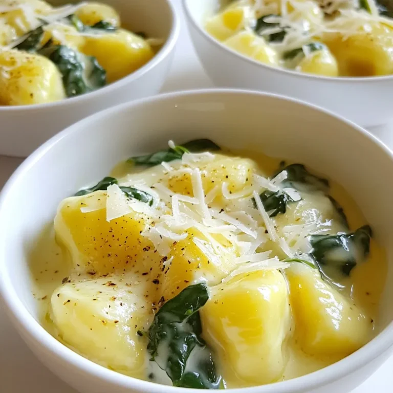Here is what you need for creamy gnocchi with spinach: - 1 pound store-bought gnocchi - 2 cups fresh spinach, chopped - 1 cup heavy cream - 1 cup grated Parmesan cheese - 2 cloves garlic, minced - 1 tablespoon olive oil - Salt and pepper to taste - Optional spices: 1/4 teaspoon nutmeg, pinch of red pepper flakes Each ingredient plays a role in making this dish rich and tasty. The gnocchi provides a comforting base, while the spinach adds freshness. Heavy cream makes the sauce creamy, and Parmesan gives it depth. Garlic brings flavor, and olive oil helps cook everything smoothly. Adjust salt and pepper to your taste. You can add nutmeg for warmth or red pepper flakes for heat if you like a kick. These simple ingredients come together to create a delightful meal in no time. {{ingredient_image_2}} Start by boiling a big pot of water. Add a good amount of salt to it. When the water is boiling, add the gnocchi. Cook them as directed on the package, usually around 2-3 minutes. You’ll know they are ready when they float to the top. Carefully drain the gnocchi in a colander and set them aside. Grab a large skillet and heat the olive oil over medium heat. Once the oil is warm, add the minced garlic. Sauté the garlic for about 1 minute. You want it to smell good and turn a light golden color. Be careful not to let it burn. Next, add the chopped spinach to your skillet. Stir it often for about 2-3 minutes. The spinach should cook down and become soft. Now, slowly pour in the heavy cream. Let it simmer gently for a couple of minutes. Then, add the grated Parmesan cheese. Keep stirring until the cheese melts and mixes well into the cream. Finally, gently fold in the cooked gnocchi. Season with salt and pepper to taste. If you like, sprinkle in some nutmeg and red pepper flakes for extra flavor. Enjoy your creamy gnocchi! To make a great cream sauce, start with good cream. Heavy cream gives the best results. Heat it gently to keep the sauce smooth. Add Parmesan cheese slowly while stirring. This helps the cheese melt nicely. If you want warmth, add a pinch of nutmeg. For some spice, red pepper flakes work well too. Taste your sauce and adjust salt and pepper to make it just right. Serve the gnocchi hot for the best taste. You can pair it with a nice green salad. A simple arugula salad with lemon dressing goes well. You can also add grilled chicken or shrimp for extra protein. This makes a complete meal that everyone will love. For a pretty presentation, use shallow bowls. This highlights the creamy gnocchi. Drizzle a little olive oil on top for shine. Sprinkle freshly grated Parmesan cheese for added flavor. You can also add fresh herbs like basil or parsley. This gives a nice pop of color and freshness. Pro Tips Cook Gnocchi Al Dente: For the best texture, ensure that you cook the gnocchi just until they float. Overcooking can make them mushy. Use Fresh Spinach: Fresh spinach adds a vibrant flavor and color to the dish. If you use frozen spinach, make sure to thaw and drain it well to avoid excess moisture in the sauce. Customize Your Cheese: While Parmesan is classic, feel free to mix in other cheeses like Pecorino Romano or Gouda for a unique twist on flavor. Adjust the Creaminess: For a lighter version, substitute half of the heavy cream with vegetable broth or milk. This will still keep the dish creamy while reducing calories. {{image_4}} You can easily add protein to your creamy gnocchi. Chicken and shrimp are great choices. For chicken, use cooked, diced pieces. For shrimp, add them to the garlic when sautéing. Cook until they turn pink. This adds flavor and makes the meal hearty. You can also try adding cooked sausage for a spicy kick. Feel free to mix in other vegetables. Peas, mushrooms, or bell peppers work well. Sauté them with the garlic for a few minutes. This adds color and nutrients. Broccoli or zucchini can also be used. Just make sure to cook them until tender. Each vegetable brings a new taste to the dish. You can make this dish vegan or dairy-free. Swap heavy cream for coconut milk or cashew cream. Use nutritional yeast instead of Parmesan cheese for a cheesy flavor. Choose plant-based gnocchi to keep it vegan. This way, everyone can enjoy your creamy gnocchi! To store leftovers, let the gnocchi cool down. Place it in an airtight container. Make sure to seal it well. Store it in the fridge for up to three days. This helps keep the flavors fresh. To reheat, you can use a skillet. Add a splash of water or cream. Heat over medium-low until warm. Stir gently to keep the cream sauce smooth. You can also use a microwave. Heat in short bursts, stirring in between. This helps avoid hot spots. If you want to freeze, first let the gnocchi cool completely. Place it in a freezer-safe bag or container. Remove as much air as possible. It can last for up to three months. To use, thaw it in the fridge overnight before reheating. Yes, you can use frozen gnocchi. Just cook them according to the package. They may take a few minutes longer than fresh gnocchi. Frozen gnocchi will still taste great in this creamy dish. To make this recipe gluten-free, use gluten-free gnocchi. Many brands offer gluten-free options made from potatoes or rice flour. Check the label to ensure it's safe for your diet. If you want a lighter option, you can use half-and-half or whole milk. For dairy-free, try coconut cream or cashew cream. These will change the flavor slightly, but they keep the dish creamy. Creamy gnocchi lasts about 3 to 4 days in the fridge. Store it in an airtight container for best results. If it thickens, add a splash of milk when reheating to bring back the creaminess. This blog post covered a creamy gnocchi recipe, from ingredients to storage tips. You learned how to cook gnocchi and make a rich sauce. Plus, I shared ways to customize the dish to suit your taste. Don’t forget to experiment with proteins or veggies for different flavors. Store leftovers properly to enjoy them later. With these tips, you can create a meal that pleases everyone. Embrace your cooking skills and make this dish your own!