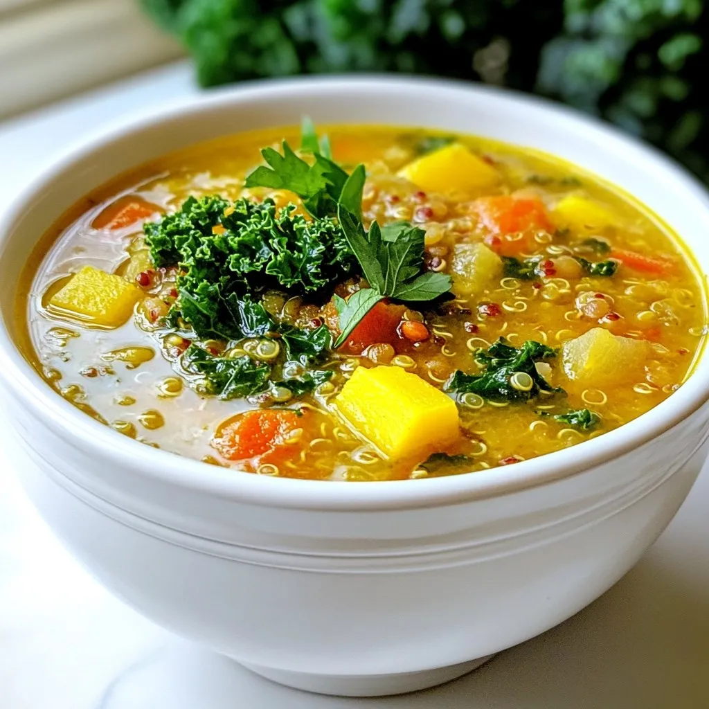 - 1 cup dried lentils (green or brown), thoroughly rinsed - 1 tablespoon extra virgin olive oil - 1 medium onion, finely diced - 2 cloves garlic, minced - 2 medium carrots, peeled and diced - 2 celery stalks, diced - 1 teaspoon ground cumin - 1 teaspoon smoked paprika - 1 teaspoon dried thyme - 1 can (15 oz) diced tomatoes, with their juices - 6 cups vegetable broth - 1 cup cooked quinoa - 2 cups kale, stems removed and chopped - Salt and freshly ground black pepper to taste - Fresh parsley, chopped, for garnish Each ingredient adds a unique flavor and nutrition to the soup. - Lentils: High in protein and fiber. They help keep you full and aid digestion. - Olive oil: Contains healthy fats that support heart health. - Onion and garlic: Packed with antioxidants, they boost your immune system. - Carrots: High in beta-carotene, they support eye health. - Celery: Low in calories and high in vitamins. It adds crunch and taste. - Cumin: A spice that may aid digestion and add warmth. - Smoked paprika: Adds depth and a hint of smokiness. - Thyme: Offers antibacterial properties and a lovely aroma. - Diced tomatoes: Rich in vitamins and lycopene, which may reduce cancer risk. - Vegetable broth: Provides flavor and hydration. - Quinoa: A complete protein source, rich in amino acids. - Kale: Full of vitamins A, C, and K, it supports overall health. - Salt and pepper: Essential for enhancing the flavors of the soup. - Parsley: Adds freshness and is rich in nutrients. Many of these ingredients are perfect for fall. Lentils and kale are in season, making them easy to find. Onions, garlic, and carrots are also readily available year-round. Embracing these seasonal ingredients makes your soup not just tasty but also fresh and sustainable. {{ingredient_image_2}} 1. Heat the Oil: Start by heating 1 tablespoon of extra virgin olive oil in a large pot over medium heat. Wait until the oil shimmers. 2. Cook the Onion: Add 1 medium, finely diced onion to the pot. Cook for about 5 minutes until it becomes soft and translucent. Stir often so it cooks evenly. 3. Add Garlic and Veggies: Next, mix in 2 minced garlic cloves, 2 diced carrots, and 2 diced celery stalks. Sauté these for another 5 minutes. You want them to soften but not brown. 4. Spice It Up: Now, sprinkle in 1 teaspoon each of ground cumin, smoked paprika, and dried thyme. Stir for about 1 minute. This helps the spices release their strong flavors. 5. Lentils and Tomatoes: Add 1 cup of rinsed lentils and 1 can of diced tomatoes with their juices. Pour in 6 cups of vegetable broth. Stir everything together. 6. Bring to Boil: Increase the heat to high. Wait for the soup to come to a rolling boil. Once it boils, cover the pot and reduce the heat to low. 7. Simmer the Soup: Let the soup simmer for 25-30 minutes. Check the lentils to ensure they are tender but not mushy. Stir occasionally to stop sticking. 8. Add Quinoa and Kale: After the lentils are tender, stir in 1 cup of cooked quinoa and 2 cups of chopped kale. Cook for another 5 minutes until the kale wilts and blends in. 9. Season and Serve: Taste the soup and add salt and freshly ground black pepper. This balances the flavors. Finally, serve it hot in bowls, garnishing with freshly chopped parsley. - Chopping Veggies: Use a sharp knife for easy chopping. Cut carrots and celery into small, even pieces. This helps them cook at the same rate. - Handling Spices: Keep spices in a cool, dark place. This keeps their flavors strong. Measure spices carefully to avoid overpowering the soup. - Medium Heat: Use medium heat for sautéing to avoid burning the onions and garlic. - Simmering: Simmer the soup on low heat for even cooking. This allows flavors to meld beautifully. These steps create a warming, high-protein fall soup that bursts with flavor. Enjoy every spoonful! To make your soup even better, think about adding fresh herbs. Chopped parsley adds a bright flavor. You can also try thyme or cilantro for more depth. Adding a splash of lemon juice brightens the taste too. Common mistakes to avoid include not rinsing lentils. Rinsing removes dirt and helps them cook evenly. Another mistake is adding too much salt too early. Wait until the end to adjust seasoning. This helps you control the flavor better. Use a large pot for cooking your soup. A heavy-bottomed pot works well for even heat. A wooden spoon helps stir the soup without scratching your pot. A good cutting board and sharp knife make chopping easier and safer. - To boost nutrition, mix in more vegetables. Spinach or zucchini are great choices. - If you like it spicy, add a pinch of red pepper flakes. - Use a blender for a smoother texture if desired. Just be careful with hot liquids. These tips will help you create a delicious and nutritious high-protein soup that warms you up on chilly days! Pro Tips Rinse Lentils: Always rinse lentils thoroughly before cooking to remove any dust or debris, ensuring a clean base for your soup. Flavor Boost: For an extra depth of flavor, consider adding a bay leaf or a splash of balsamic vinegar during the simmering stage. Quinoa Cooking: Use leftover quinoa if you have it; it's a great way to save time and reduce waste while adding extra protein. Kale Substitutions: If kale isn't available, feel free to substitute with spinach or Swiss chard for a different twist on this nutritious soup. {{image_4}} You can change the protein in this soup to fit your taste. Chicken or turkey are great options. You can also use beans like kidney or black beans for a vegetarian choice. These options add protein while keeping the soup tasty. Feel free to swap out veggies based on what you like. If you love sweet potatoes, chop one up and add it. Zucchini or bell peppers also work well. Use what’s fresh and in-season to make the soup even better. Spices can make a big difference in flavor. If you enjoy heat, try adding a pinch of cayenne pepper or some red pepper flakes. For a different taste, mix in some curry powder or Italian herbs. These changes can turn a simple soup into a signature dish. Experiment and make this soup your own! The goal is to enjoy every bite while packing in the protein. To keep your Harvest Protein-Packed Soup fresh, follow these tips: - Storing Leftovers: Let the soup cool down. Pour it into airtight containers. Store it in the fridge. It stays good for up to five days. - Freezing Guidelines: For long-term storage, use freezer-safe containers. Leave some space at the top. The soup can freeze for up to three months. Label each container with the date. - Reheating Instructions: When ready to eat, thaw overnight in the fridge. Heat on the stove over medium-low heat. Stir often to warm it evenly. You can also use the microwave. Heat in short bursts, stirring in between. These steps help maintain the soup's flavor and texture, making it a perfect meal for busy days. How to increase the protein content of the soup? You can boost protein in this soup by adding extra lentils or quinoa. Chickpeas or black beans work well too. For meat lovers, diced chicken or turkey can add protein. Just remember to adjust cooking times for meat. Mix in some nuts or seeds as toppings for extra crunch and protein. Can I make this soup vegan? Yes, this soup is already vegan if you use vegetable broth. Ensure your quinoa is also vegan. You might add more veggies or beans for flavor and protein. A splash of lemon juice can brighten the taste. Always check labels for any added ingredients. What are the best side dishes to serve with high-protein soups? Great sides for high-protein soups include a fresh salad or whole grain bread. A slice of avocado toast adds healthy fats. Roasted veggies bring warmth and flavor. For a filling meal, serve with a protein-rich quinoa salad. These sides complement the soup without overpowering it. You now have everything you need to make a tasty protein-packed soup. This soup is full of seasonal ingredients that boost nutrition and flavor. Follow the step-by-step guide to prepare and cook your soup perfectly. Remember to explore flavor variations to make it your own. Use the storage tips to keep your leftovers fresh. Enjoy your delicious meals with confidence and creativity! You can make cooking fun and healthy. Dive in and start experimenting!