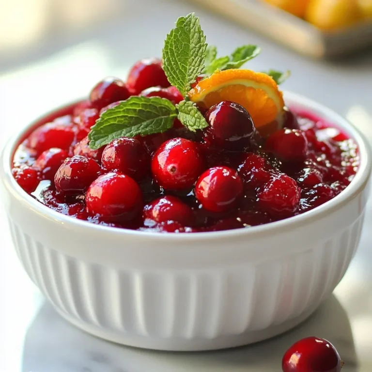 - 12 oz fresh cranberries - 1 cup granulated sugar - 1 cup freshly squeezed orange juice - Zest of 1 orange - 1/2 teaspoon ground cinnamon - 1/4 teaspoon ground ginger - 1/4 teaspoon fine sea salt - Optional: 1/2 cup walnuts or pecans, finely chopped To make my easy cranberry sauce, I use fresh ingredients that bring out the best flavor. Fresh cranberries are key. They have a tartness that balances well with the sugar. For sweetness, I add granulated sugar. Freshly squeezed orange juice adds a bright, citrusy twist. I also like to include the zest of one orange. It gives the sauce a lovely aroma and extra flavor. Ground cinnamon and ground ginger add warmth and spice. Fine sea salt helps to enhance all the flavors. If you want a crunchy texture, consider adding chopped walnuts or pecans. They add a nice bite. This combination of ingredients creates a sauce that is both simple and flavorful. {{ingredient_image_2}} - First, rinse 12 oz of fresh cranberries under cold water. - Next, check each cranberry. Remove any stems or bad berries. - In a medium saucepan, add the rinsed cranberries, 1 cup of sugar, and 1 cup of fresh orange juice. - Also, add the zest of 1 orange, 1/2 teaspoon of ground cinnamon, 1/4 teaspoon of ground ginger, and 1/4 teaspoon of fine sea salt. - Stir all the ingredients well to mix them together. - Place the saucepan over medium heat. - Heat the mixture until it starts to simmer gently. - Once it simmers, let it cook for 10-15 minutes. Stir occasionally. - During cooking, the cranberries will pop and the sauce will thicken. - If you want to add nuts, fold in 1/2 cup of finely chopped walnuts or pecans during the last 3-5 minutes. - After cooking, take the saucepan off the heat. Let the sauce cool to room temperature. - Once cooled, transfer the sauce to a nice bowl or an airtight container. - Refrigerate for at least 1 hour so the flavors can blend. Serve chilled for the best taste. To make your cranberry sauce just right, you can adjust the sweetness. If you like it sweeter, add more sugar. You can also try using honey or maple syrup for a unique twist. Adding nuts can give your sauce a nice crunch. I suggest walnuts or pecans, finely chopped. Stir them in during the last few minutes of cooking. This adds texture and makes the sauce even more delightful. When serving your cranberry bliss sauce, use a pretty bowl. This makes it look special. For a festive touch, sprinkle a few whole cranberries on top. A sprig of fresh mint adds color and a fresh smell. Try placing the sauce on a platter with other dishes. It pairs well with turkey, ham, or cheese. Your guests will love the vibrant color and taste. Pro Tips Fresh Cranberries: Always choose firm and plump cranberries for the best flavor and texture in your sauce. Avoid any that are soft or wrinkled. Adjusting Sweetness: Taste your sauce as it cooks and adjust the sugar if necessary, depending on the tartness of the cranberries and your personal preference. Flavor Boost: For an extra layer of flavor, consider adding a splash of vanilla extract or a hint of nutmeg while the sauce simmers. Storage Tips: Store the cranberry bliss sauce in an airtight container in the refrigerator for up to a week, allowing the flavors to deepen over time. {{image_4}} You can easily change the taste of your cranberry sauce. One great way is through citrus. Adding lemon or lime juice brightens up the flavor. You can also try mixing in their zest for extra zing. Next, consider spices. Adding a pinch of allspice or nutmeg gives the sauce warmth. These spices blend well with the tart cranberries. Experiment with these flavors to find your favorite mix. If you want a healthier option, you can swap sugar. Use honey or maple syrup instead. Both add sweetness but with extra flavor. Make sure to adjust the amount, as these options can be sweeter. For those with nut allergies, simply leave out the nuts. You can still enjoy a great texture without them. The sauce will still be rich and flavorful without added crunch. To store your cranberry bliss sauce, place it in an airtight container. This keeps it fresh and ready for use. You can refrigerate it for up to a week. Before serving, give it a good stir. The flavors will blend nicely in the fridge. If you notice any separation, that’s normal. Just mix it back together. If you want to keep your cranberry sauce longer, freezing is a great option. Pour the cooled sauce into a freezer-safe container. Leave some space at the top because it will expand when frozen. You can freeze it for up to three months. When you're ready to use it, move the container to the fridge for a slow thaw overnight. If you're in a hurry, place the container in a bowl of cold water. Just avoid using a microwave, as it may change the texture. How long can I keep homemade cranberry sauce? You can keep homemade cranberry sauce in the fridge for about two weeks. Store it in an airtight container to keep it fresh. The flavors will deepen over time, making it even better! Can I make cranberry sauce ahead of time? Yes, you can make cranberry sauce ahead of time! I often prepare it a day or two before serving. This way, it chills in the fridge, and the flavors blend nicely. Just remember to store it in a sealed container. What can I serve with cranberry sauce? Cranberry sauce pairs well with many dishes. You can serve it with turkey, chicken, or pork. It also works great on sandwiches and in salads. For a fun twist, try it with cheese and crackers for a holiday snack! Making homemade cranberry sauce is simple and rewarding. You learned about the key ingredients: fresh cranberries, sugar, and spices. I shared easy steps for preparation, cooking, and cooling. You can customize it with flavors and textures, using nuts or different citrus. Store your sauce properly to enjoy it later. With these tips, you can impress anyone at your next meal. Try this recipe for a fresh twist on a classic dish. You’ll be proud of your delicious result. Enjoy your cooking!