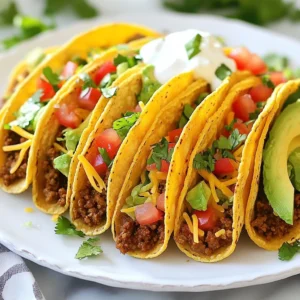 For crispy baked ground beef tacos, you need the following: - 1 lb ground beef - 1 small onion, finely chopped - 2 garlic cloves, minced - 1 tablespoon chili powder - 1 teaspoon ground cumin - 1 teaspoon smoked paprika - Salt and pepper to taste - 12 small corn tortillas - 1 cup shredded cheese (cheddar or Mexican blend) - 1 cup iceberg lettuce, finely shredded - 1 medium tomato, diced - 1 ripe avocado, diced - ½ cup sour cream - Fresh cilantro, chopped (for garnish) - Olive oil for brushing These ingredients combine to create a tasty and satisfying meal. If you have dietary needs, consider these swaps: - Use ground turkey or chicken for a leaner option. - Replace cheese with dairy-free cheese for a vegan choice. - Try lettuce wraps instead of tortillas for a low-carb meal. - Use gluten-free tortillas if gluten is a concern. These alternatives keep the dish delicious while fitting your needs. For the best taste, choose quality ingredients: - Select 80/20 ground beef for rich flavor and juiciness. - Opt for fresh, local produce for the best taste and nutrition. - Use organic olive oil for a healthier fat option. - Look for aged cheddar for a sharper flavor. Using quality ingredients makes a noticeable difference in your tacos. {{ingredient_image_2}} First, you need to preheat your oven to 375°F (190°C). This step helps the tacos bake evenly. While the oven heats, gather the ingredients. You want everything ready to go. In a large skillet, add 1 pound of ground beef over medium heat. Cook it until it turns brown. As it cooks, break it apart with a spatula. Once the beef is browned, drain any fat. Next, toss in the finely chopped onion and minced garlic. Sauté them for about 3-4 minutes. You want the onion to become soft and clear. Then, stir in 1 tablespoon of chili powder, 1 teaspoon of ground cumin, 1 teaspoon of smoked paprika, salt, and pepper. Mix and cook for 2-3 more minutes. This helps the spices blend well with the beef, giving it a great flavor. Now, let's prepare the corn tortillas. Brush both sides of each tortilla with olive oil. This step makes them crispier when baked. Lay the tortillas on a baking sheet. Spoon the beef mixture into each tortilla. Make sure to add a good amount of shredded cheese on top. Carefully fold each tortilla in half. Press the edges gently to keep the filling inside. Arrange them on the baking sheet without overlapping. Bake in the oven for about 15-20 minutes. You want the tortillas to turn golden and crispy. Once done, take them out and let them cool for a few minutes. This way, they are easier to handle. Finally, top each taco with shredded lettuce, diced tomatoes, and avocado. Add a scoop of sour cream and sprinkle cilantro for a fresh touch. Enjoy your crispy baked tacos! To make your tacos extra crispy, brush both sides of the corn tortillas with olive oil. This tiny step helps them crisp up in the oven. Make sure to bake them at 375°F (190°C) for about 15-20 minutes. Keep an eye on them to ensure they turn golden brown without burning. You can add more flavor to your beef by using different spices. Try adding cayenne pepper for heat or oregano for a fresh taste. If you want to change up the cheese, use pepper jack for a spicy kick or queso fresco for a milder flavor. You can also add black beans or corn to the beef mixture for a fun twist. One common mistake is overfilling the tortillas. If you pack them too tight, they might rip or not bake evenly. Another mistake is not preheating the oven. Always preheat to ensure the tacos bake properly. Lastly, be careful with the oil. Too much can make the tacos greasy instead of crispy. Pro Tips Use Fresh Ingredients: Fresh vegetables and herbs enhance the flavor and texture of your tacos. Opt for ripe avocados and crisp lettuce for the best results. Customize Your Spices: Adjust the spices to your taste. If you prefer more heat, add cayenne pepper or jalapeños to the beef mixture. Warm Your Tortillas: Slightly warming the tortillas before assembly makes them more pliable and helps prevent cracking when folding. Experiment with Fillings: Feel free to mix up the fillings! Try adding black beans, corn, or even grilled vegetables for a delicious twist. {{image_4}} If you want a meatless option, try lentils or black beans. They add protein and fiber. Cook them with the same spices as the beef. You can even add some bell peppers for extra flavor. Use them in place of ground beef. This keeps the dish tasty and healthy. Cheese can change the taco’s flavor. Try Monterey Jack or Pepper Jack for a kick. For a creamy touch, use queso fresco. You can also mix cheeses for more depth. As for sauces, salsa verde or chipotle mayo can spice things up. These options make your tacos more exciting and fun. Get creative with your fillings. Try adding roasted veggies like zucchini or bell peppers. For a twist, use pulled jackfruit for a fun texture. You can also include beans, corn, or even quinoa. Top it off with fresh herbs like cilantro or green onions for added freshness. Making your tacos unique makes them more enjoyable. To store leftover tacos, let them cool down first. Place them in an airtight container. If you have toppings like lettuce or avocado, store them separately. This keeps everything fresh. You can keep them in the fridge for up to three days. To freeze the tacos, wrap them in plastic wrap tightly. Then, place them in a freezer bag. They can stay in the freezer for up to three months. To reheat, remove the wrap and place them on a baking sheet. Bake at 350°F (175°C) for about 15 minutes. This will make them crispy again. Keep your ingredients fresh by storing them properly. Store ground beef in the coldest part of your fridge. Use it within two days. For spices, keep them in a cool, dark place. Toppings like cheese and sour cream last longer in the fridge if sealed well. Use fresh produce within a week for the best taste. Yes, you can use flour tortillas. Flour tortillas are softer and may not crisp up like corn ones. If you prefer a chewier texture, go for flour. Just remember to adjust cooking times, as they might bake faster. To add some heat, include diced jalapeños in the beef mix. You can also use spicy chili powder or hot sauce. Another option is to sprinkle some crushed red pepper on top before serving. Adjust the spice level to suit your taste. Crispy baked tacos pair well with many sides. Consider serving them with: - Mexican rice - Refried beans - Corn salad - Guacamole - Salsa - A fresh green salad These sides add flavor and balance to your meal. Enjoy your taco night! This blog post covered everything you need for perfect tacos. We explored key ingredients, shared cooking steps, and offered tips for crispy results. You learned about alternatives for special diets, easy storage, and tasty variations. Remember, cooking is about fun and creativity. Use this guide as your taco adventure roadmap. Enjoy making your tacos just right, and don’t be afraid to try new flavors! Happy cooking!
