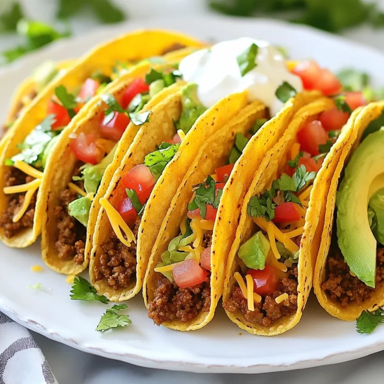 For crispy baked ground beef tacos, you need the following: - 1 lb ground beef - 1 small onion, finely chopped - 2 garlic cloves, minced - 1 tablespoon chili powder - 1 teaspoon ground cumin - 1 teaspoon smoked paprika - Salt and pepper to taste - 12 small corn tortillas - 1 cup shredded cheese (cheddar or Mexican blend) - 1 cup iceberg lettuce, finely shredded - 1 medium tomato, diced - 1 ripe avocado, diced - ½ cup sour cream - Fresh cilantro, chopped (for garnish) - Olive oil for brushing These ingredients combine to create a tasty and satisfying meal. If you have dietary needs, consider these swaps: - Use ground turkey or chicken for a leaner option. - Replace cheese with dairy-free cheese for a vegan choice. - Try lettuce wraps instead of tortillas for a low-carb meal. - Use gluten-free tortillas if gluten is a concern. These alternatives keep the dish delicious while fitting your needs. For the best taste, choose quality ingredients: - Select 80/20 ground beef for rich flavor and juiciness. - Opt for fresh, local produce for the best taste and nutrition. - Use organic olive oil for a healthier fat option. - Look for aged cheddar for a sharper flavor. Using quality ingredients makes a noticeable difference in your tacos. {{ingredient_image_2}} First, you need to preheat your oven to 375°F (190°C). This step helps the tacos bake evenly. While the oven heats, gather the ingredients. You want everything ready to go. In a large skillet, add 1 pound of ground beef over medium heat. Cook it until it turns brown. As it cooks, break it apart with a spatula. Once the beef is browned, drain any fat. Next, toss in the finely chopped onion and minced garlic. Sauté them for about 3-4 minutes. You want the onion to become soft and clear. Then, stir in 1 tablespoon of chili powder, 1 teaspoon of ground cumin, 1 teaspoon of smoked paprika, salt, and pepper. Mix and cook for 2-3 more minutes. This helps the spices blend well with the beef, giving it a great flavor. Now, let's prepare the corn tortillas. Brush both sides of each tortilla with olive oil. This step makes them crispier when baked. Lay the tortillas on a baking sheet. Spoon the beef mixture into each tortilla. Make sure to add a good amount of shredded cheese on top. Carefully fold each tortilla in half. Press the edges gently to keep the filling inside. Arrange them on the baking sheet without overlapping. Bake in the oven for about 15-20 minutes. You want the tortillas to turn golden and crispy. Once done, take them out and let them cool for a few minutes. This way, they are easier to handle. Finally, top each taco with shredded lettuce, diced tomatoes, and avocado. Add a scoop of sour cream and sprinkle cilantro for a fresh touch. Enjoy your crispy baked tacos! To make your tacos extra crispy, brush both sides of the corn tortillas with olive oil. This tiny step helps them crisp up in the oven. Make sure to bake them at 375°F (190°C) for about 15-20 minutes. Keep an eye on them to ensure they turn golden brown without burning. You can add more flavor to your beef by using different spices. Try adding cayenne pepper for heat or oregano for a fresh taste. If you want to change up the cheese, use pepper jack for a spicy kick or queso fresco for a milder flavor. You can also add black beans or corn to the beef mixture for a fun twist. One common mistake is overfilling the tortillas. If you pack them too tight, they might rip or not bake evenly. Another mistake is not preheating the oven. Always preheat to ensure the tacos bake properly. Lastly, be careful with the oil. Too much can make the tacos greasy instead of crispy. Pro Tips Use Fresh Ingredients: Fresh vegetables and herbs enhance the flavor and texture of your tacos. Opt for ripe avocados and crisp lettuce for the best results. Customize Your Spices: Adjust the spices to your taste. If you prefer more heat, add cayenne pepper or jalapeños to the beef mixture. Warm Your Tortillas: Slightly warming the tortillas before assembly makes them more pliable and helps prevent cracking when folding. Experiment with Fillings: Feel free to mix up the fillings! Try adding black beans, corn, or even grilled vegetables for a delicious twist. {{image_4}} If you want a meatless option, try lentils or black beans. They add protein and fiber. Cook them with the same spices as the beef. You can even add some bell peppers for extra flavor. Use them in place of ground beef. This keeps the dish tasty and healthy. Cheese can change the taco’s flavor. Try Monterey Jack or Pepper Jack for a kick. For a creamy touch, use queso fresco. You can also mix cheeses for more depth. As for sauces, salsa verde or chipotle mayo can spice things up. These options make your tacos more exciting and fun. Get creative with your fillings. Try adding roasted veggies like zucchini or bell peppers. For a twist, use pulled jackfruit for a fun texture. You can also include beans, corn, or even quinoa. Top it off with fresh herbs like cilantro or green onions for added freshness. Making your tacos unique makes them more enjoyable. To store leftover tacos, let them cool down first. Place them in an airtight container. If you have toppings like lettuce or avocado, store them separately. This keeps everything fresh. You can keep them in the fridge for up to three days. To freeze the tacos, wrap them in plastic wrap tightly. Then, place them in a freezer bag. They can stay in the freezer for up to three months. To reheat, remove the wrap and place them on a baking sheet. Bake at 350°F (175°C) for about 15 minutes. This will make them crispy again. Keep your ingredients fresh by storing them properly. Store ground beef in the coldest part of your fridge. Use it within two days. For spices, keep them in a cool, dark place. Toppings like cheese and sour cream last longer in the fridge if sealed well. Use fresh produce within a week for the best taste. Yes, you can use flour tortillas. Flour tortillas are softer and may not crisp up like corn ones. If you prefer a chewier texture, go for flour. Just remember to adjust cooking times, as they might bake faster. To add some heat, include diced jalapeños in the beef mix. You can also use spicy chili powder or hot sauce. Another option is to sprinkle some crushed red pepper on top before serving. Adjust the spice level to suit your taste. Crispy baked tacos pair well with many sides. Consider serving them with: - Mexican rice - Refried beans - Corn salad - Guacamole - Salsa - A fresh green salad These sides add flavor and balance to your meal. Enjoy your taco night! This blog post covered everything you need for perfect tacos. We explored key ingredients, shared cooking steps, and offered tips for crispy results. You learned about alternatives for special diets, easy storage, and tasty variations. Remember, cooking is about fun and creativity. Use this guide as your taco adventure roadmap. Enjoy making your tacos just right, and don’t be afraid to try new flavors! Happy cooking!