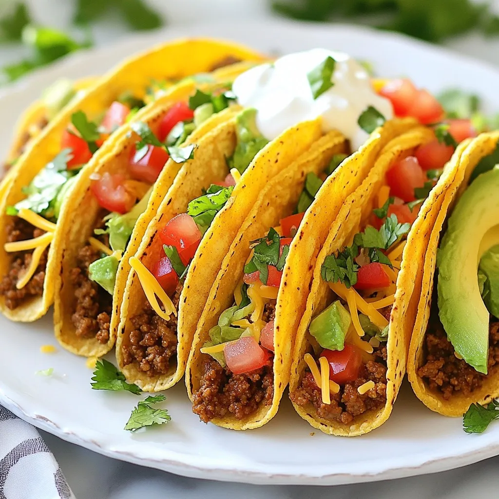 For crispy baked ground beef tacos, you need the following: - 1 lb ground beef - 1 small onion, finely chopped - 2 garlic cloves, minced - 1 tablespoon chili powder - 1 teaspoon ground cumin - 1 teaspoon smoked paprika - Salt and pepper to taste - 12 small corn tortillas - 1 cup shredded cheese (cheddar or Mexican blend) - 1 cup iceberg lettuce, finely shredded - 1 medium tomato, diced - 1 ripe avocado, diced - ½ cup sour cream - Fresh cilantro, chopped (for garnish) - Olive oil for brushing These ingredients combine to create a tasty and satisfying meal. If you have dietary needs, consider these swaps: - Use ground turkey or chicken for a leaner option. - Replace cheese with dairy-free cheese for a vegan choice. - Try lettuce wraps instead of tortillas for a low-carb meal. - Use gluten-free tortillas if gluten is a concern. These alternatives keep the dish delicious while fitting your needs. For the best taste, choose quality ingredients: - Select 80/20 ground beef for rich flavor and juiciness. - Opt for fresh, local produce for the best taste and nutrition. - Use organic olive oil for a healthier fat option. - Look for aged cheddar for a sharper flavor. Using quality ingredients makes a noticeable difference in your tacos. {{ingredient_image_2}} First, you need to preheat your oven to 375°F (190°C). This step helps the tacos bake evenly. While the oven heats, gather the ingredients. You want everything ready to go. In a large skillet, add 1 pound of ground beef over medium heat. Cook it until it turns brown. As it cooks, break it apart with a spatula. Once the beef is browned, drain any fat. Next, toss in the finely chopped onion and minced garlic. Sauté them for about 3-4 minutes. You want the onion to become soft and clear. Then, stir in 1 tablespoon of chili powder, 1 teaspoon of ground cumin, 1 teaspoon of smoked paprika, salt, and pepper. Mix and cook for 2-3 more minutes. This helps the spices blend well with the beef, giving it a great flavor. Now, let's prepare the corn tortillas. Brush both sides of each tortilla with olive oil. This step makes them crispier when baked. Lay the tortillas on a baking sheet. Spoon the beef mixture into each tortilla. Make sure to add a good amount of shredded cheese on top. Carefully fold each tortilla in half. Press the edges gently to keep the filling inside. Arrange them on the baking sheet without overlapping. Bake in the oven for about 15-20 minutes. You want the tortillas to turn golden and crispy. Once done, take them out and let them cool for a few minutes. This way, they are easier to handle. Finally, top each taco with shredded lettuce, diced tomatoes, and avocado. Add a scoop of sour cream and sprinkle cilantro for a fresh touch. Enjoy your crispy baked tacos! To make your tacos extra crispy, brush both sides of the corn tortillas with olive oil. This tiny step helps them crisp up in the oven. Make sure to bake them at 375°F (190°C) for about 15-20 minutes. Keep an eye on them to ensure they turn golden brown without burning. You can add more flavor to your beef by using different spices. Try adding cayenne pepper for heat or oregano for a fresh taste. If you want to change up the cheese, use pepper jack for a spicy kick or queso fresco for a milder flavor. You can also add black beans or corn to the beef mixture for a fun twist. One common mistake is overfilling the tortillas. If you pack them too tight, they might rip or not bake evenly. Another mistake is not preheating the oven. Always preheat to ensure the tacos bake properly. Lastly, be careful with the oil. Too much can make the tacos greasy instead of crispy. Pro Tips Use Fresh Ingredients: Fresh vegetables and herbs enhance the flavor and texture of your tacos. Opt for ripe avocados and crisp lettuce for the best results. Customize Your Spices: Adjust the spices to your taste. If you prefer more heat, add cayenne pepper or jalapeños to the beef mixture. Warm Your Tortillas: Slightly warming the tortillas before assembly makes them more pliable and helps prevent cracking when folding. Experiment with Fillings: Feel free to mix up the fillings! Try adding black beans, corn, or even grilled vegetables for a delicious twist. {{image_4}} If you want a meatless option, try lentils or black beans. They add protein and fiber. Cook them with the same spices as the beef. You can even add some bell peppers for extra flavor. Use them in place of ground beef. This keeps the dish tasty and healthy. Cheese can change the taco’s flavor. Try Monterey Jack or Pepper Jack for a kick. For a creamy touch, use queso fresco. You can also mix cheeses for more depth. As for sauces, salsa verde or chipotle mayo can spice things up. These options make your tacos more exciting and fun. Get creative with your fillings. Try adding roasted veggies like zucchini or bell peppers. For a twist, use pulled jackfruit for a fun texture. You can also include beans, corn, or even quinoa. Top it off with fresh herbs like cilantro or green onions for added freshness. Making your tacos unique makes them more enjoyable. To store leftover tacos, let them cool down first. Place them in an airtight container. If you have toppings like lettuce or avocado, store them separately. This keeps everything fresh. You can keep them in the fridge for up to three days. To freeze the tacos, wrap them in plastic wrap tightly. Then, place them in a freezer bag. They can stay in the freezer for up to three months. To reheat, remove the wrap and place them on a baking sheet. Bake at 350°F (175°C) for about 15 minutes. This will make them crispy again. Keep your ingredients fresh by storing them properly. Store ground beef in the coldest part of your fridge. Use it within two days. For spices, keep them in a cool, dark place. Toppings like cheese and sour cream last longer in the fridge if sealed well. Use fresh produce within a week for the best taste. Yes, you can use flour tortillas. Flour tortillas are softer and may not crisp up like corn ones. If you prefer a chewier texture, go for flour. Just remember to adjust cooking times, as they might bake faster. To add some heat, include diced jalapeños in the beef mix. You can also use spicy chili powder or hot sauce. Another option is to sprinkle some crushed red pepper on top before serving. Adjust the spice level to suit your taste. Crispy baked tacos pair well with many sides. Consider serving them with: - Mexican rice - Refried beans - Corn salad - Guacamole - Salsa - A fresh green salad These sides add flavor and balance to your meal. Enjoy your taco night! This blog post covered everything you need for perfect tacos. We explored key ingredients, shared cooking steps, and offered tips for crispy results. You learned about alternatives for special diets, easy storage, and tasty variations. Remember, cooking is about fun and creativity. Use this guide as your taco adventure roadmap. Enjoy making your tacos just right, and don’t be afraid to try new flavors! Happy cooking!
