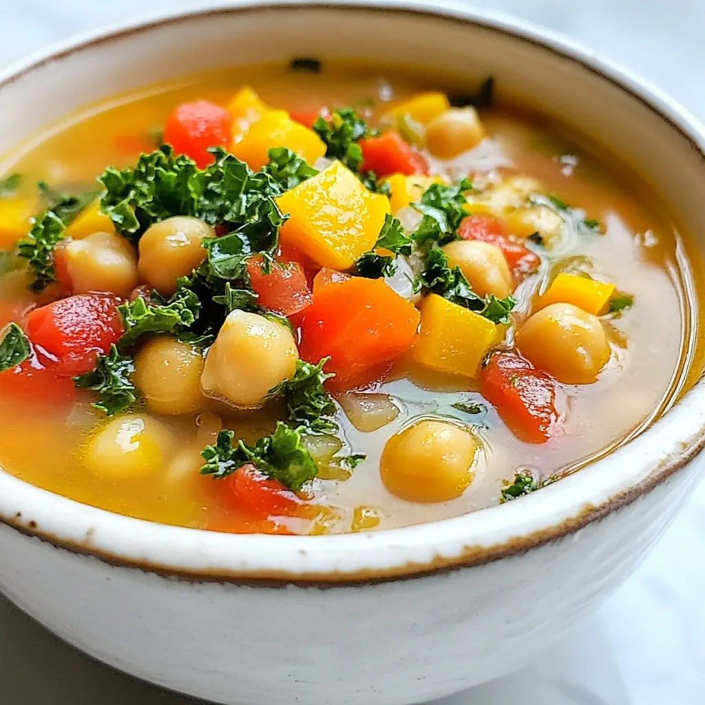 - 2 cans (15 oz each) chickpeas, thoroughly drained and rinsed - 1 medium onion, finely chopped - 2 cloves of garlic, minced - 2 medium carrots, peeled and diced - 2 celery stalks, diced - 1 can (14 oz) diced tomatoes in juice - 4 cups vegetable broth (low-sodium preferred) - 1 teaspoon dried oregano - 1 teaspoon dried thyme - 1 teaspoon smoked paprika - 2 cups kale, stems removed and shredded - 2 tablespoons extra virgin olive oil - Salt and freshly cracked black pepper, to taste - Fresh parsley, chopped (for garnish) For chickpeas, I suggest brands like Goya or Eden Foods. They offer great quality and flavor. For vegetable broth, consider using Imagine or Pacific Foods for a low-sodium option. These products help keep the soup balanced and tasty. When choosing olive oil, I favor extra virgin options from brands like Colavita or California Olive Ranch for their rich flavor. You can swap chickpeas with white beans for a different taste. If you don't have kale, spinach works well too. For the vegetable broth, you can use water, but it might lack flavor. Diced tomatoes can be replaced with fresh chopped tomatoes if you prefer. If you want a spice kick, add red pepper flakes instead of smoked paprika. {{ingredient_image_2}} Start by gathering your ingredients. You will need two cans of chickpeas, an onion, garlic, carrots, celery, diced tomatoes, vegetable broth, dried herbs, kale, olive oil, salt, and pepper. 1. Chop the onion: Cut it finely. This helps it cook faster and blend well. 2. Mince the garlic: Minced garlic adds great flavor. Be careful not to burn it. 3. Dice the carrots and celery: Peel and cut them into small pieces. This allows them to soften nicely. 4. Rinse the chickpeas: Drain and rinse them to remove excess salt. This keeps the soup fresh. 1. Heat the olive oil: Pour it into a large pot over medium heat. Wait until it shimmers. 2. Sauté the onion: Add it to the pot. Cook for about 3-4 minutes until it turns soft and clear. 3. Add garlic: Stir in the minced garlic and cook for one more minute. This releases its aroma. 4. Cook carrots and celery: Toss them in. Stir and cook for about 5-6 minutes. They should become tender. 5. Combine other ingredients: Add diced tomatoes, chickpeas, broth, oregano, thyme, and paprika. Mix well. 6. Bring to a boil: Turn up the heat. Once it boils, lower the heat and cover the pot. 7. Let it simmer: Cook for 20-25 minutes. This helps the flavors mix together. 8. Add the kale: Stir in the shredded kale. Cook for another 5 minutes until it's bright. 9. Season to taste: Add salt and black pepper. Adjust to your preference. - Use medium heat to sauté. This prevents burning and allows flavors to develop. - When simmering, keep the lid on. This helps retain moisture and flavor. - Check the soup at 20 minutes. If you want more flavor, let it simmer longer. - Always taste and adjust seasoning before serving. This ensures a balanced flavor. With these steps, you create a hearty and flavorful meal that warms the soul! To boost the flavor of Tuscan Chickpea Soup, try these simple tips: - Use fresh herbs: Swap dried herbs for fresh when possible. Fresh parsley or basil adds vibrant taste. - Add a squeeze of lemon: A splash of lemon juice brightens the soup. It brings out all the flavors. - Include parmesan cheese: Grate some cheese on top before serving. It adds a rich, savory note. - Experiment with spices: Try adding red pepper flakes for heat or a touch of cumin for depth. When making Tuscan Chickpea Soup, watch out for these pitfalls: - Not rinsing the chickpeas: Always rinse canned chickpeas. This removes extra salt and improves the taste. - Overcooking the kale: Add kale near the end of cooking. You want it tender but still vibrant. - Ignoring seasoning: Taste the soup before serving. Add salt and pepper to enhance the overall flavor. - Using low-quality broth: A good vegetable broth makes a big difference. Choose a low-sodium, flavorful brand. Pair your Tuscan Chickpea Soup with these delightful options: - Crusty bread: A slice of bread is perfect for dipping. It adds heartiness to your meal. - Simple salad: Serve with a light green salad. It adds freshness and balance to the meal. - Olive oil drizzle: A drizzle of high-quality olive oil on top is a nice touch. It enriches the soup’s flavor. - Wine pairing: Enjoy with a glass of Chianti. The wine complements the soup's rich flavors wonderfully. These tips will help you create a comforting bowl of Tuscan Chickpea Soup that shines with flavor and warmth. Pro Tips Chickpea Preparation: For a creamier texture, consider mashing a portion of the chickpeas before adding them to the soup. This will help thicken the broth and give it a richer mouthfeel. Flavor Enhancement: Allow the soup to sit for a while after cooking. The flavors will deepen and improve as it cools, making it even more delicious when reheated. Kale Substitutes: If kale isn’t available, feel free to swap it with other leafy greens like Swiss chard or spinach, which will also add vibrant color and nutrients. Serving Suggestions: Serve the soup with a sprinkle of red pepper flakes for a spicy kick, or pair it with a dollop of yogurt for a creamy contrast. {{image_4}} You can easily make this soup vegetarian or vegan. The base is already plant-based. Just choose vegetable broth that is low in sodium. Ensure all ingredients are vegan-friendly. This soup is hearty and full of flavor without any meat. Want to boost the nutrition? Add in some spinach or Swiss chard. They cook quickly and add vitamins. You could also toss in some diced sweet potatoes. They add sweetness and fiber. If you like, sprinkle in some seeds or nuts for crunch. To turn this soup into a stew, add more veggies. Consider adding potatoes or bell peppers. You can also thicken the soup by blending half of it. This makes it creamy and rich. Serve it with crusty bread. Enjoy a filling meal that warms you inside! To keep your Tuscan chickpea soup fresh, store it in an airtight container. Let the soup cool down to room temperature first. This step helps avoid condensation inside the container. You can keep it in the fridge for about 3-4 days. If you notice any off smells or colors, it's best to throw it out. Reheating is easy! Pour the soup into a pot and heat it over medium heat. Stir often to prevent sticking. You can also use a microwave. Place the soup in a microwave-safe bowl and cover it loosely. Heat it in short bursts, about 1-2 minutes at a time, stirring in between. Make sure it's hot all the way through before serving. Freezing your soup is a great way to save it for later. Use freezer-safe bags or containers. Leave some space at the top for expansion. Label each bag with the date. The soup can last in the freezer for about 2-3 months. When you're ready to eat, thaw it in the fridge overnight before reheating. This way, you always have a hearty meal on hand! To add heat to your soup, try using red pepper flakes. Add them while you cook the onions and garlic. You can also use fresh chili peppers for a stronger kick. Another option is to add a splash of hot sauce just before serving. Adjust the spice level to fit your taste. Remember, you can always add more spice, but it's hard to remove it! Tuscan Chickpea Soup has roots in Tuscany, Italy. This region is known for its rich, hearty dishes. The soup reflects the rustic cooking style of the area, using simple, fresh ingredients. Chickpeas are a staple in many Italian meals, offering protein and texture. This soup showcases how locals use what they have to create something delicious and comforting. Yes, you can use dried chickpeas! Start by soaking them overnight in water. After soaking, drain and rinse them. Cook the soaked chickpeas in boiling water for about an hour. They should be tender before adding them to your soup. Using dried chickpeas may change the cooking time, but it also adds more flavor and nutrients. You learned about making a tasty Tuscan Chickpea Soup. We covered all the crucial ingredients, brands, and smart substitutions. I shared easy steps for preparation and cooking. You received tips to enhance flavor and avoid common mistakes. We also discussed variations, storage, and even answered some FAQs. Cooking is fun and simple. Enjoy making your soup and share it with others!