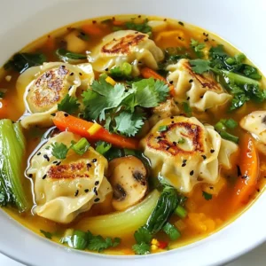 To make a delicious potsticker soup, you need a set of simple ingredients. This soup is cozy and easy to prepare. Here’s what you’ll need: - 20 frozen potstickers (choose between chicken or vegetable) - 6 cups chicken or vegetable broth - 1 tablespoon sesame oil - 2 cloves garlic, finely minced - 1 inch piece of fresh ginger, grated - 2 green onions, chopped (with the whites and greens separated) - 2 cups fresh bok choy, chopped into bite-sized pieces - 1 cup mushrooms, thinly sliced - 1 medium carrot, julienned - 2 tablespoons soy sauce - 1 tablespoon rice vinegar - 1 teaspoon chili paste (optional, for spice) - Salt and pepper, to taste - Fresh cilantro, chopped, for garnish Each ingredient adds its own flavor. The potstickers give the soup heartiness. The broth serves as a warm base, while the garlic and ginger add depth. Bok choy and mushrooms bring freshness and texture. You can adjust spice with chili paste, too! Gather these ingredients before you start. It makes cooking smooth and fun. Enjoy the process of creating this comforting dish! {{ingredient_image_2}} Start by heating 1 tablespoon of sesame oil in a large pot over medium heat. When the oil shimmers, add 2 cloves of finely minced garlic and 1 inch of grated fresh ginger. Sauté for about 1 minute. The smell will make your kitchen feel warm and inviting. Next, add the white parts of 2 chopped green onions. Sauté these for 2 more minutes. This step builds a rich base that adds depth to your soup. Pour in 6 cups of chicken or vegetable broth. Bring this mixture to a gentle simmer. Once the broth is simmering, it’s time to add 20 frozen potstickers. Make sure they are submerged in the broth. Cook them according to the package instructions, which usually takes about 5 to 7 minutes. With 3 minutes left for the potstickers, add 2 cups of chopped bok choy, 1 cup of thinly sliced mushrooms, and 1 medium julienned carrot. Gently stir to mix everything well. This keeps the vegetables crisp and bright. Season the soup with 2 tablespoons of soy sauce, 1 tablespoon of rice vinegar, and 1 teaspoon of optional chili paste for some heat. Taste your soup and adjust with salt and pepper as needed. Let the soup heat through until the veggies are tender but still colorful. Once it's ready, remove the pot from the heat. Serve the potsticker soup hot in bowls. Garnish with the green parts of the chopped green onions and a sprinkle of fresh cilantro. This adds a fresh touch to your dish. Enjoy! To cook potstickers, follow these simple tips: - Use a large pot for even cooking. - Heat sesame oil until it shimmers before adding garlic. - Avoid overcrowding; cook in batches if needed. - Keep the potstickers submerged in broth for even heat. - Stir gently to avoid breaking them. These steps ensure your potstickers stay intact and cook perfectly. To boost the flavor of your potsticker soup: - Sauté fresh garlic and ginger first for a rich aroma. - Use high-quality broth for a deep, savory base. - Add soy sauce and rice vinegar to balance flavors. - Fresh herbs like cilantro and green onions brighten the dish. - Consider a dash of sesame oil at the end for extra richness. These choices create a more delicious and satisfying soup. To adjust spice levels in your soup: - Start with a small amount of chili paste. - Taste as you go; add more if you like it spicier. - For milder flavors, skip the chili paste or use less. - Add a splash of rice vinegar to tone down heat. - Pair with a side of soy sauce for those who prefer it less spicy. These tips help you tailor the spice to your taste. Pro Tips Use Fresh Ingredients: Whenever possible, opt for fresh vegetables rather than frozen ones to enhance the flavor and texture of your soup. Customize Your Broth: Experiment with different broths like miso or bone broth for a richer flavor profile. Add More Spice: If you love heat, increase the amount of chili paste or add sliced fresh chili peppers for an extra kick. Make It Heartier: For a more filling dish, consider adding noodles or tofu to the soup along with the vegetables. {{image_4}} You can easily make this soup meat-free. Use vegetable potstickers instead of chicken. Choose a rich vegetable broth for the base. Add more veggies like bell peppers or zucchini. Tofu can also boost protein. This will keep the soup hearty and filling. You can still use all the spices and seasonings to keep the flavor strong. To make this soup gluten-free, select gluten-free potstickers. Many brands offer these options. Use gluten-free soy sauce or tamari in place of regular soy sauce. Check your broth to ensure it’s gluten-free as well. The rest of the ingredients are naturally gluten-free. This way, everyone can enjoy your delicious soup! If you love heat, get creative with spice! Add more chili paste for a kick. Try adding sliced jalapeños or Thai bird chilies. Another fun option is to stir in some Sriracha right before serving. You can also mix in red pepper flakes for extra warmth. Adjust the spice to suit your taste buds, and enjoy your fiery potsticker soup! After enjoying your flavorful potsticker soup, you may have some left. To store leftovers, let the soup cool down first. Use an airtight container to keep it fresh. Place it in the fridge for up to three days. If you want to keep it longer, consider freezing. When you’re ready to enjoy your leftovers, reheating is simple. Pour the soup into a pot over medium heat. Stir it occasionally until it’s hot. You can also use the microwave. Just place the soup in a microwave-safe bowl. Heat it in 1-minute intervals, stirring in between. This will help it heat evenly. If you want to freeze the soup, do it before adding the fresh vegetables. The potstickers can freeze well. Use a freezer-safe container or bag. Leave some space for the soup to expand. It will last in the freezer for up to three months. When you’re ready to eat it, thaw it in the fridge overnight. Then, reheat and add fresh veggies before serving. This keeps the soup tasty and fresh. Yes, you can use fresh potstickers. Fresh potstickers will cook faster than frozen ones. Adjust the cooking time to about 3-5 minutes instead of 5-7 minutes. This will ensure they heat through without breaking apart. Just make sure they stay submerged in the broth for even cooking. If you can't find bok choy, try using napa cabbage or spinach. Both will add a nice green flavor and texture. You can also use kale, but remember to chop it finely, as it takes longer to cook. Each substitute brings its own unique taste, making your soup just as comforting. To make the soup vegetarian, use vegetable broth instead of chicken broth. Choose vegetable potstickers or make your own with fillings like mushrooms and cabbage. This way, you keep all the flavors while ensuring a hearty, plant-based dish. This article covered how to make a tasty potsticker soup. We looked at simple ingredients, like broth, vegetables, and potstickers. I shared step-by-step instructions for sautéing and cooking. You also learned tips for better flavor and various options. In conclusion, this soup is easy to make and customize. It suits any taste and is great for leftovers. Enjoy your cooking journey with these simple yet delicious recipes!
