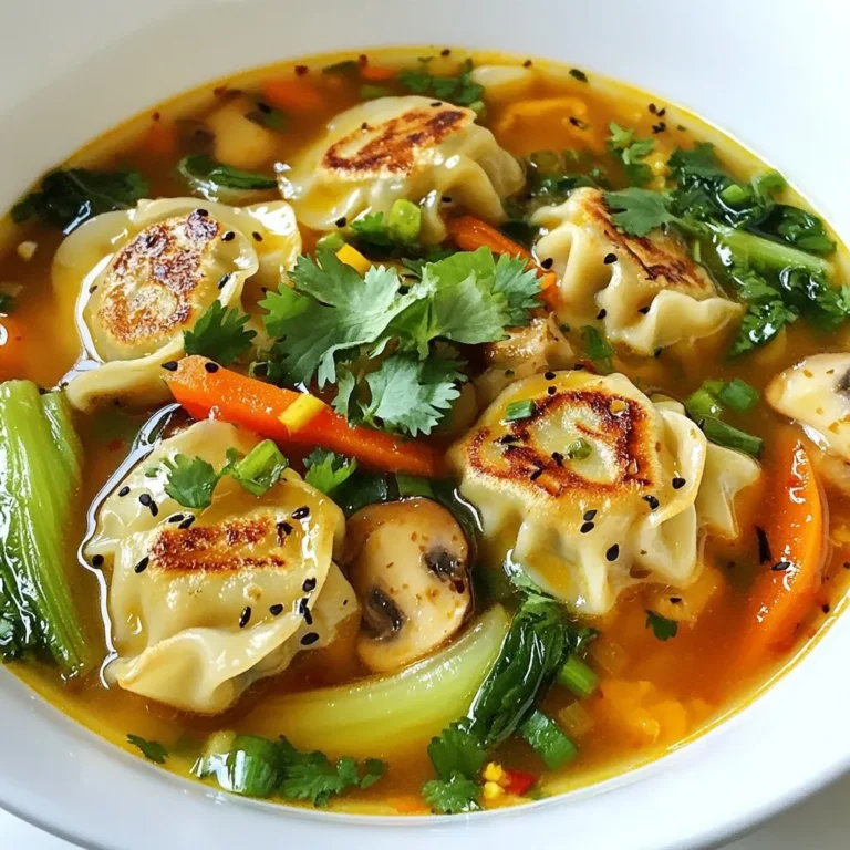 To make a delicious potsticker soup, you need a set of simple ingredients. This soup is cozy and easy to prepare. Here’s what you’ll need: - 20 frozen potstickers (choose between chicken or vegetable) - 6 cups chicken or vegetable broth - 1 tablespoon sesame oil - 2 cloves garlic, finely minced - 1 inch piece of fresh ginger, grated - 2 green onions, chopped (with the whites and greens separated) - 2 cups fresh bok choy, chopped into bite-sized pieces - 1 cup mushrooms, thinly sliced - 1 medium carrot, julienned - 2 tablespoons soy sauce - 1 tablespoon rice vinegar - 1 teaspoon chili paste (optional, for spice) - Salt and pepper, to taste - Fresh cilantro, chopped, for garnish Each ingredient adds its own flavor. The potstickers give the soup heartiness. The broth serves as a warm base, while the garlic and ginger add depth. Bok choy and mushrooms bring freshness and texture. You can adjust spice with chili paste, too! Gather these ingredients before you start. It makes cooking smooth and fun. Enjoy the process of creating this comforting dish! {{ingredient_image_2}} Start by heating 1 tablespoon of sesame oil in a large pot over medium heat. When the oil shimmers, add 2 cloves of finely minced garlic and 1 inch of grated fresh ginger. Sauté for about 1 minute. The smell will make your kitchen feel warm and inviting. Next, add the white parts of 2 chopped green onions. Sauté these for 2 more minutes. This step builds a rich base that adds depth to your soup. Pour in 6 cups of chicken or vegetable broth. Bring this mixture to a gentle simmer. Once the broth is simmering, it’s time to add 20 frozen potstickers. Make sure they are submerged in the broth. Cook them according to the package instructions, which usually takes about 5 to 7 minutes. With 3 minutes left for the potstickers, add 2 cups of chopped bok choy, 1 cup of thinly sliced mushrooms, and 1 medium julienned carrot. Gently stir to mix everything well. This keeps the vegetables crisp and bright. Season the soup with 2 tablespoons of soy sauce, 1 tablespoon of rice vinegar, and 1 teaspoon of optional chili paste for some heat. Taste your soup and adjust with salt and pepper as needed. Let the soup heat through until the veggies are tender but still colorful. Once it's ready, remove the pot from the heat. Serve the potsticker soup hot in bowls. Garnish with the green parts of the chopped green onions and a sprinkle of fresh cilantro. This adds a fresh touch to your dish. Enjoy! To cook potstickers, follow these simple tips: - Use a large pot for even cooking. - Heat sesame oil until it shimmers before adding garlic. - Avoid overcrowding; cook in batches if needed. - Keep the potstickers submerged in broth for even heat. - Stir gently to avoid breaking them. These steps ensure your potstickers stay intact and cook perfectly. To boost the flavor of your potsticker soup: - Sauté fresh garlic and ginger first for a rich aroma. - Use high-quality broth for a deep, savory base. - Add soy sauce and rice vinegar to balance flavors. - Fresh herbs like cilantro and green onions brighten the dish. - Consider a dash of sesame oil at the end for extra richness. These choices create a more delicious and satisfying soup. To adjust spice levels in your soup: - Start with a small amount of chili paste. - Taste as you go; add more if you like it spicier. - For milder flavors, skip the chili paste or use less. - Add a splash of rice vinegar to tone down heat. - Pair with a side of soy sauce for those who prefer it less spicy. These tips help you tailor the spice to your taste. Pro Tips Use Fresh Ingredients: Whenever possible, opt for fresh vegetables rather than frozen ones to enhance the flavor and texture of your soup. Customize Your Broth: Experiment with different broths like miso or bone broth for a richer flavor profile. Add More Spice: If you love heat, increase the amount of chili paste or add sliced fresh chili peppers for an extra kick. Make It Heartier: For a more filling dish, consider adding noodles or tofu to the soup along with the vegetables. {{image_4}} You can easily make this soup meat-free. Use vegetable potstickers instead of chicken. Choose a rich vegetable broth for the base. Add more veggies like bell peppers or zucchini. Tofu can also boost protein. This will keep the soup hearty and filling. You can still use all the spices and seasonings to keep the flavor strong. To make this soup gluten-free, select gluten-free potstickers. Many brands offer these options. Use gluten-free soy sauce or tamari in place of regular soy sauce. Check your broth to ensure it’s gluten-free as well. The rest of the ingredients are naturally gluten-free. This way, everyone can enjoy your delicious soup! If you love heat, get creative with spice! Add more chili paste for a kick. Try adding sliced jalapeños or Thai bird chilies. Another fun option is to stir in some Sriracha right before serving. You can also mix in red pepper flakes for extra warmth. Adjust the spice to suit your taste buds, and enjoy your fiery potsticker soup! After enjoying your flavorful potsticker soup, you may have some left. To store leftovers, let the soup cool down first. Use an airtight container to keep it fresh. Place it in the fridge for up to three days. If you want to keep it longer, consider freezing. When you’re ready to enjoy your leftovers, reheating is simple. Pour the soup into a pot over medium heat. Stir it occasionally until it’s hot. You can also use the microwave. Just place the soup in a microwave-safe bowl. Heat it in 1-minute intervals, stirring in between. This will help it heat evenly. If you want to freeze the soup, do it before adding the fresh vegetables. The potstickers can freeze well. Use a freezer-safe container or bag. Leave some space for the soup to expand. It will last in the freezer for up to three months. When you’re ready to eat it, thaw it in the fridge overnight. Then, reheat and add fresh veggies before serving. This keeps the soup tasty and fresh. Yes, you can use fresh potstickers. Fresh potstickers will cook faster than frozen ones. Adjust the cooking time to about 3-5 minutes instead of 5-7 minutes. This will ensure they heat through without breaking apart. Just make sure they stay submerged in the broth for even cooking. If you can't find bok choy, try using napa cabbage or spinach. Both will add a nice green flavor and texture. You can also use kale, but remember to chop it finely, as it takes longer to cook. Each substitute brings its own unique taste, making your soup just as comforting. To make the soup vegetarian, use vegetable broth instead of chicken broth. Choose vegetable potstickers or make your own with fillings like mushrooms and cabbage. This way, you keep all the flavors while ensuring a hearty, plant-based dish. This article covered how to make a tasty potsticker soup. We looked at simple ingredients, like broth, vegetables, and potstickers. I shared step-by-step instructions for sautéing and cooking. You also learned tips for better flavor and various options. In conclusion, this soup is easy to make and customize. It suits any taste and is great for leftovers. Enjoy your cooking journey with these simple yet delicious recipes!