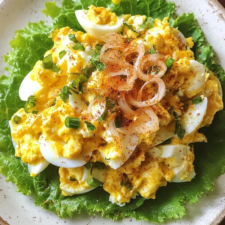 - 6 large eggs - 1/4 cup mayonnaise - 1 tablespoon Dijon mustard - 1 tablespoon apple cider vinegar - 1/2 teaspoon garlic powder - 1/2 teaspoon smoked paprika - Salt and black pepper to taste - 1/4 cup celery, finely chopped - 1/4 cup sweet pickles, finely chopped (or relish) - 1 cup crispy fried shallots (store-bought or homemade) - Fresh lettuce leaves for serving To make crispy egg salad, you need fresh ingredients. Start with large eggs. The eggs form the base of this dish. Choose mayonnaise that you enjoy. It adds creaminess to the salad. Dijon mustard gives it a nice tang. Apple cider vinegar adds a bit of zest. Garlic powder and smoked paprika bring in flavor. Don't forget salt and black pepper to taste. For crunch, add finely chopped celery and sweet pickles. Crispy fried shallots take the crunch to another level. Serve it all on fresh lettuce leaves. This combination makes a delightful and crunchy meal! {{ingredient_image_2}} To start, place the eggs gently in a large pot. Cover them with cold water. Make sure there is about an inch of water above the eggs. Turn the heat to medium-high. Bring the water to a rolling boil. Once it boils, cover the pot with a lid. Turn off the heat and let the eggs sit for 12 minutes. This method cooks them evenly. After 12 minutes, transfer the eggs to a bowl filled with ice water. This ice bath is key. It stops the cooking and makes peeling easier. Let the eggs sit for at least 10 minutes in the ice bath. This will help you peel them without hassle. Once the eggs are cool, crack the shells. Peel the eggs under running water. This helps remove the shells smoothly. Next, chop the eggs into small pieces. Place them in a large mixing bowl. Add the mayonnaise, Dijon mustard, apple cider vinegar, garlic powder, smoked paprika, and a pinch of salt and pepper. Mix well until combined. Now, gently fold in the finely chopped celery and sweet pickles. Make sure they are evenly spread throughout the egg mixture. Then, add in the crispy fried shallots. Reserve some shallots for garnish later. This adds a lovely crunch to your salad. Take a moment to taste your egg salad. Check for flavor balance. If it needs more zing, add extra salt, pepper, or mustard. Adjust until it tastes just right for you. Spoon generous amounts of the egg salad onto fresh lettuce leaves. This makes a great presentation. Finally, sprinkle the reserved crispy shallots on top. This gives each bite an irresistible crunch. Enjoy your crispy egg salad! To make a creamy egg salad, use the right mix of ingredients. Start with fresh eggs for the best flavor. When mixing, add enough mayonnaise to coat the eggs but not drown them. Dijon mustard adds a nice tang. The apple cider vinegar enhances the taste and balances the creaminess. Crispy elements play a key role too. Fried shallots add crunch and flavor. You can make them at home or buy them. Fold in the shallots gently. This keeps them crispy and brightens the overall dish. The right tools make cooking easier. Use a large pot to boil the eggs. It should fit all the eggs in a single layer. Look for a pot with a tight-fitting lid for best results. For mixing, a large bowl is best. Use a sturdy spatula to fold in ingredients. A good chopping board helps when prepping celery and pickles. Serving can make your dish shine. Use a large, shallow platter for the egg salad. This shows off the colors and textures. Garnish with smoked paprika for added flair. A sprinkle of fresh herbs can brighten the look. For fun, serve crispy shallots in a small bowl on the side. This lets everyone add their own crunch! Pro Tips Fresh Eggs are Best: Use the freshest eggs possible for the best flavor and texture in your egg salad. Customize Your Crunch: Feel free to experiment with different crunchy elements like toasted nuts or crispy bacon for added texture. Chill Before Serving: For optimal flavor, let the egg salad chill in the fridge for at least 30 minutes before serving to allow the flavors to meld. Use a Mixer for Creaminess: For a creamier texture, consider using a hand mixer to blend the egg salad ingredients together. {{image_4}} To make your egg salad stand out, try some classic twists. One option is using hard-boiled egg whites only. This gives a lighter taste and texture. You can mix these with the yolks for a nice blend. Another way to boost flavor is by adding spices. Try cayenne pepper for heat or paprika for smokiness. A little cumin can give it a warm, earthy taste. Each spice adds a new layer of fun. Want a healthier version? Swap out the mayonnaise for Greek yogurt. This change cuts calories and adds protein. Greek yogurt gives a nice creamy texture without the extra fat. You can also replace fried shallots with sautéed onions. Sautéed onions add great flavor without the crunch. This makes the dish lighter but still tasty. Herbs can change your egg salad game. Dill and chives add freshness and a pop of flavor. Just chop them finely and mix them in with the other ingredients. Adding avocado is another great idea. It makes the salad creamier and richer. Plus, avocados are packed with healthy fats, making your dish even better. Mix it in for a smooth finish! Store your leftover crispy egg salad in an airtight container. This keeps it fresh and safe. Place it in the fridge as soon as you can. It will stay good for about three days. After that, the taste can change, and it might spoil. You can freeze egg salad, but it may change texture. If you freeze it, use a freezer-safe container. When you want to eat it, thaw it in the fridge overnight. Avoid using the microwave, as it can make the egg salad watery. Crispy egg salad is best fresh. It stays good for about three days in the fridge. Look for signs of spoilage before eating. If it smells off or looks strange, it's time to toss it. Always trust your senses for safety. To make your egg salad crispy, focus on adding crunchy elements. Use fresh celery and sweet pickles for a nice texture. The key is crispy fried shallots. They add a great crunch. You can buy them or make your own. Just sprinkle some on top before serving for extra crunch. Yes, you can use different types of eggs. Organic and free-range eggs are great options. They often have richer flavors. You can even try using quail eggs for a fun twist. Just remember to adjust cooking times for smaller eggs. Egg salad pairs well with many dishes. You can serve it on fresh lettuce leaves. It also works great in sandwiches or wraps. For something extra, try it with crispy crackers. A side of fresh veggies adds a nice touch, too. For perfect hard-boiled eggs, cook them for 12 minutes. Start with cold water and bring it to a boil. Once boiling, turn off the heat and cover the pot. This method gives you firm yolks without a green ring. Yes, but follow safety guidelines. Store leftover egg salad in the fridge right away. It should stay fresh for 3 to 4 days. Always check for bad smells or changes in color before eating. If unsure, it's best to toss it out. This egg salad recipe stands out for its flavor and crunch. We discussed the right ingredients, boiling methods, and tips for the best texture. Remember, adjusting seasonings can boost the taste. You can also explore creative variations and healthier substitutes. Store leftovers well to keep them fresh, and watch for signs of spoilage. Feel free to experiment with flavors and serve it in new ways. Enjoy making this dish your own. It’s easy and delicious!