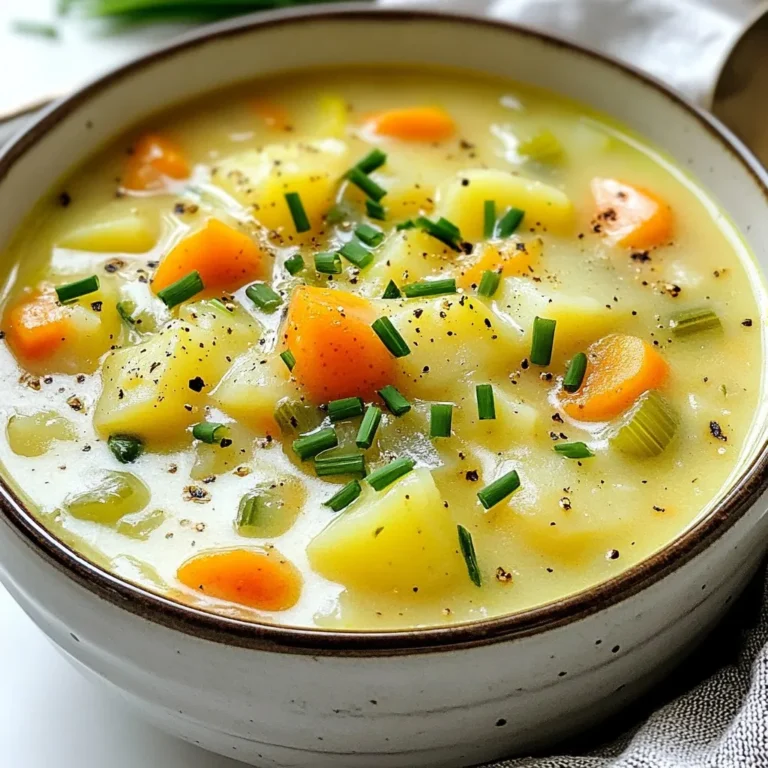 To make a creamy and comforting German potato soup, gather these simple ingredients: - 4 large potatoes, peeled and diced into 1-inch cubes - 1 medium onion, finely chopped - 2 medium carrots, diced into small pieces - 2 celery stalks, diced into small pieces - 4 cups vegetable broth - 1 cup heavy cream - 3 tablespoons olive oil - 1 teaspoon dried thyme - 1 teaspoon smoked paprika - Salt and pepper to taste - Fresh chives, finely chopped (for garnish) These ingredients create a rich and hearty soup. The potatoes serve as the base, while the onion, carrots, and celery add great flavor. The vegetable broth brings it all together, creating a warm bowl of comfort. The heavy cream makes it smooth and creamy, while thyme and smoked paprika add depth. Don't forget the fresh chives on top for a touch of color and taste! {{ingredient_image_2}} Cooking the onion Start by heating the olive oil in a large pot over medium heat. Once the oil shines, add the finely chopped onion. Sauté it for about 5 minutes. The onion should turn soft and fragrant. This step builds a lovely base for your soup. Adding carrots and celery Next, add the diced carrots and celery to the pot. Cook these veggies for another 5 minutes. Stir them occasionally. You want them to soften a little but not lose their crunch. This mix adds nice flavor and texture to your soup. Incorporating potatoes and seasoning Now it’s time to add the diced potatoes. Pour in the vegetable broth along with the dried thyme and smoked paprika. Don't forget to add a good pinch of salt and pepper. Stir everything well. Bring the mix to a rolling boil. This step makes the flavors pop. Simmering the mixture Once boiling, reduce the heat to low. Let the soup simmer uncovered for 20 to 25 minutes. You want the potatoes to get tender. You should be able to pierce them easily with a fork. This is when the soup really starts to come together. Blending the soup for desired texture After simmering, grab your immersion blender. Blend the soup until it’s smooth and creamy. If you want some chunks, blend only half. This gives a nice contrast in texture. Adding heavy cream and final seasoning Stir in the heavy cream. Taste your soup and adjust the seasoning if needed. Add more salt or pepper as you like. Gently heat the soup for another 5 minutes. This step ensures all the flavors mix well. Now, it’s ready to serve! To make your German potato soup shine, start with the seasoning. Taste the soup as it cooks. Add salt and pepper to your liking. A little smoked paprika brings warmth and depth. This spice gives the soup a rich flavor. For creaminess, stir in heavy cream slowly. This makes the soup smooth and rich. If you want it even creamier, blend some of the soup again. This adds texture and makes it feel luxurious. Garnish your soup with fresh chives. Chives add a bright, onion-like flavor. Their green color also makes the dish look pretty. Just chop them finely and sprinkle on top. Pair your soup with crusty bread. The bread soaks up the soup and adds heartiness. You can serve it warm with butter for extra taste. Enjoy the comfort of this warm meal! Pro Tips Texture Preference: If you enjoy a chunky soup, blend only half of the mixture and leave the other half intact for added texture. Herb Variations: Experiment with fresh herbs like parsley or dill for a different flavor profile that complements the potatoes beautifully. Make Ahead: This soup can be made a day in advance. Simply reheat and add the cream just before serving for optimal freshness. Garnish Ideas: Try adding crispy bacon bits or croutons as a garnish for extra crunch and flavor contrast. {{image_4}} You can easily switch up some ingredients in German potato soup. For instance, try using leeks or bell peppers. These veggies add a nice depth of flavor. Simply chop them and add them when you sauté the onion. It brings a fun twist to the classic recipe. If you want a lighter soup, you can swap out the heavy cream. Use coconut milk or cashew cream for a creamy texture without the calories. This keeps the soup rich and satisfying while being a bit healthier. Making a vegan version of German potato soup is simple. Just replace the heavy cream with a plant-based option. Use coconut milk or almond milk instead. Ensure your vegetable broth is vegan too. This way, everyone can enjoy a warm bowl. If you need a gluten-free option, check your broth. Most vegetable broths are gluten-free, but always read labels. All the other ingredients in this recipe are naturally gluten-free. Enjoy this comforting dish without worry! To store leftovers, let the soup cool down first. Pour it into an airtight container. Make sure to seal it well. Place the container in the fridge. You can keep the soup for up to 3 days. To freeze the soup, let it cool completely. Then, pour it into freezer-safe bags or containers. Leave some space at the top for expansion. The soup can last up to 3 months in the freezer. When you're ready to eat, take the soup out and thaw it in the fridge overnight. For quick thawing, you can use the microwave. Reheat it on the stove over low heat, stirring often. This keeps the soup creamy and smooth. Enjoy your delicious German Potato Soup! How do you make German Potato Soup vegan? To make German Potato Soup vegan, simply replace the heavy cream with coconut milk or cashew cream. Use vegetable broth for the base. You can skip any animal products to keep it plant-based. Can German Potato Soup be made in advance? Yes, you can make this soup in advance. It tastes even better the next day! Store it in the fridge for up to three days. Just reheat it gently before serving. What can I use instead of vegetable broth? If you don't have vegetable broth, you can use water with seasonings. You can add herbs and salt to enhance the flavor. Chicken broth is also an option if you prefer a non-vegetarian version. Can I add meat to this soup? Absolutely! Adding diced bacon or sausage can give the soup a hearty twist. Cook the meat first, then add it back into the soup before serving. How do I make my soup thicker? To thicken your soup, you can mash some of the potatoes. You can also add a cornstarch slurry. Mix cornstarch with a bit of cold water, then stir it into the soup while it cooks. This blog post detailed how to make a delicious German Potato Soup. We covered essential ingredients, preparation steps, and tips for flavor. You learned about possible ingredient swaps and dietary options, too. I hope this guide inspires you to try making this comforting soup. Explore the variations and enjoy experimenting with your own twists. Whether serving it hot with bread or chilling it for later, this soup can fit any occasion. Enjoy cooking and savor every spoonful!