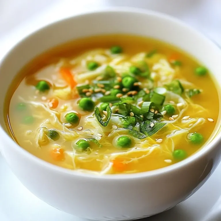 To make a tasty Minute Egg Drop Soup, gather these simple ingredients: - 4 cups low-sodium vegetable or chicken broth - 2 large eggs - 1 tablespoon cornstarch, mixed with 2 tablespoons cold water - 1 cup frozen peas and carrot mix - 1 teaspoon sesame oil - 1 tablespoon soy sauce (or tamari for gluten-free) - 1 green onion, finely sliced (for garnish) - Salt and black pepper, to taste Each serving of Minute Egg Drop Soup has about: - Calories: 120 - Protein: 6g - Carbohydrates: 10g - Fats: 6g - Fiber: 2g This soup provides a warm and light meal option, perfect for any time. When selecting ingredients, keep these tips in mind: - Broth: Choose low-sodium options to control salt intake. Homemade broth is best, but store-bought works too. - Eggs: Use fresh, high-quality eggs for rich flavor and smooth texture. - Vegetables: Pick vibrant frozen peas and carrots. They should be bright and not clumped together. - Soy Sauce: Opt for low-sodium soy sauce if you want less salt. Tamari is a great choice for gluten-free diets. - Garnish: Fresh green onions add a crisp flavor. Choose firm and bright green onions for the best taste. These simple tips will help you create a better soup experience. Enjoy cooking! {{ingredient_image_2}} Start by pouring 4 cups of low-sodium vegetable or chicken broth into a large saucepan. Set the heat to medium. Bring the broth to a gentle boil. Stir it often so nothing sticks to the bottom. Once it boils, toss in 1 cup of frozen peas and carrot mix. Let them cook for about 2 minutes. You want them to be bright and warm. This step adds color and flavor to your soup. Next, take 1 tablespoon of cornstarch and mix it with 2 tablespoons of cold water in a small bowl. Stir until it is smooth. This is your cornstarch slurry. Once the peas and carrots are ready, lower the heat. Gradually pour the slurry into the broth while stirring. This will thicken your soup just enough. Make sure to keep stirring to avoid lumps. In a separate bowl, crack 2 large eggs and beat them well. While stirring the soup, slowly drizzle the beaten eggs into the broth. Pour them in a thin stream for the best results. This method will create delicate egg ribbons. After the eggs are in, stir in 1 teaspoon of sesame oil and 1 tablespoon of soy sauce. Adjust the taste with salt and black pepper as you like. Let the soup sit for a minute to blend the flavors. Serve it warm with a sprinkle of sliced green onions on top. Enjoy your quick and tasty Minute Egg Drop Soup! To make lovely egg ribbons, beat the eggs well in a bowl. When the broth boils, lower the heat to a simmer. While you stir the soup, slowly drizzle the eggs in a thin stream. This helps the eggs cook evenly. Keep stirring gently to create those beautiful, silky ribbons. Timing is key here, so don’t rush. You can enhance the flavor of your soup easily. Add a splash of rice vinegar for a tangy kick. A few drops of chili oil can add some heat. Fresh ginger or garlic can bring warmth and depth. You might also try adding a dash of white pepper for a subtle spice. Experiment with fresh herbs, like cilantro or basil, for more aroma. Avoid these common mistakes to ensure your soup shines. First, don’t add the eggs too quickly. This can lead to clumps instead of ribbons. Second, stir the soup gently after adding the cornstarch slurry. Too much stirring can break the ribbons apart. Lastly, don't skip the resting time after cooking. Letting the soup sit lets flavors blend well for a tastier finish. Pro Tips Use Fresh Ingredients: For the best flavor, opt for fresh vegetables whenever possible. Fresh peas and carrots will enhance the soup's taste and texture. Perfect Egg Ribbons: To achieve delicate egg ribbons, ensure you stir the soup continuously while drizzling in the beaten eggs. This will help create those beautiful strands. Customize Your Broth: Feel free to experiment with different broths, such as mushroom or beef broth, to give your soup a unique flavor profile. Garnish for Style: A sprinkle of fresh herbs, like cilantro or parsley, can elevate the presentation and add a burst of freshness to your soup. {{image_4}} To make this soup vegan, swap out the eggs and broth. Use silken tofu instead of eggs. Soft tofu gives a nice texture. For broth, use vegetable broth or miso broth. Both options add great flavor. You can also add nutritional yeast for a cheesy taste. Want to boost your soup? Add cooked chicken or shrimp for extra protein. Just stir them in after the vegetables. For more veggies, try adding spinach or bok choy. They cook quickly and add color. You can also add mushrooms for an earthy flavor. Love spice? Add sriracha or chili oil to your soup. Just a little goes a long way. You can also toss in red pepper flakes for heat. For a unique twist, add fresh ginger. It gives a warm, spicy kick. Adjust the spice to fit your taste. To store leftover egg drop soup, let it cool first. Pour the soup into an airtight container. Make sure to seal it tightly. Place it in the fridge. Consume within three days for the best taste. When you are ready to eat, pour the soup into a pot. Heat it on low. Stir the soup gently as it warms up. This helps keep the egg ribbons intact. You can also use a microwave. Heat in short intervals, stirring in between. You can freeze egg drop soup, but the texture may change. Pour cooled soup into freezer-safe containers. Leave space at the top for expansion. It can stay in the freezer for up to three months. Thaw the soup in the fridge overnight before reheating. Yes, you can make this soup without broth. Use water instead. It will be lighter. The flavor will change, so add extra seasonings. Consider using miso paste or spices for more taste. Minute Egg Drop Soup lasts about 3 to 4 days in the fridge. Store it in a sealed container. The soup may thicken as it cools. Add a little water or broth when reheating for best results. Egg Drop Soup pairs well with many dishes. Try serving it with fried rice or spring rolls. You can also enjoy it with a fresh salad or dumplings. These sides will make your meal complete and satisfying. In this post, we covered how to make Minute Egg Drop Soup. We started with essential ingredients and their nutritional benefits. You learned step-by-step instructions for preparing the soup and tips for achieving perfect egg ribbons. We also explored tasty variations to suit any diet and how to store leftovers properly. In conclusion, making egg drop soup is quick and easy. With these tips, you can create a delicious meal that fits your taste. Enjoy cooking!