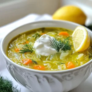To make Lemon Dill Cabbage Soup, gather these simple ingredients: - 1 medium head of green cabbage, finely chopped - 1 large onion, diced - 2 cloves garlic, minced - 3 medium carrots, peeled and chopped into small pieces - 2 medium potatoes, peeled and diced - 6 cups vegetable broth (homemade or store-bought) - 1 large lemon (zest and juice) - 1 tablespoon fresh dill, finely chopped (or 1 teaspoon dried dill) - 2 tablespoons olive oil - Salt and pepper to taste - Optional: Crème fraîche or yogurt, for serving You can easily swap some ingredients if needed: - Cabbage: Use kale or Swiss chard for a different taste. - Vegetable broth: Chicken broth works well too if you’re not vegetarian. - Carrots: Use parsnips for a sweeter flavor. - Potatoes: Swap in sweet potatoes for a touch of sweetness. - Dill: If you don’t have dill, parsley or thyme can work in a pinch. Fresh dill gives a bright flavor that really shines in the soup. It adds a fresh, grassy note. Use about 1 tablespoon of fresh dill. If you only have dried dill, that works too! Use 1 teaspoon of dried dill. Dried herbs are more concentrated, so you need less. Keep in mind, fresh dill will enhance your soup's taste more than dried. If you can, choose fresh for best results! {{ingredient_image_2}} To make this soup, I start by heating olive oil in a large pot. Once it’s hot, I add diced onions. I sauté the onions until they are soft and fragrant. This takes about five minutes. Next, I add minced garlic and cook for one more minute. Then, I mix in chopped carrots and diced potatoes. I sauté these for five minutes, stirring often. After that, I add finely chopped cabbage. I cook the cabbage until it starts to wilt, about three to four minutes. Next, I pour in vegetable broth. I increase the heat until the soup boils. Once it boils, I lower the heat and cover the pot. I let it simmer for 25 to 30 minutes. This allows the veggies to get tender. Finally, I add lemon juice, lemon zest, and chopped dill. I stir well and season with salt and pepper. After five more minutes, the soup is ready to enjoy. - Sautéing Onions: Make sure the oil is hot. This helps the onions cook evenly. - Adding Garlic: Stir quickly to avoid browning. Burnt garlic tastes bitter. - Chopping Vegetables: Cut all veggies into small, even pieces. This helps them cook at the same time. - Cabbage Addition: Mix well with other veggies. This helps it wilt faster. - Simmering: Keep the pot covered. This helps the flavors blend well. - Not Heating Oil Enough: If the oil is not hot, onions won’t cook well. - Overcooking Garlic: Watch the time to keep garlic fresh and not burnt. - Skipping the Broth: The broth is key for flavor. Don’t forget it! - Not Seasoning: Taste the soup before serving. Don’t skip salt and pepper. - Rushing the Simmer: Give it time to fully cook. It makes all the difference. To boost the taste of your Lemon Dill Cabbage Soup, try these simple tips: - Use fresh ingredients. Fresh veggies add more flavor than canned ones. - Add a pinch of red pepper flakes for a little heat. This can wake up the soup. - Stir in a splash of white wine. It adds depth and a nice tang. - For a richer flavor, roast the vegetables before adding them to the soup. This brings out their natural sweetness. You can serve this soup in fun ways: - Pair it with crusty bread for a hearty meal. A warm, fresh loaf can soak up the soup nicely. - Top it with crispy bacon bits for added crunch and saltiness. This can give your soup an extra layer of flavor. - Serve it chilled in summer. This refreshing take makes it a great dish for hot days. This recipe is easy to tweak for different diets: - For a vegan version, skip the crème fraîche or yogurt. Use a plant-based option instead. - If you need gluten-free, just check the broth label. Most vegetable broths are gluten-free, but not all. - For low-sodium needs, use low-sodium vegetable broth. This keeps the soup tasty without too much salt. These tips will help you create a delicious Lemon Dill Cabbage Soup that suits your taste and needs! Pro Tips Use Fresh Ingredients: Whenever possible, opt for fresh vegetables and herbs. They will enhance the flavor of your soup significantly. Adjust Lemon to Taste: The acidity of lemon can vary, so start with less juice and zest, then adjust according to your preference. Make it Creamy: For a richer soup, blend a portion of the soup and stir it back in. This adds creaminess without needing extra dairy. Storage Tips: This soup can be stored in the refrigerator for up to 4 days. Reheat gently, adding a splash of water if needed to maintain consistency. {{image_4}} You can make Lemon Dill Cabbage Soup even better. Try adding: - 1 cup of cooked quinoa for protein. - A handful of spinach or kale for greens. - A can of white beans for fiber. - Chopped bell peppers for sweetness and crunch. These add-ins boost nutrition and keep the soup tasty. You can mix and match what you like. This soup is already vegan and vegetarian friendly. To keep it that way, use vegetable broth and skip any meat. You can add more veggies like zucchini or mushrooms for variety. If you want a creamy texture, try using coconut milk instead of dairy. It makes the soup rich and smooth. You can cook this soup in many ways. Here’s how: Instant Pot: 1. Use the sauté function to cook the onions and garlic. 2. Add all other ingredients and seal the lid. 3. Cook on high pressure for 10 minutes, then release the steam. Slow Cooker: 1. Add all ingredients to the slow cooker. 2. Cook on low for 6 to 8 hours or high for 3 to 4 hours. Both methods make it easy to enjoy this soup without standing by the stove. Each method brings out great flavors. To store leftover soup, let it cool first. Once cool, pour it into an airtight container. Make sure to seal it tightly. This keeps the soup fresh and tasty. You can keep it in the fridge for up to three days. If you want to freeze the soup, use freezer-safe containers. Leave some space at the top for expansion. It’s best to freeze the soup in single servings. To reheat, thaw it in the fridge overnight. Heat it in a pot on low. Stir often until it's hot. You can also use a microwave for quick reheating. Lemon dill cabbage soup can last in the fridge for up to three days. If you freeze it, expect it to stay good for about three months. After that, the taste may fade. Always check for off smells or changes in color before eating leftovers. These signs mean it's time to toss the soup. You can serve this soup with many sides. A fresh salad pairs well. A slice of crusty bread adds a nice touch. You can also serve it with grilled cheese for a cozy meal. For a bit of richness, top the soup with a dollop of crème fraîche or yogurt. Each of these choices adds flavor and texture to your meal. Yes, you can use different vegetables in this soup. Try adding spinach, kale, or bell peppers for extra color and nutrition. Zucchini or green beans work well too. Just keep in mind that cooking times may vary. Make sure all veggies are tender before serving. This makes the soup even more versatile and fun to make. Lemon Dill Cabbage Soup is quite healthy. It is low in calories and packed with vitamins. Cabbage and carrots provide fiber, which is great for digestion. The lemon adds a boost of vitamin C. Using vegetable broth keeps it plant-based and light. With the right toppings, this soup can be both nutritious and tasty. Enjoy it guilt-free! In this blog post, we explored the key ingredients for Lemon Dill Cabbage Soup. You learned about substitutions, the choice between fresh and dried dill, and the cooking process. We also shared tips to enhance flavor and offered different variations for dietary needs. Storing leftovers and reheating methods were covered, along with answers to common questions. This soup is easy to make and full of flavor. With these guidelines, you'll enjoy making it for yourself or others. Dive in and let your kitchen creativity shine!