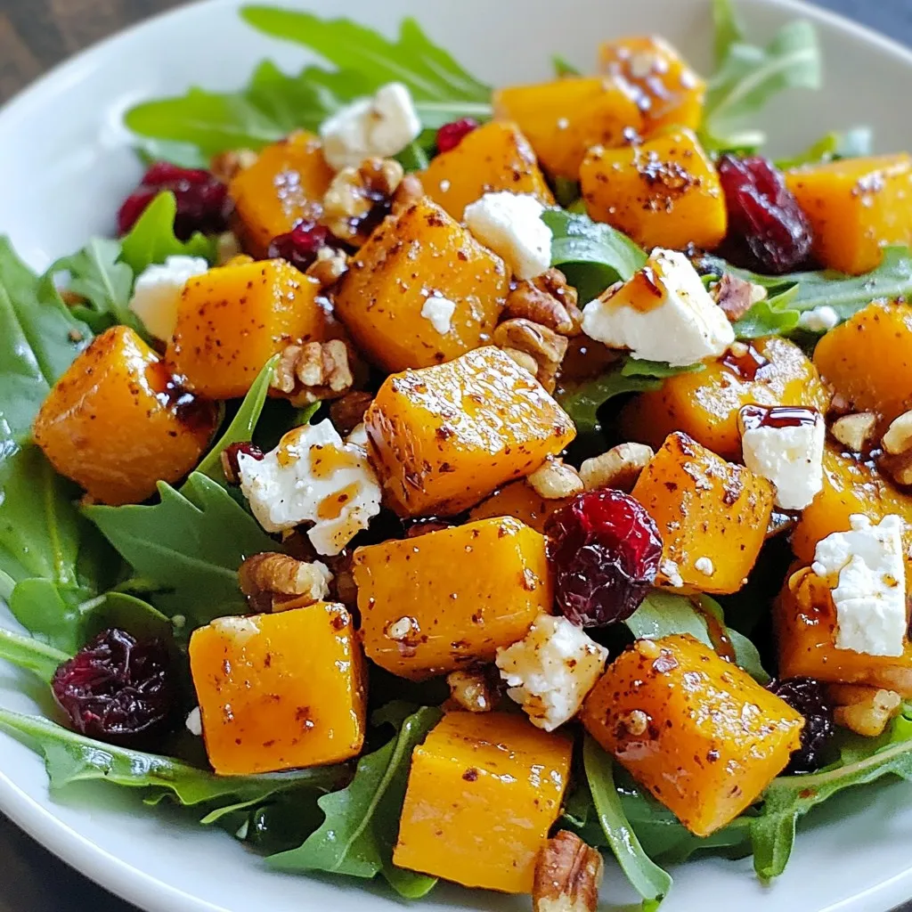 - 2 cups butternut squash, peeled and diced into bite-sized cubes - 4 cups mixed greens (a blend of arugula and baby spinach is great) - 1/2 cup feta cheese, crumbled (use a tangy, good quality feta) - 1/4 cup dried cranberries (choose sweetened or unsweetened as you like) - 1/4 cup walnuts, roughly chopped (toasting is optional but adds flavor) - 1 tablespoon extra virgin olive oil - 2 tablespoons balsamic vinegar (aged is best for more flavor) - 1 tablespoon pure maple syrup (this adds a nice touch of sweetness) This mix of fresh and tasty ingredients makes the salad bright and fun. The butternut squash brings warmth, while the feta adds creaminess. The cranberries give a hint of sweet, and walnuts provide crunch. Topping it all off with a simple dressing enhances every bite. When you gather these ingredients, think about how they complement each other. The squash and greens create a solid base, while cranberries and nuts add texture and flavor. The dressing ties everything together. Enjoy the process of making this vibrant salad! {{ingredient_image_2}} 1. Preheat your oven to 400°F (200°C). This is key for roasting the squash well. 2. In a bowl, mix the diced butternut squash with extra virgin olive oil. 3. Season the squash with salt and freshly ground black pepper. Toss it well until coated. 1. Spread the seasoned squash evenly on a baking sheet. Make sure they lay flat for even cooking. 2. Roast in the oven for 25-30 minutes. Stir halfway through for even browning. The squash should be golden and fork-tender when done. 1. In a large bowl, combine mixed greens and the roasted squash. 2. Add crumbled feta cheese, dried cranberries, and roughly chopped walnuts. 3. Drizzle the dressing made from balsamic vinegar and maple syrup over the salad. 4. Gently toss everything together. Be careful not to break the feta too much. 5. Finish with fresh thyme leaves for a lovely touch. This salad is colorful and packed with flavor. Enjoy each bite! - Oven temperature tips: Set your oven to 400°F (200°C) for roasting butternut squash. This temperature helps the squash cook evenly. - Achieving caramelization: Spread squash in a single layer on the baking sheet. Stir halfway through roasting. This gives you that nice golden-brown color and sweet flavor. - Alternative sweeteners: If you want a different taste, try honey or agave syrup instead of maple syrup. Both add sweetness and depth. - Adding herbs or spices: Fresh herbs, like basil or oregano, can add a burst of flavor. You can also sprinkle in some chili flakes for a little heat. - Layering options: For a stunning look, layer the ingredients in a glass bowl. This showcases the colors of the salad. - Garnish ideas: Use fresh thyme leaves as a lovely garnish. It adds a touch of green and enhances the aroma of the dish. Consider adding pomegranate seeds for extra color and crunch. Pro Tips Roasting Technique: For the best flavor, ensure that the butternut squash cubes are cut uniformly. This helps them cook evenly and caramelize beautifully. Feta Selection: Opt for a block of feta instead of pre-crumbled. Crumbling it yourself ensures fresher taste and better texture in your salad. Walnut Toasting: If you choose to toast the walnuts, do so in a dry skillet over medium heat for about 5 minutes, stirring frequently to prevent burning. This enhances their flavor significantly. Serving Suggestion: Serve the salad immediately after tossing to maintain the crispness of the greens and the integrity of the feta. {{image_4}} You can change the cheese in this salad. Try goat cheese for a tangy twist. Creamy ricotta also works well if you want something softer. For nuts, walnuts add a nice crunch, but pecans are great too. You can use sunflower seeds for a nut-free option. They add a similar texture and taste. You can add seasonal vegetables to keep it fresh. In summer, use cherry tomatoes or cucumbers for a cool bite. In winter, add roasted Brussels sprouts or beets for warmth. If you have dietary restrictions, swap the feta for a dairy-free cheese. Use a vinaigrette that is gluten-free if needed. This way, everyone can enjoy the salad. To elevate the flavor, add fruits like apples or pears. They bring sweetness and a crisp texture. Citrus like orange or lemon juice brightens the dish too. You can also introduce proteins to make it heartier. Grilled chicken adds a savory element. Chickpeas make a great plant-based option, adding protein and fiber. To store your butternut squash feta salad, keep it in the fridge. Place the salad in an airtight container. This will help keep it fresh for about 3 days. Avoid adding the dressing until you're ready to eat. This keeps the greens crisp and tasty. If you have leftover roasted squash, store it separately. This will help retain its texture. For longer storage, you can freeze the roasted butternut squash. Put it in a freezer bag or container. Make sure to remove as much air as possible. It can last for up to 3 months in the freezer. However, freezing the salad as a whole is not recommended. The greens and feta will not hold up well. When reheating the squash, use the oven or a skillet. Preheat your oven to 350°F (175°C). Spread the squash on a baking sheet. Heat for about 10-15 minutes, until warmed through. This keeps the flavor and texture intact. Avoid using the microwave, as it can make the squash mushy. If you need to reheat the whole salad, do so quickly and serve right away. Yes, you can make this salad ahead of time. Prepare the butternut squash and dressing in advance. Store the squash in an airtight container in the fridge for up to three days. Keep the dressing separate to avoid soggy greens. When ready to serve, combine everything in a bowl. This keeps the flavors fresh and the salad crisp. To make the salad vegan, swap the feta cheese with a plant-based cheese. You can use crumbled tofu or a nut-based cheese. For the dressing, replace the maple syrup with agave nectar if preferred. This way, you still get a tasty salad without animal products. This salad pairs well with many dishes. You can serve it alongside grilled chicken or a hearty soup. It also complements a simple quinoa dish or roasted vegetables. For a light meal, enjoy it with crusty bread. The flavors blend nicely, making for a satisfying dining experience. This blog covered a delicious butternut squash salad, from its tasty ingredients to easy steps. You learned how to roast squash perfectly and mix fresh greens. We explored fun tips, like dressing swaps and beautiful presentation ideas. You can also adjust this salad for different diets and seasons. With these details, you can make this dish your own. Enjoy creating this healthy salad that your family will love!