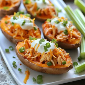 - 4 medium-sized sweet potatoes - 2 cups cooked chicken, shredded - 1/2 cup buffalo sauce - 1/2 cup plain Greek yogurt - 1/2 cup shredded sharp cheddar cheese - 1/4 cup green onions, thinly sliced - Salt and freshly ground black pepper - Olive oil - Optional garnishes: celery sticks and extra buffalo sauce These ingredients make the buffalo chicken stuffed sweet potatoes a tasty dish. The sweet potatoes are the perfect base. They add a natural sweetness that pairs well with the spicy buffalo chicken. The shredded chicken gives protein and texture. The buffalo sauce adds heat, which you can adjust to your liking. Greek yogurt adds creaminess and cools the spice. Sharp cheddar cheese melts beautifully and adds a rich flavor. Green onions give a fresh crunch that brightens the dish. Salt and pepper enhance all the flavors. Olive oil helps the sweet potatoes bake evenly and adds a nice finish. Feel free to add celery sticks as a crunchy side. Extra buffalo sauce can be a fun drizzle on top. This dish is not just a meal; it’s also a fun gathering food. Everyone loves to dig into these stuffed sweet potatoes! {{ingredient_image_2}} - Preheat your oven to 400°F (200°C). - Clean the sweet potatoes under cold water. Scrub them well, then poke holes in each one. Use a fork to poke several holes. This helps steam escape. - Place the sweet potatoes on a baking sheet. Drizzle them with olive oil and sprinkle salt over them. - Bake in the oven for 45-60 minutes. They are done when you can easily pierce them with a fork. - While the sweet potatoes bake, mix shredded chicken with buffalo sauce in a bowl. Stir until all the chicken is coated. - After baking, let the sweet potatoes cool for a few minutes. - Once cool, slice each sweet potato down the center. Don’t cut all the way through; leave a small base. - Gently scoop some flesh out of each sweet potato. Place this flesh in a bowl and mix it with the buffalo chicken. - Spoon the buffalo chicken mixture back into the sweet potato halves. Make sure to create a nice mound. - Top each stuffed potato with shredded cheddar cheese. - Put the stuffed sweet potatoes back in the oven. Bake for another 10-15 minutes until the cheese is melted and bubbly. - When done, top each potato with a dollop of Greek yogurt, sliced green onions, and more buffalo sauce if you like. To ensure even baking of sweet potatoes, start by selecting potatoes that are similar in size. This helps them cook at the same rate. Poke several holes in each potato with a fork. This allows steam to escape while they bake. Coat them lightly with olive oil and sprinkle with salt. This adds flavor and helps achieve a crispy skin. When it comes to the buffalo sauce, adjust it to your spice preference. If you like it hot, add more sauce. For a milder flavor, use less. You can also mix in some honey or brown sugar for sweetness. This balances the heat and adds depth to the dish. For presentation, arrange the stuffed sweet potatoes on a large platter. Top them with a dollop of Greek yogurt and a sprinkle of green onions. Drizzle extra buffalo sauce over the top for a pop of color. Serve with fresh celery sticks on the side. They add crunch and act as a refreshing contrast to the spicy potatoes. Consider pairing these stuffed sweet potatoes with a light salad or veggie sticks. A refreshing cucumber salad or a tangy coleslaw complements the flavors well. This balances the richness of the buffalo chicken. Enjoy your meal! Pro Tips Choose the Right Sweet Potatoes: Look for firm, smooth-skinned sweet potatoes without any blemishes. They should feel heavy for their size, indicating they are fresh and full of moisture. Customize the Heat Level: Adjust the amount of buffalo sauce based on your preferred spice level. You can mix in some honey or maple syrup to balance out the heat if desired. Perfectly Melted Cheese: To achieve the best cheese melt, broil the stuffed sweet potatoes for the last few minutes of cooking. This will give you that irresistible bubbly and lightly browned top. Make Ahead: You can prepare the buffalo chicken mixture in advance and store it in the fridge. Simply stuff the sweet potatoes and bake when you're ready to serve for a quick meal option. {{image_4}} You can mix up the protein in your stuffed sweet potatoes. Shredded chicken is great, but turkey works too. Just cook it and shred it like chicken. For a plant-based option, try using tofu. Press and cube the tofu, then cook it in buffalo sauce. It absorbs the flavors well and adds a nice texture. If you need gluten-free options, you’re in luck! Sweet potatoes are naturally gluten-free. You can also use dairy-free yogurt and cheese. Look for brands made from nuts or soy. This way, everyone can enjoy this tasty dish. Always check labels to ensure they meet your dietary needs. Want to kick up the flavor? Add bacon bits for a savory crunch. Jalapeños can also spice things up. Slice them and mix them into your buffalo chicken. You can even top the potatoes with sliced avocado for a creamy touch. Each of these extras adds a fun twist to your meal! To keep your buffalo chicken stuffed sweet potatoes fresh, store them properly. Place any leftovers in an airtight container. Refrigerate them within two hours of cooking. This helps prevent bacteria growth. These stuffed sweet potatoes last up to three days in the fridge. If you want to keep them longer, consider freezing them. When it’s time to eat your leftovers, choose the right method to reheat. The best way is to use the oven. Preheat your oven to 350°F (175°C). Place the stuffed sweet potatoes on a baking sheet. Bake for about 15-20 minutes. This helps keep the texture nice and firm. Avoid using the microwave, as it can make the sweet potatoes soggy. If you must use a microwave, cover them with a damp paper towel. This helps steam without making them too wet. Enjoy your delicious leftovers with the same great taste! Buffalo chicken stuffed sweet potatoes take about one hour to cook. You need ten minutes to prep the ingredients. Then, bake the sweet potatoes for 45 to 60 minutes. The goal is to have them tender and easy to pierce with a fork. Yes, you can make these sweet potatoes ahead of time. Bake the sweet potatoes and let them cool. You can prepare the buffalo chicken filling and store it in the fridge. When ready to serve, stuff the potatoes and bake them again with cheese. This saves you time on busy days. These stuffed sweet potatoes pair well with several sides. Fresh celery sticks add crunch. You can also serve a simple salad for balance. A cold drink, like iced tea or lemonade, complements the spicy dish nicely. To kick up the heat, you can add more buffalo sauce to the chicken. Mixing in diced jalapeños also adds a nice kick. For an extra layer of spice, sprinkle crushed red pepper flakes on top before serving. Adjusting these ingredients lets you control the spice level to fit your taste. Buffalo chicken stuffed sweet potatoes are easy to make and tasty. We covered key ingredients and clear steps for preparation. You can try different proteins and adjust spice levels to suit your taste. Store leftovers properly and reheating them right keeps them delicious. This recipe offers great flavors and fun variations. Enjoy your cooking adventure!