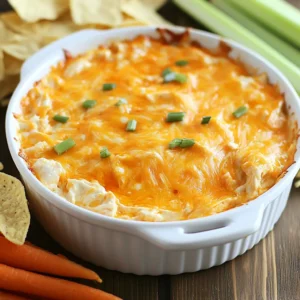 To make this easy and tasty buffalo chicken dip, you need just five simple ingredients. Here’s what you’ll gather: - 2 cups shredded cooked chicken - 1/2 cup cream cheese, softened - 1/2 cup buffalo sauce - 1 cup sharp cheddar cheese, shredded - 1/2 cup plain Greek yogurt Each ingredient plays a key role. The shredded chicken gives the dip its hearty base. Cream cheese adds smoothness. Buffalo sauce brings the heat and flavor. Sharp cheddar cheese adds a rich, cheesy taste. Lastly, Greek yogurt gives it a nice tang and creaminess. When I make this dip, I like to use rotisserie chicken for speed. It saves time and tastes great. You can adjust the buffalo sauce for more or less spice based on your taste. The sharp cheddar is a must for that cheesy goodness. This dip is not only easy to make, but it also packs a punch of flavor. You can whip it up for parties, game days, or a cozy night in. Just gather these ingredients, and you’re on your way to a delicious treat! {{ingredient_image_2}} 1. Preheat the oven Start by preheating your oven to 350°F (175°C). This step is key for getting that nice, bubbly finish. 2. Blend cream cheese and Greek yogurt In a large bowl, place 1/2 cup of softened cream cheese and 1/2 cup of plain Greek yogurt. Mix them together with a spatula or mixer. You want a smooth and creamy texture. 3. Incorporate buffalo sauce Add 1/2 cup of buffalo sauce to the cream mixture. Stir well to blend the flavors. Adjust the amount of buffalo sauce if you like it spicier. 4. Mix in shredded chicken Take 2 cups of shredded cooked chicken and add it to the bowl. Stir until all the chicken is coated in the creamy buffalo sauce. 5. Fold in cheddar cheese Next, fold in 1 cup of shredded sharp cheddar cheese. Make sure the cheese is evenly mixed in for that cheesy flavor in every bite. 6. Transfer to baking dish Carefully pour the mixture into an oven-safe baking dish. Spread it out evenly across the dish. 7. Bake until bubbly Place the dish in the oven and bake for 20-25 minutes. You’ll know it’s ready when the dip is hot, bubbly, and has a golden top. Enjoy your warm Buffalo Chicken Dip with chips or veggies! - Achieving the right creaminess To get a creamy dip, mix the cream cheese and Greek yogurt well. Use a spatula or mixer to blend until smooth. This step is key. If you want a thicker dip, add more cream cheese. For a lighter texture, use more yogurt. - Adjusting spice levels You can control the heat by changing the amount of buffalo sauce. Start with half a cup. If you like it spicy, add more sauce bit by bit. Taste it after mixing. This ensures you get the heat just right for your crowd. - Ensuring even cheese distribution When adding cheddar, fold it gently into the dip. This helps the cheese mix in well. Make sure every bite has cheese for that delicious flavor. An even mix means no bite goes cheese-less. - Serving suggestions Serve the dip warm for the best taste. Use a big platter with tortilla chips, celery sticks, or carrot sticks. This makes it fun and easy for guests to dip. - Garnishing ideas Add a sprinkle of shredded cheddar on top for color. A drizzle of buffalo sauce can also enhance the look. These small touches make your dip look fancy and inviting. - Ideal accompaniments for dipping Fresh veggies like cucumber or bell pepper work well too. They add crunch and freshness. You can also try pita chips for a tasty twist. Choose a mix of dippers for a great snack spread. Pro Tips Adjust the Spice Level: Feel free to modify the amount of buffalo sauce to suit your taste. Start with less if you're sensitive to heat, and add more until you reach your desired spice level. Use Leftover Chicken: This dip is a perfect way to use up leftover rotisserie chicken or any cooked chicken you have on hand, making it a great option for quick meal prep. Add Extra Flavor: For an extra flavor boost, consider adding diced green onions or crumbled blue cheese into the mixture before baking. Keep it Warm: If serving at a party, use a slow cooker on low heat to keep the dip warm and gooey throughout the event. {{image_4}} You can make this dip even more exciting with some fun flavors. Here are a few ideas: - Adding blue cheese: Crumble some blue cheese into the mix. This adds a strong taste that pairs well with buffalo sauce. The creamy texture balances the heat of the dip. - Incorporating veggies: Chop up some celery or bell peppers. Mixing in veggies adds crunch and freshness. It also helps cut through the rich flavors. - Different protein options: Swap the chicken for shredded turkey or even pulled pork. Each protein brings its own unique flavor to the dip. You can use what you have on hand or what you love most. If you have dietary needs, you can easily adapt this dip. Here are some ideas to make it work for you: - Making it gluten-free: All the ingredients in this dip are naturally gluten-free. Just be sure to check your buffalo sauce label. Some brands may add gluten, so look for certified gluten-free options. - High-protein alternatives: To boost protein, replace the Greek yogurt with cottage cheese. This keeps it creamy while adding more protein per serving. You can also add more chicken to increase the protein content. - Vegan adaptations: For a vegan version, use shredded jackfruit instead of chicken. Replace cream cheese and yogurt with cashew cream or a nut-based yogurt. Additionally, choose a plant-based buffalo sauce to keep it fully vegan. These variations let you customize your buffalo chicken dip to fit your taste and dietary needs. Enjoy experimenting! To keep your buffalo chicken dip fresh, store it in an airtight container. Make sure to seal it well to avoid air exposure. Place it in the fridge if you plan to use it within three days. If you want to keep it for longer, freezing is a great option. Just follow these tips: - Freezing tips: Use a freezer-safe container to prevent freezer burn. You can also wrap it tightly in plastic wrap before placing it in a container. - Duration: The dip can last up to three months in the freezer. When ready to enjoy, thaw it overnight in the fridge. When reheating, you want to keep that tasty flavor and creamy texture. Here’s how to do it right: - How to reheat without losing flavor: The best method is to reheat in the oven. Preheat your oven to 350°F (175°C), then place the dip in a baking dish. Cover it with aluminum foil to keep moisture in. Bake for about 15-20 minutes. - Recommended reheating methods: You can also use the microwave. Just heat it in short bursts of 30 seconds, stirring in between, until it's hot. However, the oven gives you that nice, gooey texture. Yes, you can make this dip ahead of time. Mix all ingredients, then store it in the fridge. When ready, just bake it for 20-25 minutes. Buffalo chicken dip pairs well with: - Tortilla chips - Celery sticks - Carrot sticks - Pita bread You can also serve it with crackers for a fun crunch. Leftovers will last about 3-4 days in the fridge. Store it in an airtight container to keep it fresh. Yes, using rotisserie chicken is a great idea! It saves time and adds flavor. Just shred the chicken and mix it in. You can definitely use a slow cooker! Just combine all the ingredients and cook on low for 2-3 hours. Stir occasionally for even heat. This blog post has guided you on making a tasty buffalo chicken dip. We covered the key ingredients, simple steps, helpful tips, tasty variations, and smart storage ideas. You now have all you need to create a delicious dish. Enjoy making it for your next gathering or snack! Trust your cooking skills, and have fun sharing this dip with friends and family. Your kitchen will be filled with great flavors and smiles!