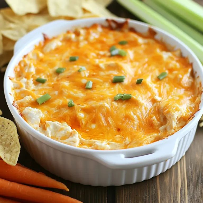To make this easy and tasty buffalo chicken dip, you need just five simple ingredients. Here’s what you’ll gather: - 2 cups shredded cooked chicken - 1/2 cup cream cheese, softened - 1/2 cup buffalo sauce - 1 cup sharp cheddar cheese, shredded - 1/2 cup plain Greek yogurt Each ingredient plays a key role. The shredded chicken gives the dip its hearty base. Cream cheese adds smoothness. Buffalo sauce brings the heat and flavor. Sharp cheddar cheese adds a rich, cheesy taste. Lastly, Greek yogurt gives it a nice tang and creaminess. When I make this dip, I like to use rotisserie chicken for speed. It saves time and tastes great. You can adjust the buffalo sauce for more or less spice based on your taste. The sharp cheddar is a must for that cheesy goodness. This dip is not only easy to make, but it also packs a punch of flavor. You can whip it up for parties, game days, or a cozy night in. Just gather these ingredients, and you’re on your way to a delicious treat! {{ingredient_image_2}} 1. Preheat the oven Start by preheating your oven to 350°F (175°C). This step is key for getting that nice, bubbly finish. 2. Blend cream cheese and Greek yogurt In a large bowl, place 1/2 cup of softened cream cheese and 1/2 cup of plain Greek yogurt. Mix them together with a spatula or mixer. You want a smooth and creamy texture. 3. Incorporate buffalo sauce Add 1/2 cup of buffalo sauce to the cream mixture. Stir well to blend the flavors. Adjust the amount of buffalo sauce if you like it spicier. 4. Mix in shredded chicken Take 2 cups of shredded cooked chicken and add it to the bowl. Stir until all the chicken is coated in the creamy buffalo sauce. 5. Fold in cheddar cheese Next, fold in 1 cup of shredded sharp cheddar cheese. Make sure the cheese is evenly mixed in for that cheesy flavor in every bite. 6. Transfer to baking dish Carefully pour the mixture into an oven-safe baking dish. Spread it out evenly across the dish. 7. Bake until bubbly Place the dish in the oven and bake for 20-25 minutes. You’ll know it’s ready when the dip is hot, bubbly, and has a golden top. Enjoy your warm Buffalo Chicken Dip with chips or veggies! - Achieving the right creaminess To get a creamy dip, mix the cream cheese and Greek yogurt well. Use a spatula or mixer to blend until smooth. This step is key. If you want a thicker dip, add more cream cheese. For a lighter texture, use more yogurt. - Adjusting spice levels You can control the heat by changing the amount of buffalo sauce. Start with half a cup. If you like it spicy, add more sauce bit by bit. Taste it after mixing. This ensures you get the heat just right for your crowd. - Ensuring even cheese distribution When adding cheddar, fold it gently into the dip. This helps the cheese mix in well. Make sure every bite has cheese for that delicious flavor. An even mix means no bite goes cheese-less. - Serving suggestions Serve the dip warm for the best taste. Use a big platter with tortilla chips, celery sticks, or carrot sticks. This makes it fun and easy for guests to dip. - Garnishing ideas Add a sprinkle of shredded cheddar on top for color. A drizzle of buffalo sauce can also enhance the look. These small touches make your dip look fancy and inviting. - Ideal accompaniments for dipping Fresh veggies like cucumber or bell pepper work well too. They add crunch and freshness. You can also try pita chips for a tasty twist. Choose a mix of dippers for a great snack spread. Pro Tips Adjust the Spice Level: Feel free to modify the amount of buffalo sauce to suit your taste. Start with less if you're sensitive to heat, and add more until you reach your desired spice level. Use Leftover Chicken: This dip is a perfect way to use up leftover rotisserie chicken or any cooked chicken you have on hand, making it a great option for quick meal prep. Add Extra Flavor: For an extra flavor boost, consider adding diced green onions or crumbled blue cheese into the mixture before baking. Keep it Warm: If serving at a party, use a slow cooker on low heat to keep the dip warm and gooey throughout the event. {{image_4}} You can make this dip even more exciting with some fun flavors. Here are a few ideas: - Adding blue cheese: Crumble some blue cheese into the mix. This adds a strong taste that pairs well with buffalo sauce. The creamy texture balances the heat of the dip. - Incorporating veggies: Chop up some celery or bell peppers. Mixing in veggies adds crunch and freshness. It also helps cut through the rich flavors. - Different protein options: Swap the chicken for shredded turkey or even pulled pork. Each protein brings its own unique flavor to the dip. You can use what you have on hand or what you love most. If you have dietary needs, you can easily adapt this dip. Here are some ideas to make it work for you: - Making it gluten-free: All the ingredients in this dip are naturally gluten-free. Just be sure to check your buffalo sauce label. Some brands may add gluten, so look for certified gluten-free options. - High-protein alternatives: To boost protein, replace the Greek yogurt with cottage cheese. This keeps it creamy while adding more protein per serving. You can also add more chicken to increase the protein content. - Vegan adaptations: For a vegan version, use shredded jackfruit instead of chicken. Replace cream cheese and yogurt with cashew cream or a nut-based yogurt. Additionally, choose a plant-based buffalo sauce to keep it fully vegan. These variations let you customize your buffalo chicken dip to fit your taste and dietary needs. Enjoy experimenting! To keep your buffalo chicken dip fresh, store it in an airtight container. Make sure to seal it well to avoid air exposure. Place it in the fridge if you plan to use it within three days. If you want to keep it for longer, freezing is a great option. Just follow these tips: - Freezing tips: Use a freezer-safe container to prevent freezer burn. You can also wrap it tightly in plastic wrap before placing it in a container. - Duration: The dip can last up to three months in the freezer. When ready to enjoy, thaw it overnight in the fridge. When reheating, you want to keep that tasty flavor and creamy texture. Here’s how to do it right: - How to reheat without losing flavor: The best method is to reheat in the oven. Preheat your oven to 350°F (175°C), then place the dip in a baking dish. Cover it with aluminum foil to keep moisture in. Bake for about 15-20 minutes. - Recommended reheating methods: You can also use the microwave. Just heat it in short bursts of 30 seconds, stirring in between, until it's hot. However, the oven gives you that nice, gooey texture. Yes, you can make this dip ahead of time. Mix all ingredients, then store it in the fridge. When ready, just bake it for 20-25 minutes. Buffalo chicken dip pairs well with: - Tortilla chips - Celery sticks - Carrot sticks - Pita bread You can also serve it with crackers for a fun crunch. Leftovers will last about 3-4 days in the fridge. Store it in an airtight container to keep it fresh. Yes, using rotisserie chicken is a great idea! It saves time and adds flavor. Just shred the chicken and mix it in. You can definitely use a slow cooker! Just combine all the ingredients and cook on low for 2-3 hours. Stir occasionally for even heat. This blog post has guided you on making a tasty buffalo chicken dip. We covered the key ingredients, simple steps, helpful tips, tasty variations, and smart storage ideas. You now have all you need to create a delicious dish. Enjoy making it for your next gathering or snack! Trust your cooking skills, and have fun sharing this dip with friends and family. Your kitchen will be filled with great flavors and smiles!