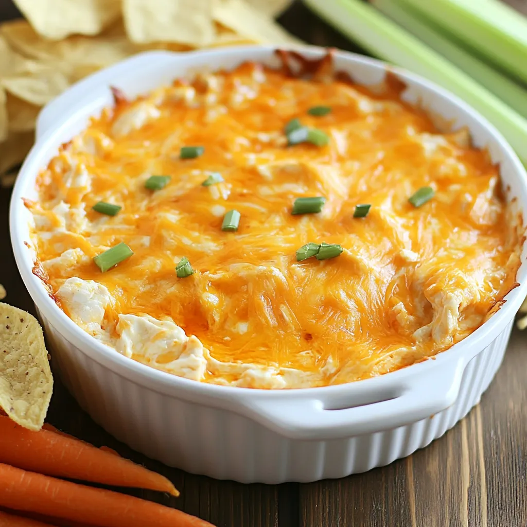 To make this easy and tasty buffalo chicken dip, you need just five simple ingredients. Here’s what you’ll gather: - 2 cups shredded cooked chicken - 1/2 cup cream cheese, softened - 1/2 cup buffalo sauce - 1 cup sharp cheddar cheese, shredded - 1/2 cup plain Greek yogurt Each ingredient plays a key role. The shredded chicken gives the dip its hearty base. Cream cheese adds smoothness. Buffalo sauce brings the heat and flavor. Sharp cheddar cheese adds a rich, cheesy taste. Lastly, Greek yogurt gives it a nice tang and creaminess. When I make this dip, I like to use rotisserie chicken for speed. It saves time and tastes great. You can adjust the buffalo sauce for more or less spice based on your taste. The sharp cheddar is a must for that cheesy goodness. This dip is not only easy to make, but it also packs a punch of flavor. You can whip it up for parties, game days, or a cozy night in. Just gather these ingredients, and you’re on your way to a delicious treat! {{ingredient_image_2}} 1. Preheat the oven Start by preheating your oven to 350°F (175°C). This step is key for getting that nice, bubbly finish. 2. Blend cream cheese and Greek yogurt In a large bowl, place 1/2 cup of softened cream cheese and 1/2 cup of plain Greek yogurt. Mix them together with a spatula or mixer. You want a smooth and creamy texture. 3. Incorporate buffalo sauce Add 1/2 cup of buffalo sauce to the cream mixture. Stir well to blend the flavors. Adjust the amount of buffalo sauce if you like it spicier. 4. Mix in shredded chicken Take 2 cups of shredded cooked chicken and add it to the bowl. Stir until all the chicken is coated in the creamy buffalo sauce. 5. Fold in cheddar cheese Next, fold in 1 cup of shredded sharp cheddar cheese. Make sure the cheese is evenly mixed in for that cheesy flavor in every bite. 6. Transfer to baking dish Carefully pour the mixture into an oven-safe baking dish. Spread it out evenly across the dish. 7. Bake until bubbly Place the dish in the oven and bake for 20-25 minutes. You’ll know it’s ready when the dip is hot, bubbly, and has a golden top. Enjoy your warm Buffalo Chicken Dip with chips or veggies! - Achieving the right creaminess To get a creamy dip, mix the cream cheese and Greek yogurt well. Use a spatula or mixer to blend until smooth. This step is key. If you want a thicker dip, add more cream cheese. For a lighter texture, use more yogurt. - Adjusting spice levels You can control the heat by changing the amount of buffalo sauce. Start with half a cup. If you like it spicy, add more sauce bit by bit. Taste it after mixing. This ensures you get the heat just right for your crowd. - Ensuring even cheese distribution When adding cheddar, fold it gently into the dip. This helps the cheese mix in well. Make sure every bite has cheese for that delicious flavor. An even mix means no bite goes cheese-less. - Serving suggestions Serve the dip warm for the best taste. Use a big platter with tortilla chips, celery sticks, or carrot sticks. This makes it fun and easy for guests to dip. - Garnishing ideas Add a sprinkle of shredded cheddar on top for color. A drizzle of buffalo sauce can also enhance the look. These small touches make your dip look fancy and inviting. - Ideal accompaniments for dipping Fresh veggies like cucumber or bell pepper work well too. They add crunch and freshness. You can also try pita chips for a tasty twist. Choose a mix of dippers for a great snack spread. Pro Tips Adjust the Spice Level: Feel free to modify the amount of buffalo sauce to suit your taste. Start with less if you're sensitive to heat, and add more until you reach your desired spice level. Use Leftover Chicken: This dip is a perfect way to use up leftover rotisserie chicken or any cooked chicken you have on hand, making it a great option for quick meal prep. Add Extra Flavor: For an extra flavor boost, consider adding diced green onions or crumbled blue cheese into the mixture before baking. Keep it Warm: If serving at a party, use a slow cooker on low heat to keep the dip warm and gooey throughout the event. {{image_4}} You can make this dip even more exciting with some fun flavors. Here are a few ideas: - Adding blue cheese: Crumble some blue cheese into the mix. This adds a strong taste that pairs well with buffalo sauce. The creamy texture balances the heat of the dip. - Incorporating veggies: Chop up some celery or bell peppers. Mixing in veggies adds crunch and freshness. It also helps cut through the rich flavors. - Different protein options: Swap the chicken for shredded turkey or even pulled pork. Each protein brings its own unique flavor to the dip. You can use what you have on hand or what you love most. If you have dietary needs, you can easily adapt this dip. Here are some ideas to make it work for you: - Making it gluten-free: All the ingredients in this dip are naturally gluten-free. Just be sure to check your buffalo sauce label. Some brands may add gluten, so look for certified gluten-free options. - High-protein alternatives: To boost protein, replace the Greek yogurt with cottage cheese. This keeps it creamy while adding more protein per serving. You can also add more chicken to increase the protein content. - Vegan adaptations: For a vegan version, use shredded jackfruit instead of chicken. Replace cream cheese and yogurt with cashew cream or a nut-based yogurt. Additionally, choose a plant-based buffalo sauce to keep it fully vegan. These variations let you customize your buffalo chicken dip to fit your taste and dietary needs. Enjoy experimenting! To keep your buffalo chicken dip fresh, store it in an airtight container. Make sure to seal it well to avoid air exposure. Place it in the fridge if you plan to use it within three days. If you want to keep it for longer, freezing is a great option. Just follow these tips: - Freezing tips: Use a freezer-safe container to prevent freezer burn. You can also wrap it tightly in plastic wrap before placing it in a container. - Duration: The dip can last up to three months in the freezer. When ready to enjoy, thaw it overnight in the fridge. When reheating, you want to keep that tasty flavor and creamy texture. Here’s how to do it right: - How to reheat without losing flavor: The best method is to reheat in the oven. Preheat your oven to 350°F (175°C), then place the dip in a baking dish. Cover it with aluminum foil to keep moisture in. Bake for about 15-20 minutes. - Recommended reheating methods: You can also use the microwave. Just heat it in short bursts of 30 seconds, stirring in between, until it's hot. However, the oven gives you that nice, gooey texture. Yes, you can make this dip ahead of time. Mix all ingredients, then store it in the fridge. When ready, just bake it for 20-25 minutes. Buffalo chicken dip pairs well with: - Tortilla chips - Celery sticks - Carrot sticks - Pita bread You can also serve it with crackers for a fun crunch. Leftovers will last about 3-4 days in the fridge. Store it in an airtight container to keep it fresh. Yes, using rotisserie chicken is a great idea! It saves time and adds flavor. Just shred the chicken and mix it in. You can definitely use a slow cooker! Just combine all the ingredients and cook on low for 2-3 hours. Stir occasionally for even heat. This blog post has guided you on making a tasty buffalo chicken dip. We covered the key ingredients, simple steps, helpful tips, tasty variations, and smart storage ideas. You now have all you need to create a delicious dish. Enjoy making it for your next gathering or snack! Trust your cooking skills, and have fun sharing this dip with friends and family. Your kitchen will be filled with great flavors and smiles!