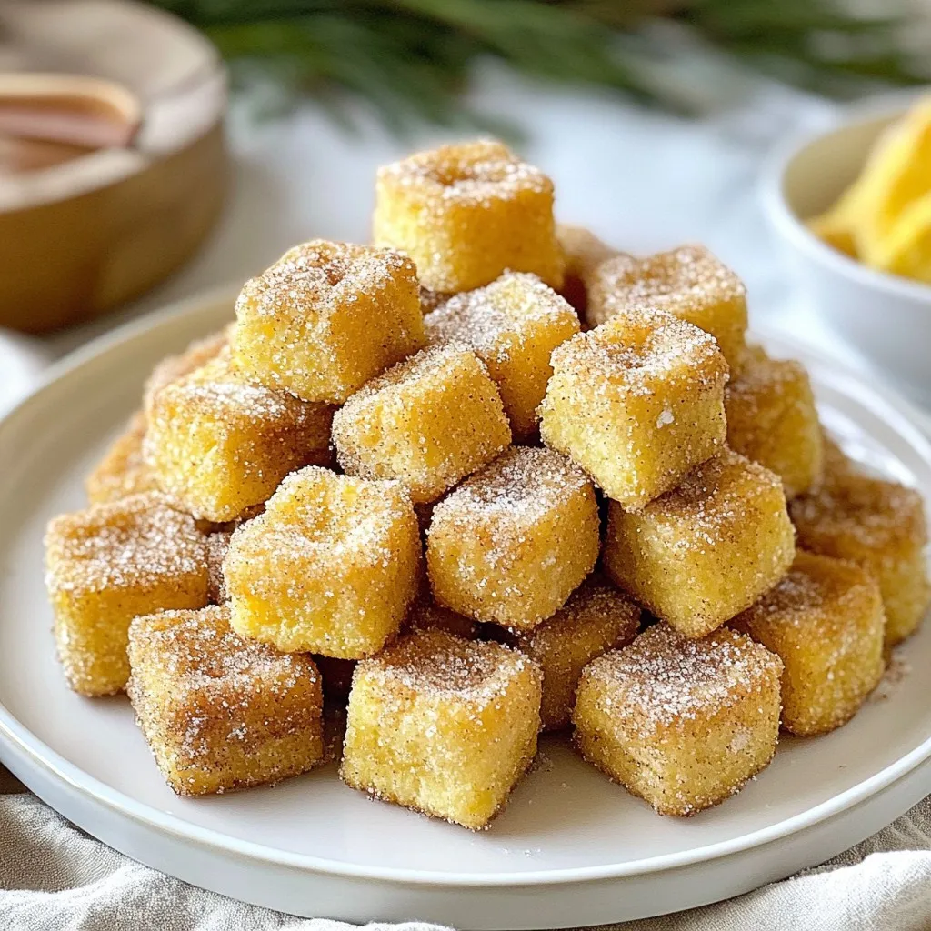 - 1 cup all-purpose flour - 2 tablespoons granulated sugar - 1 teaspoon baking powder - ½ teaspoon ground cinnamon - ½ teaspoon sea salt - 1 cup whole milk - 2 tablespoons unsalted butter, melted - 1 teaspoon vanilla extract - ¼ cup unsalted butter, melted - ½ cup granulated sugar - 1 tablespoon ground cinnamon Gathering ingredients is the first step to making baked churro bites. For the dry ingredients, you will need all-purpose flour, granulated sugar, baking powder, ground cinnamon, and sea salt. These create the base of the churro bites. Next, for the wet ingredients, you will use whole milk, melted unsalted butter, and vanilla extract. These add moisture and flavor to your dough. Finally, for the coating mixture, you will need more melted butter, granulated sugar, and ground cinnamon. This coating gives churro bites that sweet, cinnamon flavor we all love. Once you have all your ingredients ready, you can start mixing and baking. This part is where the fun really begins! {{ingredient_image_2}} - Preheat the oven to 375°F (190°C). - Line a baking sheet with parchment paper. Start by setting your oven. A hot oven makes all the difference. The parchment paper helps the churro bites come off easily later. - Combine dry ingredients in a large bowl. - Whisk together wet ingredients in a separate bowl. - Mix wet and dry ingredients until combined. In a large bowl, mix the flour, sugar, baking powder, cinnamon, and salt. Use a whisk to break up any lumps. In another bowl, blend the milk, melted butter, and vanilla. Pour this mix into the dry bowl. Stir gently until just combined. Be careful! Overmixing makes them tough. - Drop dough onto the baking sheet. - Bake for 12-15 minutes until golden brown. Use a spoon or cookie scoop to drop small balls of dough onto the baking sheet. Leave space between them to let them spread. Bake in the oven for 12 to 15 minutes. They should be golden brown and puffed up. - Prepare cinnamon-sugar coating. - Cool, coat churro bites, and serve. While the churro bites bake, mix the sugar and cinnamon in a small bowl. After baking, let the churro bites cool for about 5 minutes. Dip each warm bite in melted butter, then roll in cinnamon-sugar. Place them on a platter and serve warm for the best taste. To make your churro bites light and fluffy, avoid overmixing. When you combine wet and dry ingredients, stir gently. Just mix until the flour disappears. If you mix too much, the churro bites can become tough. Next, let’s ensure the dough is light. Use fresh ingredients, especially baking powder. This helps the churro bites rise nicely in the oven. A little care goes a long way! For the best dipping sauces, try chocolate or caramel. Both add a rich flavor that pairs well with the cinnamon-sugar coating. You can also mix honey or whipped cream for a fun twist! For a creative presentation, stack your churro bites on a plate like a tower. This looks inviting and makes them hard to resist. You could even sprinkle some extra cinnamon on top for flair! What if the dough is too wet? It can lead to flat churro bites. If this happens, add a little more flour. If it’s too dry, add a splash of milk. Cooling the churro bites is also key. If you coat them right out of the oven, the sugar won’t stick. Let them cool for about 5 minutes first. This step helps you get the best flavor and texture! Pro Tips Use Fresh Ingredients: Always opt for fresh spices and high-quality butter to enhance the flavor of your churro bites. Don't Overmix: When combining wet and dry ingredients, mix just until combined to keep the churro bites light and fluffy. Experiment with Flavors: Consider adding a pinch of nutmeg or vanilla bean to the dough for a unique twist on traditional churro flavor. Serve Immediately: For the best texture and taste, serve the churro bites warm right after coating them in cinnamon-sugar. {{image_4}} You can easily change the flavor of your churro bites. Here are some fun ideas: - Adding chocolate chips: Mix in ½ cup of chocolate chips into the dough. This adds a sweet surprise in every bite. - Using different spices: Try adding nutmeg or cardamom instead of cinnamon. These spices give a warm twist to the classic flavor. If you have special diet needs, don’t worry! You can still enjoy churro bites. - Gluten-free options: Use gluten-free flour instead of all-purpose flour. This allows everyone to enjoy these treats. - Vegan alternatives: Replace milk with almond or oat milk. Use a vegan butter substitute. This way, you can make churro bites that fit a vegan diet. Get creative with how you serve your churro bites: - Serving with fruit or ice cream: Pair churro bites with fresh fruit or a scoop of ice cream. The mix of flavors is amazing and fun! - Transforming into a dessert platter: Arrange churro bites on a colorful platter. Add dips like chocolate or caramel sauce. This makes for a great dessert for parties or gatherings. You can store baked churro bites at room temperature. Place them in an airtight container. They stay fresh for a few days this way. If you want them to last longer, keep them in a cool, dry place. For long-term storage, freezing is your best bet. Allow the churro bites to cool completely. Then, place them in a freezer-safe bag or container. They can last for up to three months in the freezer. When you’re ready to enjoy them, just reheat in the oven at 350°F (175°C) for about 10 minutes. This keeps them soft and warm. Baked churro bites can last about 3-5 days when stored properly. Keep an eye out for signs of spoilage. If they smell off or show mold, it's best to toss them. Enjoying these bites fresh will always give the best taste! Churro bites are small, bite-sized pieces of a sweet, doughy treat. They come from the classic churro, but they are baked, not fried. This makes them lighter and easier to enjoy. They have a crispy outside and a soft inside. After baking, you coat them in a mix of sugar and cinnamon. This adds flavor and sweetness, making them a perfect snack for everyone. Yes, you can make baked churro bites ahead of time. To prep, bake them and let them cool on a rack. Store them in an airtight container at room temperature. When you are ready to eat them, reheat in the oven at 350°F (175°C) for about 5 minutes. This warms them up and makes them crispy again. Baked churro bites are different from fried churros in texture and flavor. Fried churros are crunchy outside and chewy inside. Baked churro bites are light and fluffy. They do not have the same oiliness as fried ones. The flavor is still sweet and cinnamon-y but less rich. You get a delicious treat without the extra fat. You can easily customize the recipe for baked churro bites. Here are some fun ideas: - Add chocolate chips to the dough for a sweet twist. - Use nutmeg or cardamom instead of cinnamon for a new flavor. - Try adding vanilla bean paste for a richer taste. - Mix in some crushed nuts for added texture. These small changes make your churro bites unique and fun! You learned how to make delicious churro bites with easy steps and fun ideas. We covered the key ingredients, mixing and baking methods, plus tips to make them perfect. Remember, adjusting the recipe adds your personal touch. If you follow these steps, you will enjoy tasty churro bites any time. Now, go ahead and share your creations with friends and family. They will love your tasty treat!