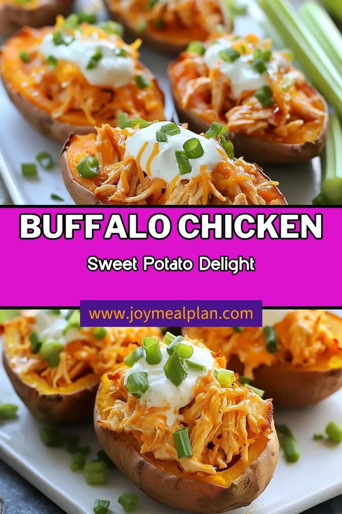Savor the deliciousness of Buffalo Chicken Stuffed Sweet Potatoes! This healthy twist on sweet potato recipes features tender sweet potatoes filled with spicy buffalo sauce chicken and topped with creamy Greek yogurt. Perfect for an easy stuffed sweet potatoes dinner, this dish will please your taste buds and keep you satisfied. Try this buffalo sauce chicken recipe today and experience a flavorful meal that's quick to make! Save for later! #BuffaloChicken #HealthyRecipes #StuffedSweetPotatoes #MealPrep