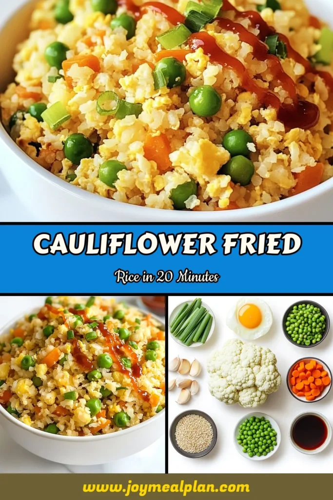 Discover a delicious and healthy alternative with this easy cauliflower fried rice recipe! Packed with flavors, this low-carb fried rice combines riced cauliflower, peas, carrots, and eggs for a satisfying vegetarian dish. Perfect for quick meals, this recipe fits seamlessly into your healthy eating plan. Try this versatile dish today and enjoy nutritious meals without compromising taste. Save this recipe now! #CauliflowerFriedRice #HealthyFriedRice #LowCarbFriedRice #EasyCauliflowerRecipes
